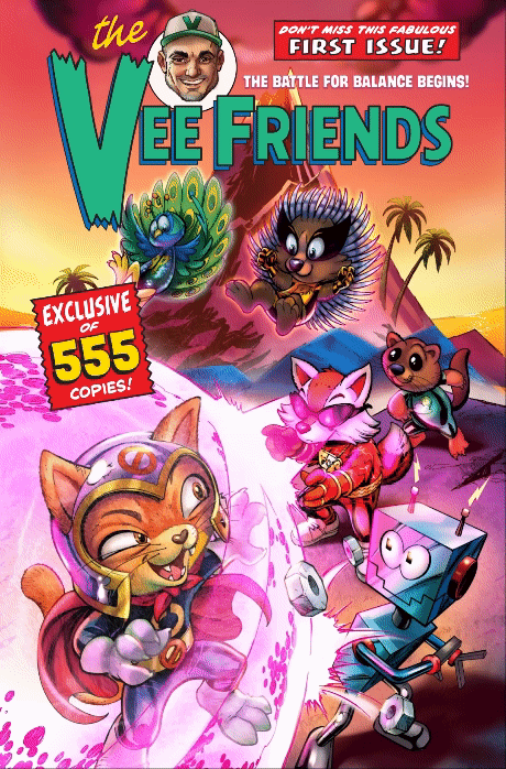 A digital rendition of the CGC-graded inaugural VeeFriends Comic Books: VeeFriends #1 "The Battle for Balance Begins" physical comic book cover.