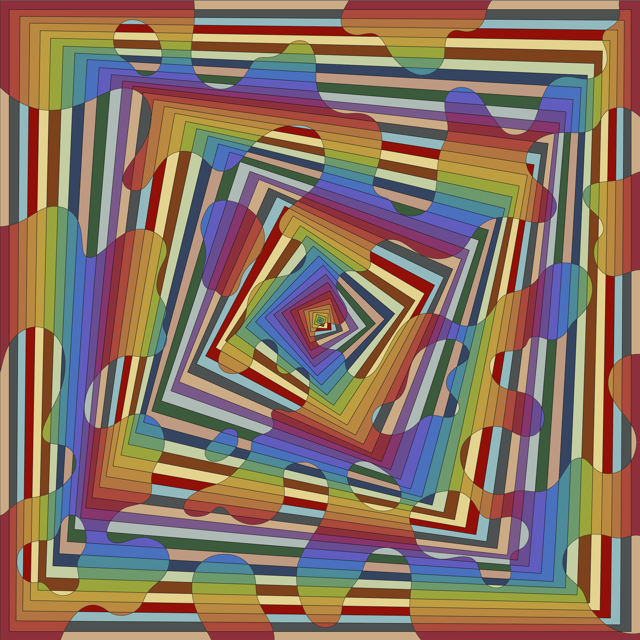 Muted Refraction is part of Remembrance of Things Future, a LACMA and Cactoid Labs initiative that engages artists working on the blockchain to reimagine the museum's encyclopedic collection. Building on the museum's ongoing experimentations with art and technology, LACMA and Cactoid Labs invited pioneering digital artists to select objects from the museum's holdings and create new digital editions inspired by a diverse selection of artworks. 
This piece is a reflection on the vibrational geometry found within the quilt, Log Cabin, Barnraising Variation, in the LACMA collection. I studied fibers in college and I have always loved the meditative quality of such a process-oriented medium having grown up around the hand-sewn quilts of my great-grandmother. I wanted to create a meditative piece that harnessed the trancelike experience of encountering these hypnotic patterns, extracting and enhancing the impact of color and line. -Jen Stark 
Edition of 100