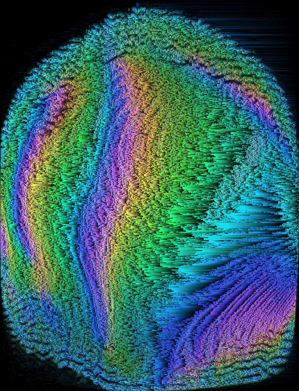 An infinitely swirling pool of iridescent pixels. Pixelsorted from original VHS camcorder glitch feedback. Single edition hi-res token by Sarah Zucker / @thesarahshow