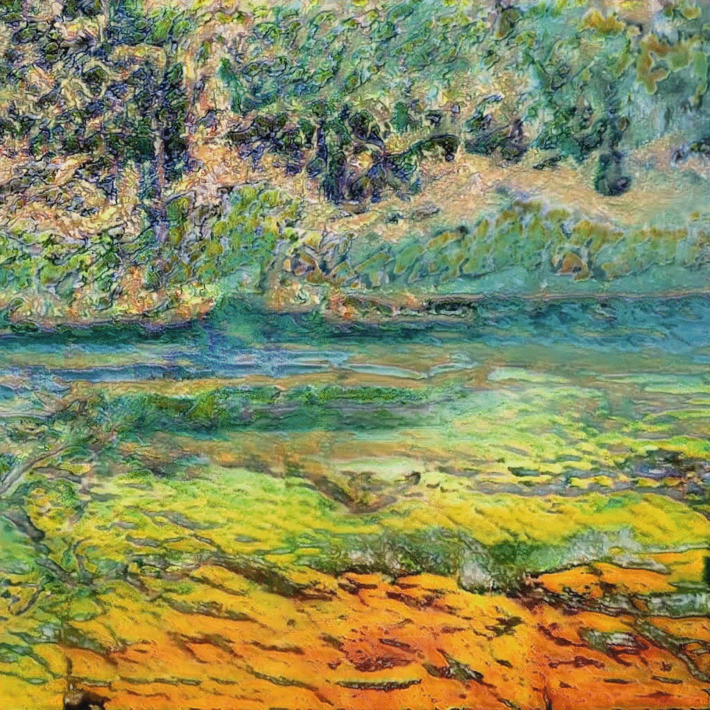 Tracing the perimeter of a high dimensional sphere through the latent space of AI generated landscape paintings.