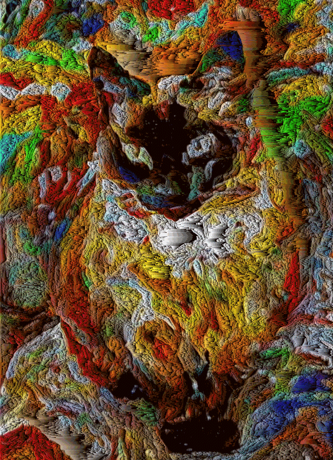 Stereoscopic portrait of my diva cat Ginny in digital decay. 3D photo turned digital painting with neural style transfer, then digitally pixelsorted. Single Edition GIF Token by Sarah Zucker.
