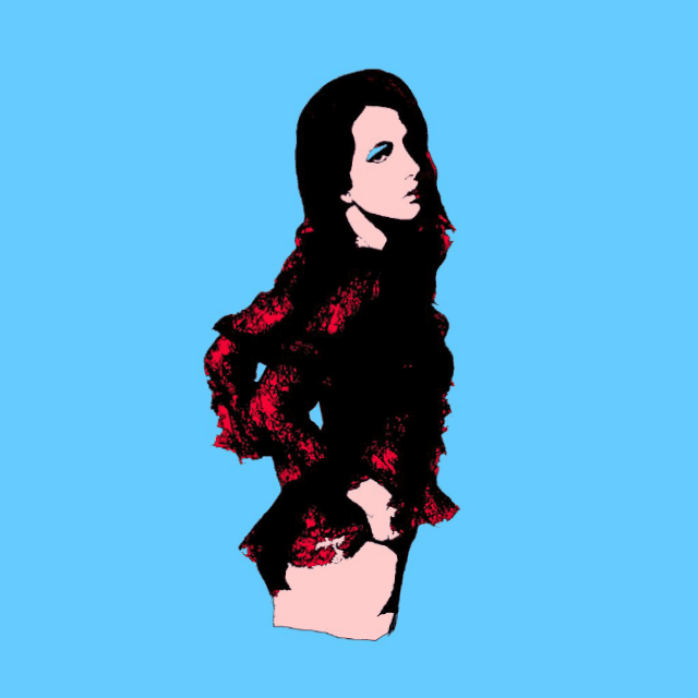 Glitching in the blue digital window, the Dancing Android dances in red and black...