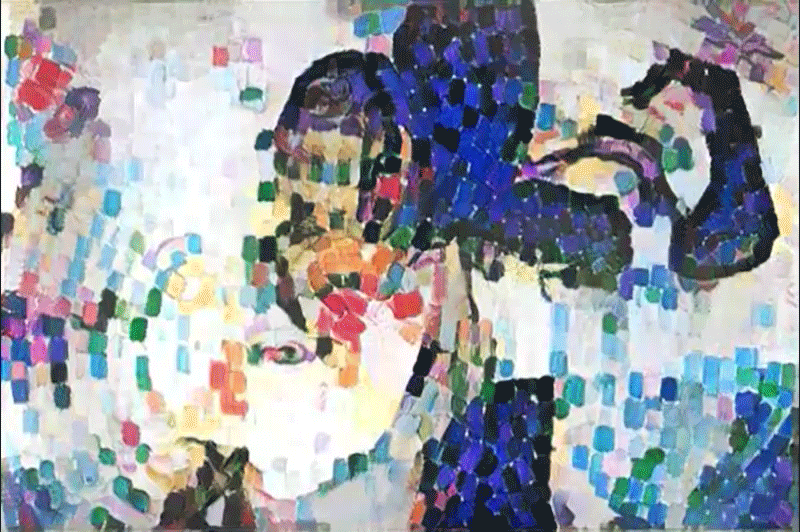 A dance done in front of a video projection portal turned animated painting using neural style transfer. Single Edition GIF Token by Sarah Zucker.
