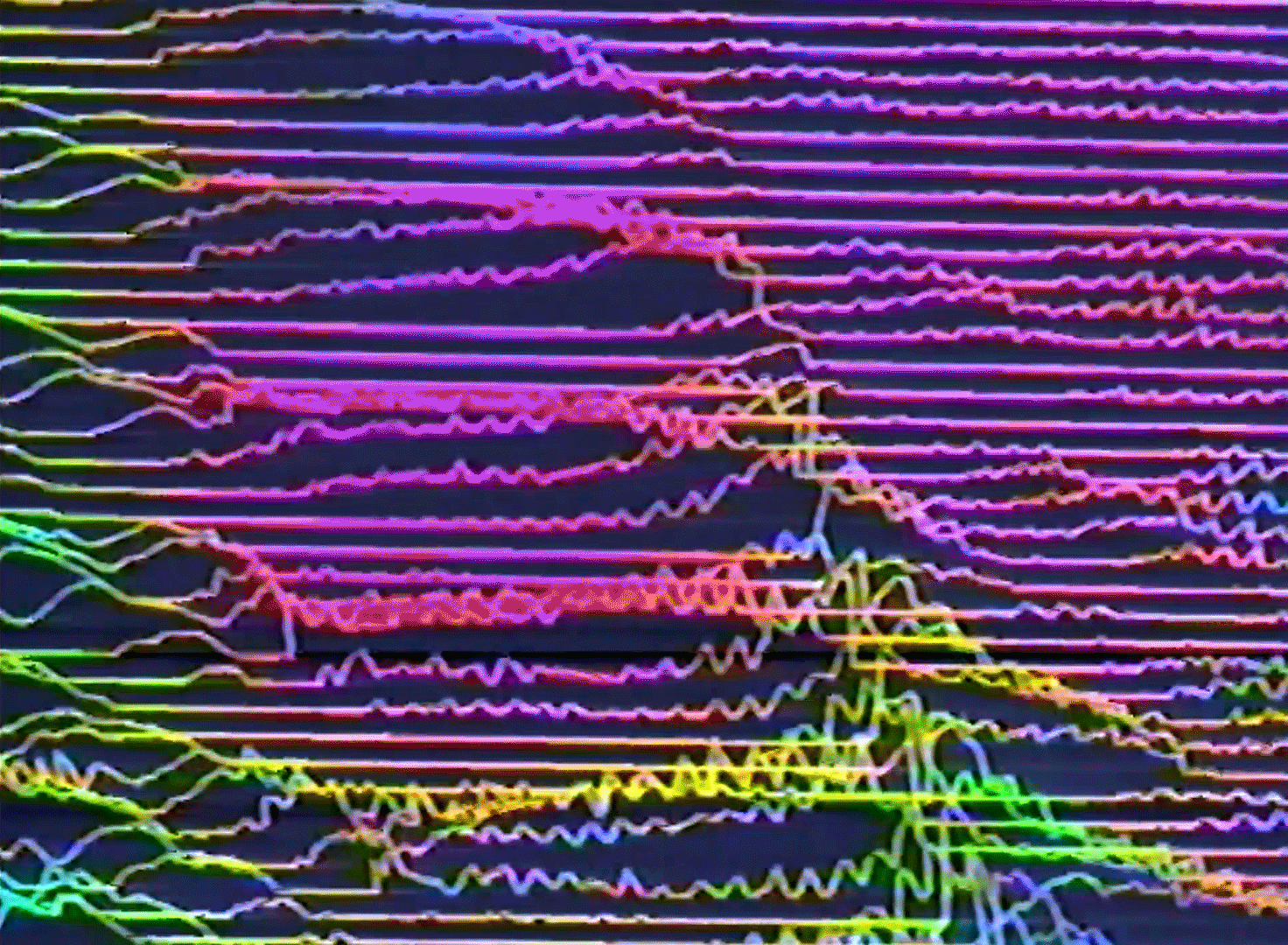 Vibrating iridescence endlessly echoing. Digital Animation processed with vintage video equipment onto VHS. Single Edition Hi-Res GIF token by Sarah Zucker.