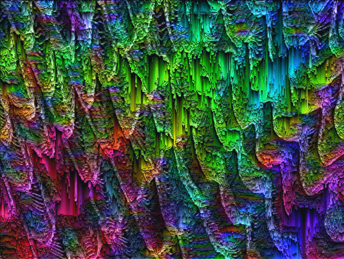 A web of interweaving iridescent pixels. Pixelsorted from original VHS glitch animation. Single Edition Hi Res GIF token by Sarah Zucker.