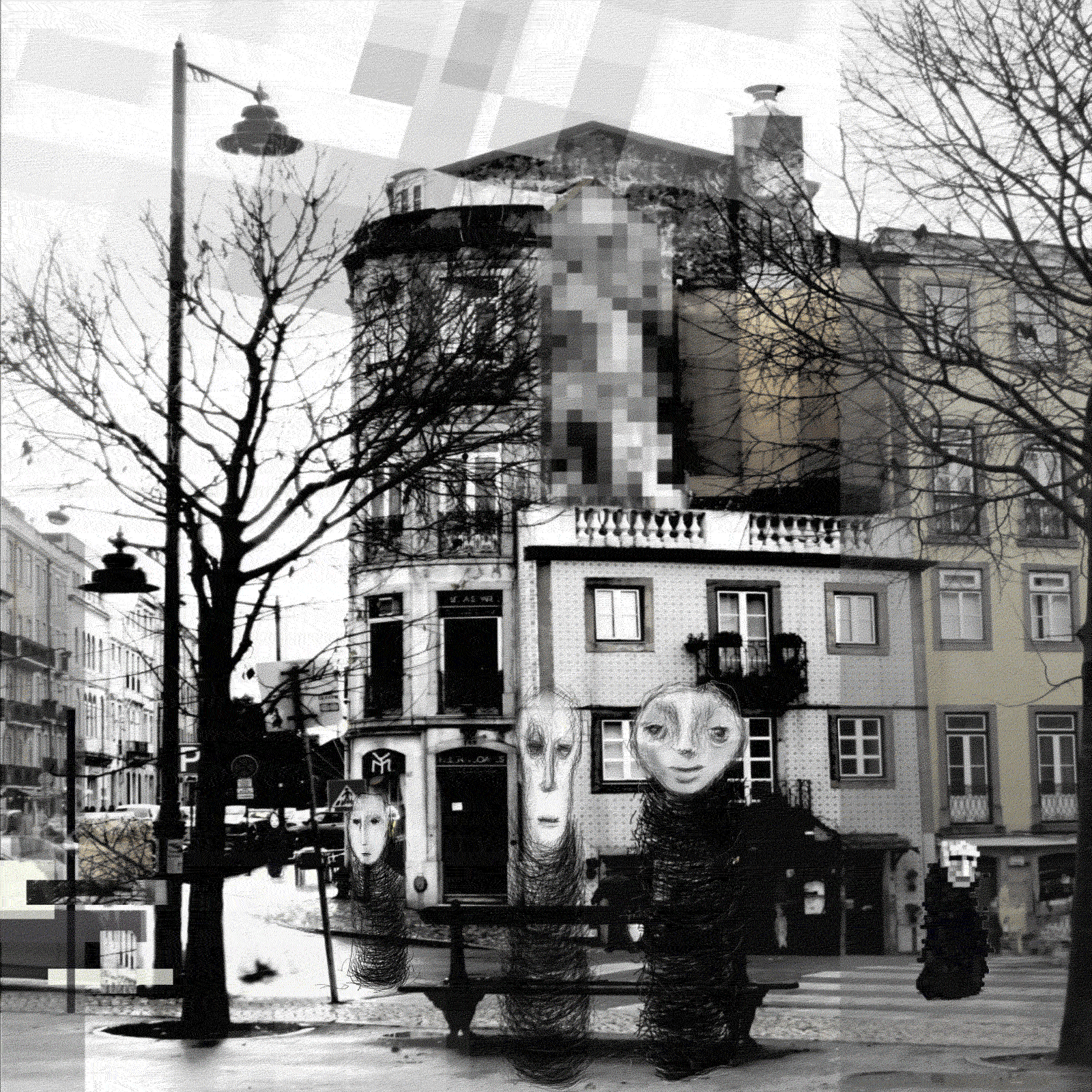 I made this animated gif parallel with the painting, ("Shadows of Lisbon II", acrylics, ink and photo on canvas, 80x100 cm), for which I used background created for this animation. Also, this piece contains few frames of interpolation with the original painting, in unfinished phase.
