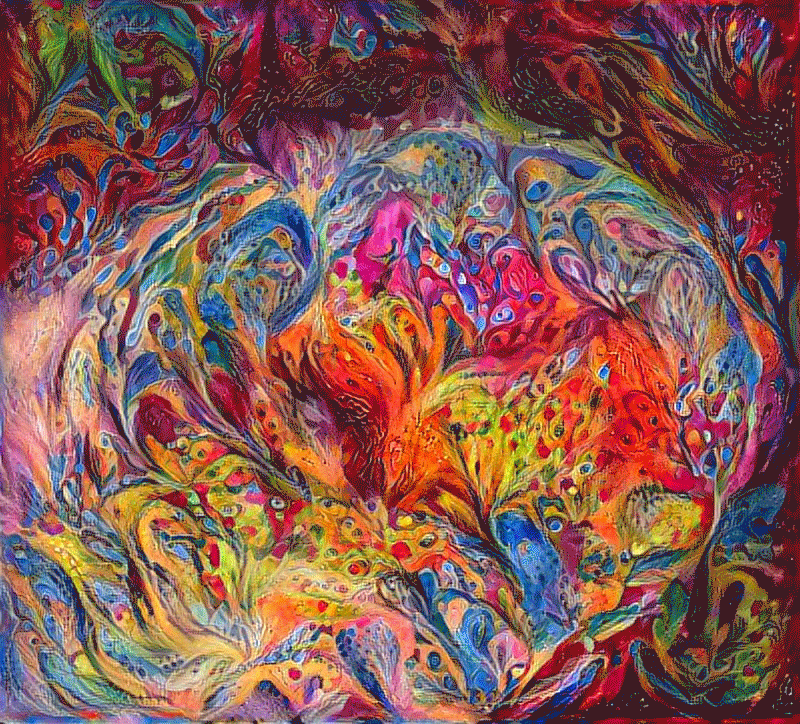 A bouncing brain explodes with peacock visions. Original 3D digital animation processed with Analog Video feedback glitch, then digitally  manipulated with deep style transfer using neural network imaging. Single Edition Hi Res GIF by Sarah Zucker.