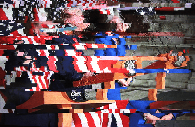 American President Trump and former British Prime Minister May share the podium in this highly staged press conference. Harman's Android Plaza is a collection of digital artworks using a specially formulated algorithm. Within the corruption of the digital image, there is a breaking up of the information, which leaves the viewer to interpret the space between abstraction and figuration. He then digitally paints elements of the composition referencing Richter whilst the mangled figuration echoes Francis Bacon and Frank Auerbach