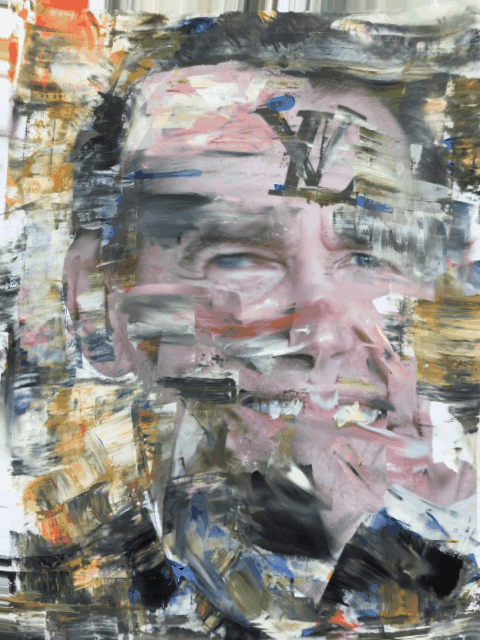 This portrait depicts former Wall St tea boy and now world famous artist Jeff Koons in a circulating bubble of his own narcissism.
The initial portrait is deconstructed with thick marks of oil, then the Louis Vuitton logo is added. Embellished and branded for all to view, he becomes a product of a bygone and irrelevant art era of greed and self serving superficiality. 
