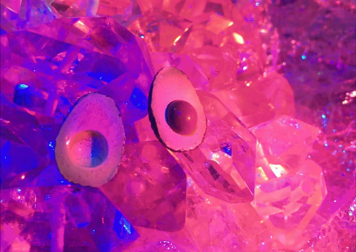 An original diorama GIF by Sarah Zucker. Miniature plastic avocado atop Columbian Quartz and Holographic Foil with custom rainbow lighting. Single Edition Hi-Res GIF.