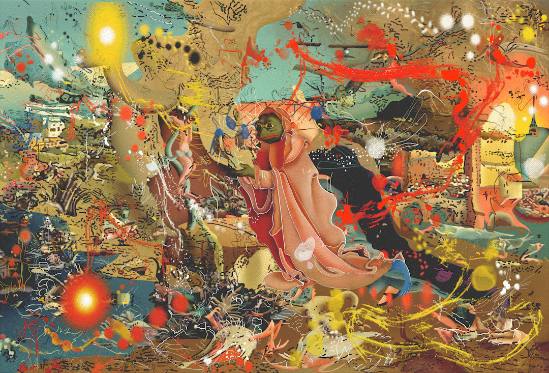 My practice repositions Pepe within a visual language shaped by my Latin American heritage, colonial aesthetics, and the allegorical influence of Hieronymus Bosch. By inserting a digital icon into historically grounded painterly spaces, I create a dialogue between contemporary symbolism and inherited visual power structures.

Color functions as a vehicle of memory and hybridity, drawing from Latin American and colonial palettes to evoke emotional and cultural tension. Within Bosch-inspired surreal environments, Pepe becomes an ambiguous figure through which themes of identity, representation, and cultural transformation are critically examined.