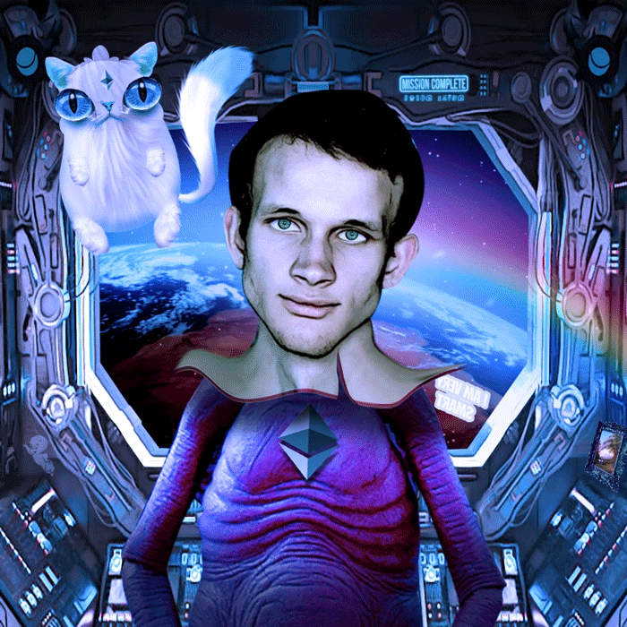 Vitalik, son of Hjormik was send to Earth soon after Satoshi.
His mission was to implement smart contracts, absolute precondition for Intergalactic trading with Humans. 
His mission was a total success despise his rudimentary disguise.
Animated Collage, GIF, 40.5Mo, 700x700pixels.