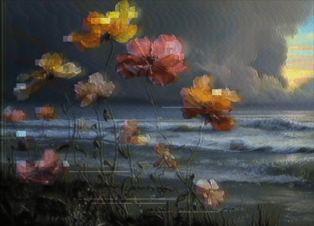 _original video clip created using a 3 part AI / software workflow. Edited in after effects before going through an analog glitch process. 
_ digital video clip, looped and played back from a digital eurorack module. Analog glitching performed with a Syntonie stable, syntonie detail, and BPMC Fluxus Duo. Focus enhancements MX-4 video mixer used at end of chain for stabilization. Captured with a Roland VR-3 Capture device. Final Post processing and digital glitching performed in after effects. Converted to gif format.