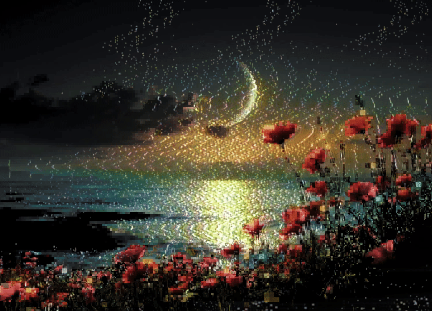 _Original video clip created using a 3 part AI / software workflow. Edited in after effects before going through a hardware analog glitch process. 
_ digital video clip, looped and played back from a digital eurorack module. Analog glitching performed with a Syntonie stable, syntonie detail, and BPMC Fluxus Duo. Focus enhancements MX-4 video mixer used at end of chain for stabilization. Captured with a Roland VR-3 Capture device. Final Post processing and digital glitches performed in after effects. Video glitch converted to GIF format.