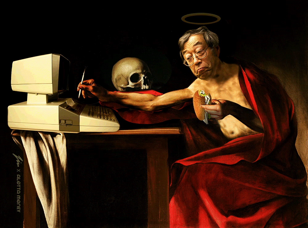 St. Nakamoto is one of the most famous of the Bitcoin martyrs,
condemned to secure the network and eat fiat sandwiches.
His feast day has been celebrated since august 2008.

A jivinci x alottamoney collaboration
Animated Collage, GIF, 17.9Mo,1000x740pixels