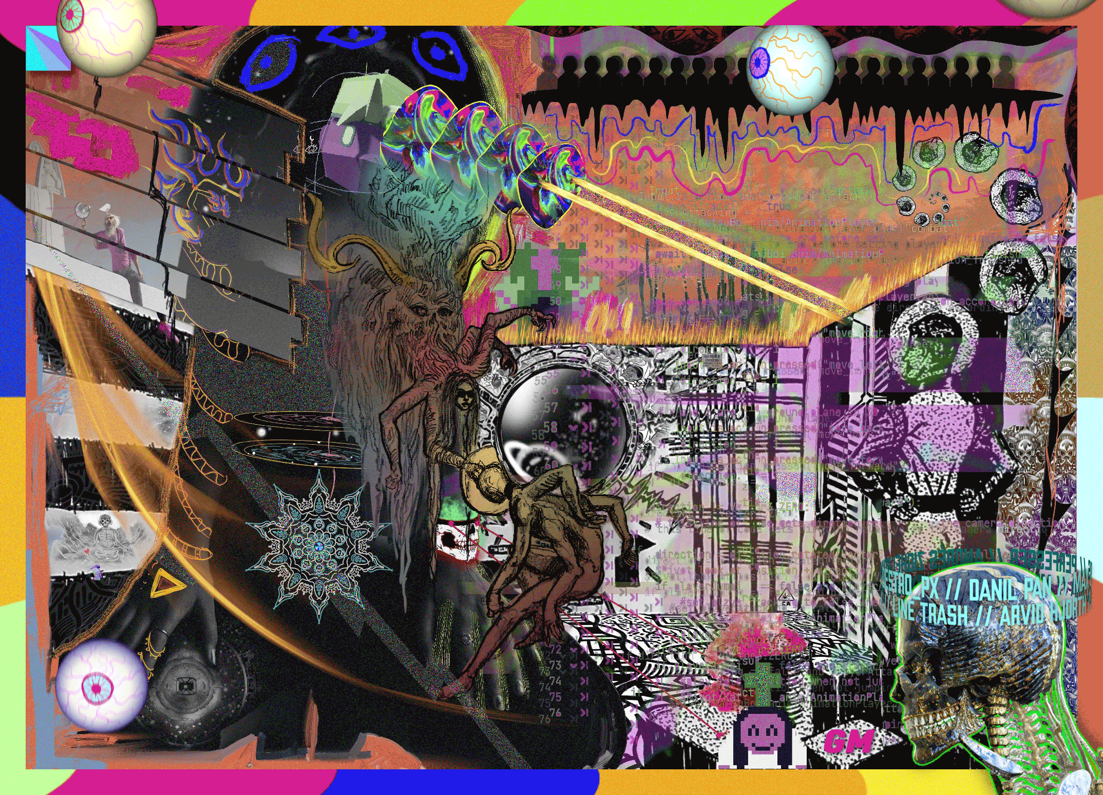 "I used some illustrator and after effects plus some AI for the skulls part that I crowned with the names of all the crew participating on this exquisite cadaver. All the process was like a collaboration with http://dada.nyc like a unique and engaging artistic experience. The concept of each contributor adding their element to a larger, evolving piece can lead to some truly innovative and diverse artwork and just going with the flow of what I had on the canvas trying to merge all the styles that preceded my turn." 

- Moxarra