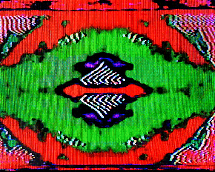 The sound gets glitchy on the way to you. 
I say «I love you», but all you see is noise. 
I say «I love you», but all you do is kiss me.

Footage of artists lips manipulated with analog video mixer, VHS camcorder, Tachyons+ moded processor, captured from CRT, digitally finished, brought to you as a GIF what never stops.