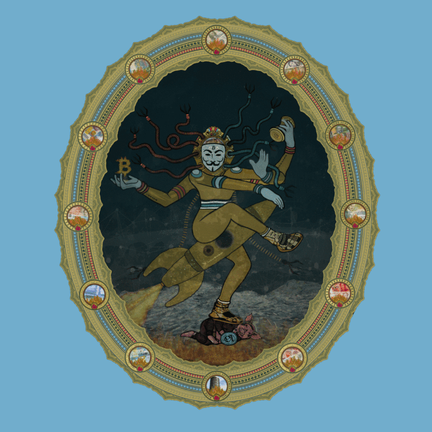 This collaborative artwork combines Alex Shell's unique style of gif animation, in this case an animated Decomposition & Composition of two pieces of art: "The Dancing Satoshi" & "Brahma Satoshi" to compliment the over-arching concept for the two isolated pieces of art.
The first image features "The Dancing Satoshi", modeled after the Shiva, the Hindu god of destruction. The Dancing Satoshi image is contained in a frame decorated with a series of collages representing major fiat currencies & the central banking system as a whole.
The image is decomposed into simple lines & erased entirely, allowing a new image to take form: "The Brahma Satoshi", modeled after the Hindu god of creation. The Brahma Satoshi image represents Bitcoin's Creation, featuring genesis block code & other more subtle references such as the scalability trilemma & the sun. In Totality, this animation represents the Decomposition & Composition of a Global Money System.