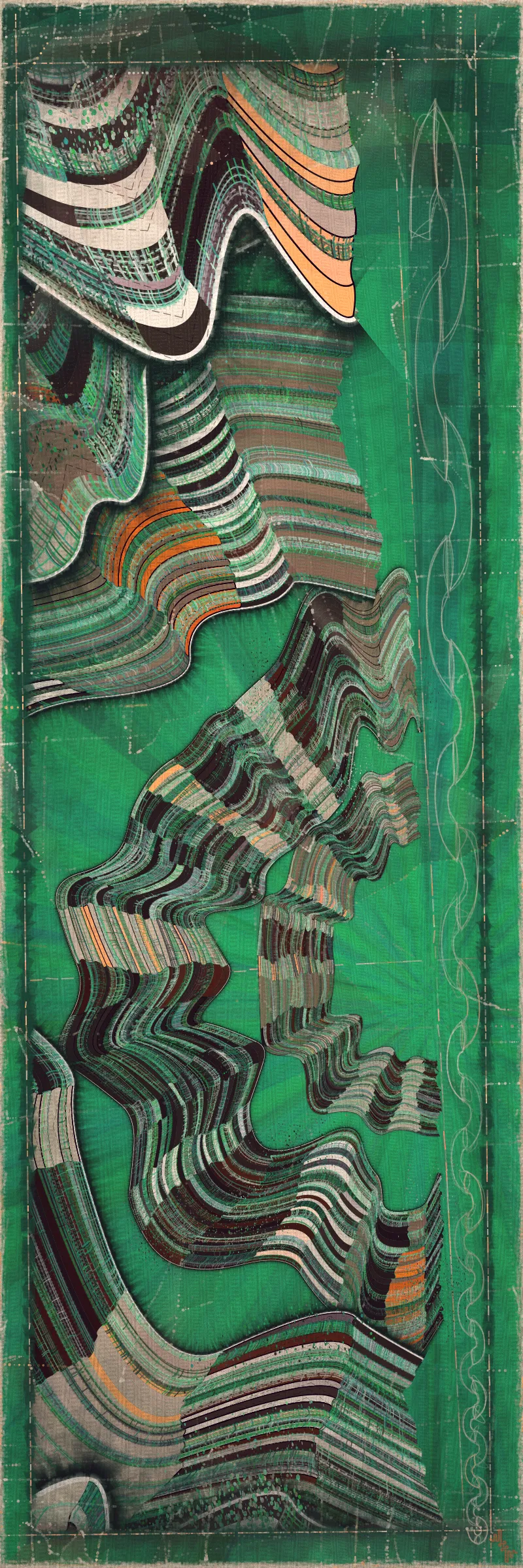 # Covehithe: An algorithmic study of ancestral landscape #

**Cove:** *a small sheltered bay; a concave arch*

**Hithe:** *a small port, harbor or haven especially on a river*
# . #

[

Covehithe is an expression of my deep connection to a remote stretch of coastline near my hometown in England. Rather than setting out to create literal landscape scenes I wanted to find a new authentically algorithmic interpretation of the landscape. This means using certain rudiments of landscape art as primitives in a process that is true to generative art making. Covehithe is my most evolved work to-date in terms of combining multiple texture algorithms in an attempt to create surfaces that look like they have been abraded and discolored by the churning of the sea. Another key goal of this work is to capture the sense of nostalgia, mystery and ambiance I associate with Covehithe. This expressly emotive concern I feel has not been explored so much within generative art.

Many of my ancestors stretching back at least five generations were seafarers from this small area of coastal Suffolk. Having spent countless hours walking along this coast, the dark tumultuous sea, the inclement weather, the primordial spectacle of rapidly eroding cliffs and shifting shingle banks, are deeply imprinted into my artistic vision. Spending time at Covehithe often fills me with a complex tapestry of emotions that somehow meld with the spirit of the land. I feel good art has the power to convey a paradox of thought and feeling. My hope with this series is to simultaneously make art that looks familiar and at the same time fresh and with a very specific blend of belonging and awe; melancholy and rejuvenation; comfort and exposure.

]

# . #
**Algorithmic distress vs skeuomorphism**

*The greatest art is the most convincing lie*— Pablo Picasso

[

Creating surfaces that look worn and discolored might be seen as skeuomorphic, however I feel there is an honesty to this type of treatment because objects in real life are also typically aged in an algorithmic way. Usually through a repetition of partially constrained movements and patterns of specific interactions. The intrinsic visual properties we find comforting and fascinating in antique surfaces can be created in generative art in a very direct and authentic way. When I remove these layers of textural distress the underlying work is often somewhat unapproachable and cold. I feel the compositional flow is also softened and unified by the addition of algorithmic distress. Transitions are easier to visually digest and the overall visual variety and interest of the surface is increased. Perhaps what’s more important is there is a sense in which the art has settled into the physical world and has had interactions with it. Of course this is a lie but every story we tell in art is a lie. When creating the distress marks I am careful to leave the simple circle and line primitive building blocks at a scale that makes it easy to see on close examination how the art is constructed. This reveals the truth about the lie and creates visual tension between the illusionistic and abstracted mark making. Painters have intentionally played with the tension between the ‘image’ and the reality of the marks and surface for centuries.

]

# . #
**An ancestral connection to land**

[

I’m fascinated by the idea of art capturing the ancestral memory of a place and transferring a deep sense of belonging and familiarity to an audience that may not have a direct experience of that land themselves. I personally feel this with some art and music that comes from Scandinavian countries. Somehow it feels like I know the atmosphere of that place and it resonates with my own nostalgia for my home in the UK, although I’ve never been to any Nordic countries.

The key concern for me with this project is capturing the melancholy and sober mood I associate with this place. It’s not that the sun never shines in Covehithe although it can seem like it sometimes. For me I’ve always been drawn to pathos and melancholy in art and music. Somehow I feel more able to access sadness through art in a way that feels whole and healing.

Whilst trying to articulate the ‘mood’ of this series I came up with the working title ‘hidden box landscapes’. The mental picture I have is of discovering an antique wooden box in an attic containing some precious personal effects from an ancestor. I wanted the outputs to have the feeling of old crinkled photos or drawings of landscapes that had been stored in such a secret box as a personal memento of a special place. Like an artifact of a deep emotional connection to the land and environmental characteristics.

]

# . #
**Forms and colors in Covehithe**

[

In the outputs I wanted to include a non-literal equivalent to footprints in the landscape. A trace of our passing through the landscape. I wanted this trace to look and feel light and delicate compared to the main mass of the landscape form. I settled on these sketched chains of arcs that look like they could be unfinished or temporary, but activate the negative space at the boundaries of the compositions. I didn’t want these marks to be on the landscape itself as the contrast of these two primitives would be lost. I loved how insignificant these marks look compared to the weight of the land. In abstracting them from the landscape I also wanted to give the impression these footsteps told a story about a journey or path in a vast space.

There is an intentional visual reference to quilting in these landscapes. The land itself is quilted. For me there is something very comforting and connected to a sense of home evoked by the image of a quilt. Strangely I feel I have inherited this just in the last 10 years since I’ve been living in the US. Quilting is a strong part of my wife’s family tradition and I wonder if I have absorbed an affinity for it through osmosis from my wife and her family. Quilting to my knowledge is not a significant tradition in native Suffolk. It strikes me that the cultural lexicon of motifs and visual references in art are key to making contact with our emotional core as humans. Art is never made or experienced in a vacuum, finding ways to weave persisting visual motifs, from our collective past, into my art making is one way I try to make my generative art more approachable and relatable. Doing this in a way that is not overtly literal — deriving forms and mark making that is familiar and yet not literal is a fascinating challenge for me.

Using generative color algorithms has become a default part of my generative practice. Although I use a very limited color space, I’m very happy with the color expression in this project. The primary forms are not partially transparent unlike in the background elements in both Velum and Fontana. Instead I build layers of color using the grid markings and spindrift spots that overlay the quilt patches. Combined with the algorithmic distress and patches of color modulation the totality of color is continuously shifting. Ultimately I feel color, texture and form are one and abstracting one from the others can give us a false idea of how the whole will work.

]

# . #
**Generative art as a medium to explore emotion**

*My work is about the great human emotions* — Mark Rothko

[

My personal goal as an artist is to find ways to explore the deep human emotions. On the face of it exploring emotion using code, math and geometry may seem counterintuitive at best if not plain impossible. In my mind it is the unobvious path that makes it have so much potential to produce something truly original. In another sense it doesn’t seem to me to be perverse at all. Having worked in this way for over a decade it actually feels just as direct as painting and drawing to me. Picture making regardless of the medium always requires problem solving, methodical application, a clear mind and full heart. The true superpower of the visual artist is to be able to look with a completely open heart and make a response to what is being revealed right in front of them. If the response is channeled through a paint brush or code function I see no fundamental difference. For me generative art is just a medium that can be worked with in the same direct way any medium can be explored. I ultimately feel a medium is just a means for the artist to explore and realize their own inner world.

There is a text in Tibetan Buddhism called ‘The genuine heart of sadness’. The sadness the text points to is born out of a deep unconditional compassion for all life, and is not a personal sadness of feeling sorry for oneself. I believe one of the great gifts of art and music is that it can help us access emotions that are much vaster than those born out of our own narrow self interest. Not that there’s anything wrong with this, the arts just can help us find a bigger space in our own emotional landscape. This is the ultimate hope with any art I make. With Covehithe, the emotion I wanted to characterize was a sorrow and longing that for me feels deeply rooted in the landscape of coastal Suffolk and maybe my ancestry. Perhaps hard for me to put into words which is why I make art.

]