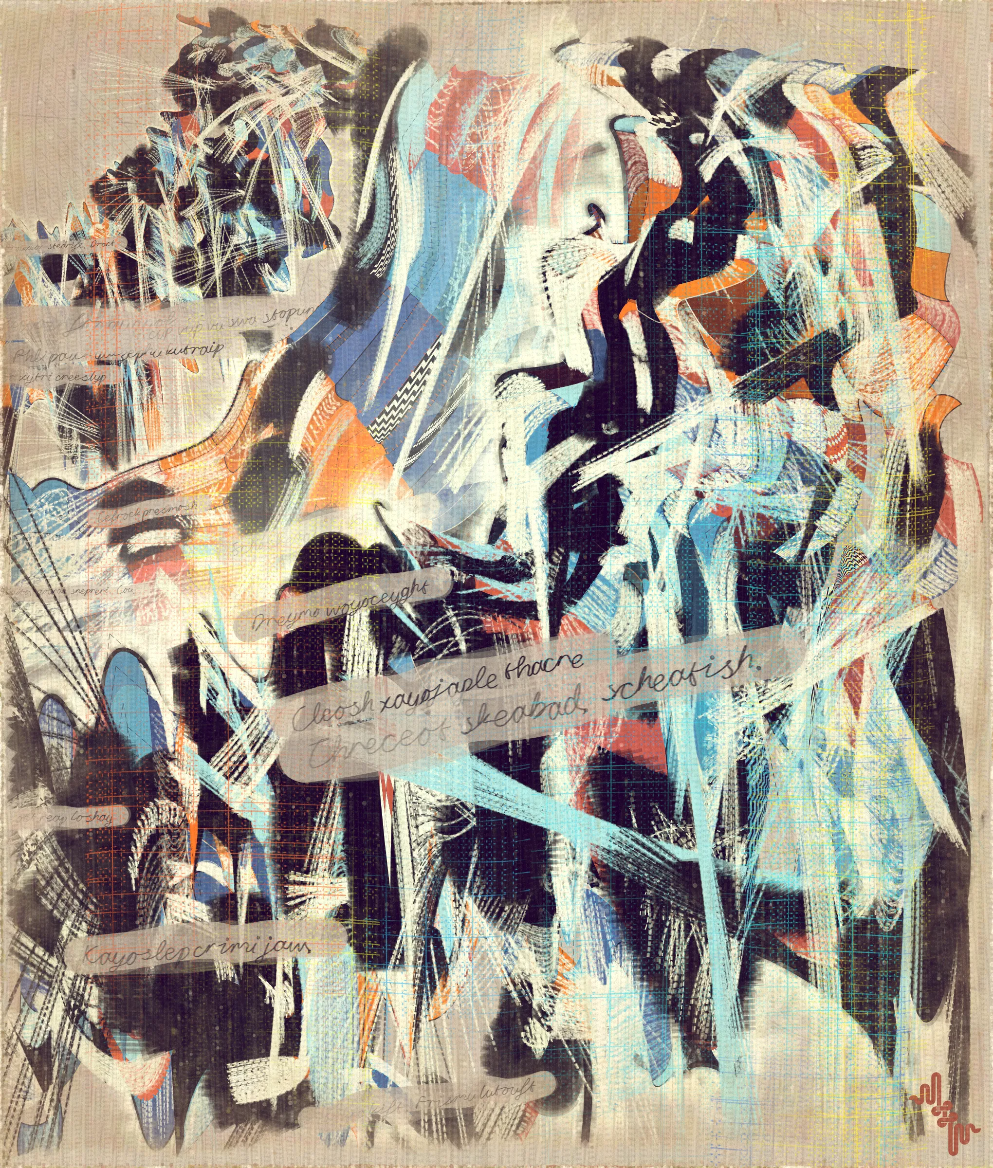 # Algorithmic Expressionism and the Landscape of Madness #
# . #
## Landscape Inversion ##
This project began with a whimsical idea: to invert the convention of landscape painting on canvas—one of the most ubiquitous motifs in art history. Instead of painting a scene or vista onto the canvas, I imagined an algorithmic domain shaped by the flowing material properties of the canvas itself. 
# . #
## Mark Making and the Digital Surface ##
Bold gestural markings within this algorithm also evolved into a way of defining scale and movement in the landscape. They serve as a bridge between the illusion of receding depth and the true flatness of the digital surface. For centuries, bold brushstrokes—evidence of the painterly act—have created intentional tension between illusionism and the physical reality of the canvas. The gestural marks in this series, although complex and layered, are still clearly derived from rudimentary vector-based primitives. Preserving the evidence of a digitally native process is my reinterpretation of this same artifact found in representational painting.
# . #
## Gesture and Abstraction ##
Algorithmic mark making reminiscent of human gesture is not really abstract. They are more representational of artifacts created by the human skeleton in the creative act. Through this association gesture seems to have a direct expressive path to our deep human emotions. When gestures become incoherent and turbulent, something in us feels this as a kind of violence. Although Amplitudes of Canvas started life as gently flowing landscape-esk forms, the use of gesture became stronger and the spectrum of movement and expressive power of the work ramped up considerably. The addition of the floor plane reminded me of Victorian hospital rooms. In some of these works emerged the traces of an asylum, a container for the more extreme gestural madness appearing at the out edges of the algorithm's expressive space.
# . #
## The Infinite Sketchbook of a Mad Person ##
Outputs are like sketches in the sense they are only glimpses into the totality of the algorithm. They are never fully crystalized. They are like the outflow of a mad person because the insane often get caught in loops, obsessing over the same patterns. Through their interaction with the world, the patterns get expressed in varied ways, each time new, but recognizable as belonging to the same behavior. The mad person compared to the average person thus has a limited range of functionality and adaptability. The algo can only explore a tiny space of possibilities compared to say the space of all art. It is still an infinite space, but not all infinities are equal.
# . #
## Expressionism and Madness ##
It seems likely that expressionism has been linked to madness in the past, both academically and by the casual observer. De Kooning’s Woman paintings have a ferocious presence and are wonderfully disturbing. Alcoholic, bad tempered Pollock expresses a destabilizing frenetic power. Rothko, who was the counter type in the movement painted sacred meditative works, but killed himself. Rothko was on record as saying he wanted to paint the deep human emotions. This has always been my hope. I feel I consistently fail, but make tiny steps towards that goal. It is not at all obvious how to progress when working in the domain of abstract art. I do feel however, that when literal representation in Art is set aside there is a more direct path to the human heart for those artists who achieve it.
# . #
## Text as Texture ##
The cursive writing in these works are entirely algorithmic. There is no meaning, other than the meta meaning of something that looks like Pseudo notation. In the course of building the project I tried numerous ways to introduce the texture of writing into the work without finding a way that satisfied me. Text adds a textural depth to the work that’s hard to create in any other way. The writing also looks like the scribing of a mad person which seemed to tie in nicely with the emerging feeling of madness in some of the outputs. I call these bands of cursive texture - Notes from the Asylum.
# . #
## Algorithmic Process vs Skeuomorphism ##
Creating surfaces that look worn and discolored might be seen as skeuomorphic, however I feel there is an honesty to this type of treatment because objects in real life are also typically aged in an algorithmic way. Usually through a repetition of partially constrained movements and patterns of specific interactions. The intrinsic visual properties we find comforting and fascinating in antique surfaces can be created in generative art in a very direct and authentic way. When I remove these layers of textural distress the underlying work is often somewhat unapproachable and cold. I feel the compositional flow is also softened and unified by the addition of algorithmic distress. Transitions are easier to visually digest and the overall visual variety and interest of the surface is increased. Perhaps what’s more important is there is a sense in which the art has settled into the physical world and has had interactions with it. Of course this is a lie but every story we tell in art is a lie. When creating the distress marks I am careful to leave the simple circle and line primitive building blocks at a scale that makes it easy to see on close examination how the art is constructed. This reveals the truth about the lie and creates visual tension between the illusionistic and abstracted mark making.
# . #
## Recursive Curation ##
Amplitudes of Canvas uses this new type of structure that enables me to evolve the algorithm over a long period of time without losing outstanding outputs from the previous versions. It's a little like the fx(hash) Open Form model, but only I am in control of what gets bred. All the breeding also happens prior to release within my studio. Every part of the algorithmic journey is contained in the single algorithm so I can put it fully on-chain and make it work within the very solid, but quite constrained Art Blocks infrastructure. Recursion refers to the fact I can use social WIP sharing to help steer new versions in the algorithm's evolution. If and when I share something that both captures my audience's attention and excites me I can capture the visual DNA of that output and use it as the basis to breed new children without losing previous outputs and version possibilities.
