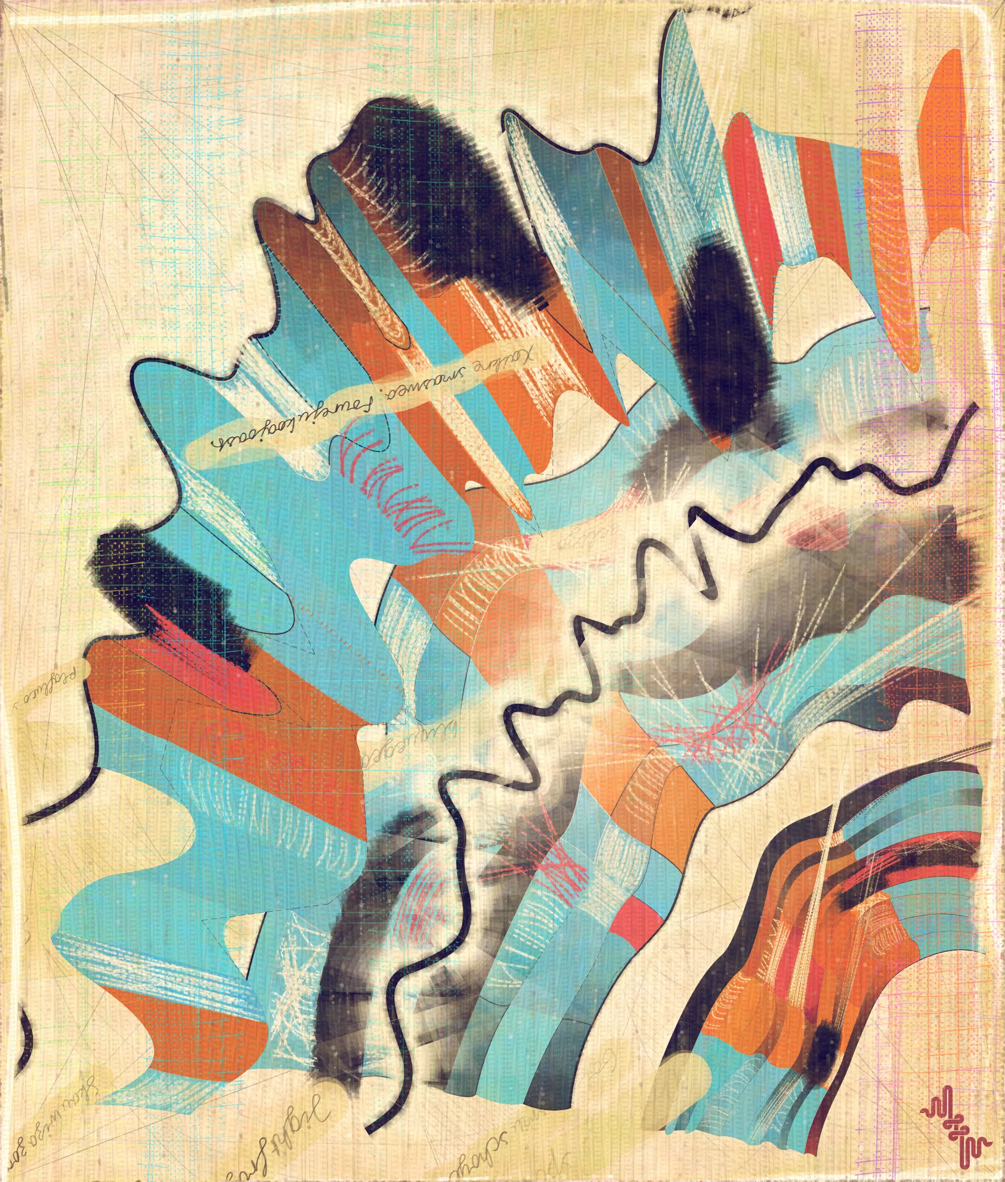 # Algorithmic Expressionism and the Landscape of Madness #
# . #
## Landscape Inversion ##
This project began with a whimsical idea: to invert the convention of landscape painting on canvas—one of the most ubiquitous motifs in art history. Instead of painting a scene or vista onto the canvas, I imagined an algorithmic domain shaped by the flowing material properties of the canvas itself. 
# . #
## Mark Making and the Digital Surface ##
Bold gestural markings within this algorithm also evolved into a way of defining scale and movement in the landscape. They serve as a bridge between the illusion of receding depth and the true flatness of the digital surface. For centuries, bold brushstrokes—evidence of the painterly act—have created intentional tension between illusionism and the physical reality of the canvas. The gestural marks in this series, although complex and layered, are still clearly derived from rudimentary vector-based primitives. Preserving the evidence of a digitally native process is my reinterpretation of this same artifact found in representational painting.
# . #
## Gesture and Abstraction ##
Algorithmic mark making reminiscent of human gesture is not really abstract. They are more representational of artifacts created by the human skeleton in the creative act. Through this association gesture seems to have a direct expressive path to our deep human emotions. When gestures become incoherent and turbulent, something in us feels this as a kind of violence. Although Amplitudes of Canvas started life as gently flowing landscape-esk forms, the use of gesture became stronger and the spectrum of movement and expressive power of the work ramped up considerably. The addition of the floor plane reminded me of Victorian hospital rooms. In some of these works emerged the traces of an asylum, a container for the more extreme gestural madness appearing at the out edges of the algorithm's expressive space.
# . #
## The Infinite Sketchbook of a Mad Person ##
Outputs are like sketches in the sense they are only glimpses into the totality of the algorithm. They are never fully crystalized. They are like the outflow of a mad person because the insane often get caught in loops, obsessing over the same patterns. Through their interaction with the world, the patterns get expressed in varied ways, each time new, but recognizable as belonging to the same behavior. The mad person compared to the average person thus has a limited range of functionality and adaptability. The algo can only explore a tiny space of possibilities compared to say the space of all art. It is still an infinite space, but not all infinities are equal.
# . #
## Expressionism and Madness ##
It seems likely that expressionism has been linked to madness in the past, both academically and by the casual observer. De Kooning’s Woman paintings have a ferocious presence and are wonderfully disturbing. Alcoholic, bad tempered Pollock expresses a destabilizing frenetic power. Rothko, who was the counter type in the movement painted sacred meditative works, but killed himself. Rothko was on record as saying he wanted to paint the deep human emotions. This has always been my hope. I feel I consistently fail, but make tiny steps towards that goal. It is not at all obvious how to progress when working in the domain of abstract art. I do feel however, that when literal representation in Art is set aside there is a more direct path to the human heart for those artists who achieve it.
# . #
## Text as Texture ##
The cursive writing in these works are entirely algorithmic. There is no meaning, other than the meta meaning of something that looks like Pseudo notation. In the course of building the project I tried numerous ways to introduce the texture of writing into the work without finding a way that satisfied me. Text adds a textural depth to the work that’s hard to create in any other way. The writing also looks like the scribing of a mad person which seemed to tie in nicely with the emerging feeling of madness in some of the outputs. I call these bands of cursive texture - Notes from the Asylum.
# . #
## Algorithmic Process vs Skeuomorphism ##
Creating surfaces that look worn and discolored might be seen as skeuomorphic, however I feel there is an honesty to this type of treatment because objects in real life are also typically aged in an algorithmic way. Usually through a repetition of partially constrained movements and patterns of specific interactions. The intrinsic visual properties we find comforting and fascinating in antique surfaces can be created in generative art in a very direct and authentic way. When I remove these layers of textural distress the underlying work is often somewhat unapproachable and cold. I feel the compositional flow is also softened and unified by the addition of algorithmic distress. Transitions are easier to visually digest and the overall visual variety and interest of the surface is increased. Perhaps what’s more important is there is a sense in which the art has settled into the physical world and has had interactions with it. Of course this is a lie but every story we tell in art is a lie. When creating the distress marks I am careful to leave the simple circle and line primitive building blocks at a scale that makes it easy to see on close examination how the art is constructed. This reveals the truth about the lie and creates visual tension between the illusionistic and abstracted mark making.
# . #
## Recursive Curation ##
Amplitudes of Canvas uses this new type of structure that enables me to evolve the algorithm over a long period of time without losing outstanding outputs from the previous versions. It's a little like the fx(hash) Open Form model, but only I am in control of what gets bred. All the breeding also happens prior to release within my studio. Every part of the algorithmic journey is contained in the single algorithm so I can put it fully on-chain and make it work within the very solid, but quite constrained Art Blocks infrastructure. Recursion refers to the fact I can use social WIP sharing to help steer new versions in the algorithm's evolution. If and when I share something that both captures my audience's attention and excites me I can capture the visual DNA of that output and use it as the basis to breed new children without losing previous outputs and version possibilities.
