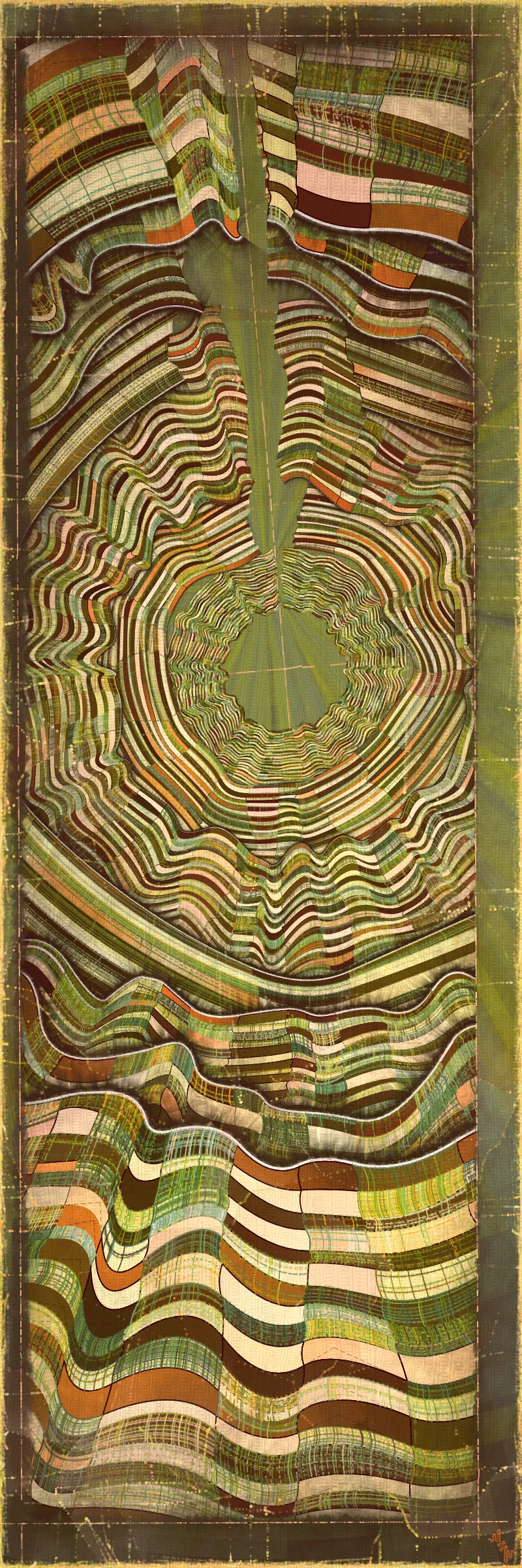 # Covehithe: An algorithmic study of ancestral landscape #

**Cove:** *a small sheltered bay; a concave arch*

**Hithe:** *a small port, harbor or haven especially on a river*
# . #

[

Covehithe is an expression of my deep connection to a remote stretch of coastline near my hometown in England. Rather than setting out to create literal landscape scenes I wanted to find a new authentically algorithmic interpretation of the landscape. This means using certain rudiments of landscape art as primitives in a process that is true to generative art making. Covehithe is my most evolved work to-date in terms of combining multiple texture algorithms in an attempt to create surfaces that look like they have been abraded and discolored by the churning of the sea. Another key goal of this work is to capture the sense of nostalgia, mystery and ambiance I associate with Covehithe. This expressly emotive concern I feel has not been explored so much within generative art.

Many of my ancestors stretching back at least five generations were seafarers from this small area of coastal Suffolk. Having spent countless hours walking along this coast, the dark tumultuous sea, the inclement weather, the primordial spectacle of rapidly eroding cliffs and shifting shingle banks, are deeply imprinted into my artistic vision. Spending time at Covehithe often fills me with a complex tapestry of emotions that somehow meld with the spirit of the land. I feel good art has the power to convey a paradox of thought and feeling. My hope with this series is to simultaneously make art that looks familiar and at the same time fresh and with a very specific blend of belonging and awe; melancholy and rejuvenation; comfort and exposure.

]

# . #
**Algorithmic distress vs skeuomorphism**

*The greatest art is the most convincing lie*— Pablo Picasso

[

Creating surfaces that look worn and discolored might be seen as skeuomorphic, however I feel there is an honesty to this type of treatment because objects in real life are also typically aged in an algorithmic way. Usually through a repetition of partially constrained movements and patterns of specific interactions. The intrinsic visual properties we find comforting and fascinating in antique surfaces can be created in generative art in a very direct and authentic way. When I remove these layers of textural distress the underlying work is often somewhat unapproachable and cold. I feel the compositional flow is also softened and unified by the addition of algorithmic distress. Transitions are easier to visually digest and the overall visual variety and interest of the surface is increased. Perhaps what’s more important is there is a sense in which the art has settled into the physical world and has had interactions with it. Of course this is a lie but every story we tell in art is a lie. When creating the distress marks I am careful to leave the simple circle and line primitive building blocks at a scale that makes it easy to see on close examination how the art is constructed. This reveals the truth about the lie and creates visual tension between the illusionistic and abstracted mark making. Painters have intentionally played with the tension between the ‘image’ and the reality of the marks and surface for centuries.

]

# . #
**An ancestral connection to land**

[

I’m fascinated by the idea of art capturing the ancestral memory of a place and transferring a deep sense of belonging and familiarity to an audience that may not have a direct experience of that land themselves. I personally feel this with some art and music that comes from Scandinavian countries. Somehow it feels like I know the atmosphere of that place and it resonates with my own nostalgia for my home in the UK, although I’ve never been to any Nordic countries.

The key concern for me with this project is capturing the melancholy and sober mood I associate with this place. It’s not that the sun never shines in Covehithe although it can seem like it sometimes. For me I’ve always been drawn to pathos and melancholy in art and music. Somehow I feel more able to access sadness through art in a way that feels whole and healing.

Whilst trying to articulate the ‘mood’ of this series I came up with the working title ‘hidden box landscapes’. The mental picture I have is of discovering an antique wooden box in an attic containing some precious personal effects from an ancestor. I wanted the outputs to have the feeling of old crinkled photos or drawings of landscapes that had been stored in such a secret box as a personal memento of a special place. Like an artifact of a deep emotional connection to the land and environmental characteristics.

]

# . #
**Forms and colors in Covehithe**

[

In the outputs I wanted to include a non-literal equivalent to footprints in the landscape. A trace of our passing through the landscape. I wanted this trace to look and feel light and delicate compared to the main mass of the landscape form. I settled on these sketched chains of arcs that look like they could be unfinished or temporary, but activate the negative space at the boundaries of the compositions. I didn’t want these marks to be on the landscape itself as the contrast of these two primitives would be lost. I loved how insignificant these marks look compared to the weight of the land. In abstracting them from the landscape I also wanted to give the impression these footsteps told a story about a journey or path in a vast space.

There is an intentional visual reference to quilting in these landscapes. The land itself is quilted. For me there is something very comforting and connected to a sense of home evoked by the image of a quilt. Strangely I feel I have inherited this just in the last 10 years since I’ve been living in the US. Quilting is a strong part of my wife’s family tradition and I wonder if I have absorbed an affinity for it through osmosis from my wife and her family. Quilting to my knowledge is not a significant tradition in native Suffolk. It strikes me that the cultural lexicon of motifs and visual references in art are key to making contact with our emotional core as humans. Art is never made or experienced in a vacuum, finding ways to weave persisting visual motifs, from our collective past, into my art making is one way I try to make my generative art more approachable and relatable. Doing this in a way that is not overtly literal — deriving forms and mark making that is familiar and yet not literal is a fascinating challenge for me.

Using generative color algorithms has become a default part of my generative practice. Although I use a very limited color space, I’m very happy with the color expression in this project. The primary forms are not partially transparent unlike in the background elements in both Velum and Fontana. Instead I build layers of color using the grid markings and spindrift spots that overlay the quilt patches. Combined with the algorithmic distress and patches of color modulation the totality of color is continuously shifting. Ultimately I feel color, texture and form are one and abstracting one from the others can give us a false idea of how the whole will work.

]

# . #
**Generative art as a medium to explore emotion**

*My work is about the great human emotions* — Mark Rothko

[

My personal goal as an artist is to find ways to explore the deep human emotions. On the face of it exploring emotion using code, math and geometry may seem counterintuitive at best if not plain impossible. In my mind it is the unobvious path that makes it have so much potential to produce something truly original. In another sense it doesn’t seem to me to be perverse at all. Having worked in this way for over a decade it actually feels just as direct as painting and drawing to me. Picture making regardless of the medium always requires problem solving, methodical application, a clear mind and full heart. The true superpower of the visual artist is to be able to look with a completely open heart and make a response to what is being revealed right in front of them. If the response is channeled through a paint brush or code function I see no fundamental difference. For me generative art is just a medium that can be worked with in the same direct way any medium can be explored. I ultimately feel a medium is just a means for the artist to explore and realize their own inner world.

There is a text in Tibetan Buddhism called ‘The genuine heart of sadness’. The sadness the text points to is born out of a deep unconditional compassion for all life, and is not a personal sadness of feeling sorry for oneself. I believe one of the great gifts of art and music is that it can help us access emotions that are much vaster than those born out of our own narrow self interest. Not that there’s anything wrong with this, the arts just can help us find a bigger space in our own emotional landscape. This is the ultimate hope with any art I make. With Covehithe, the emotion I wanted to characterize was a sorrow and longing that for me feels deeply rooted in the landscape of coastal Suffolk and maybe my ancestry. Perhaps hard for me to put into words which is why I make art.

]