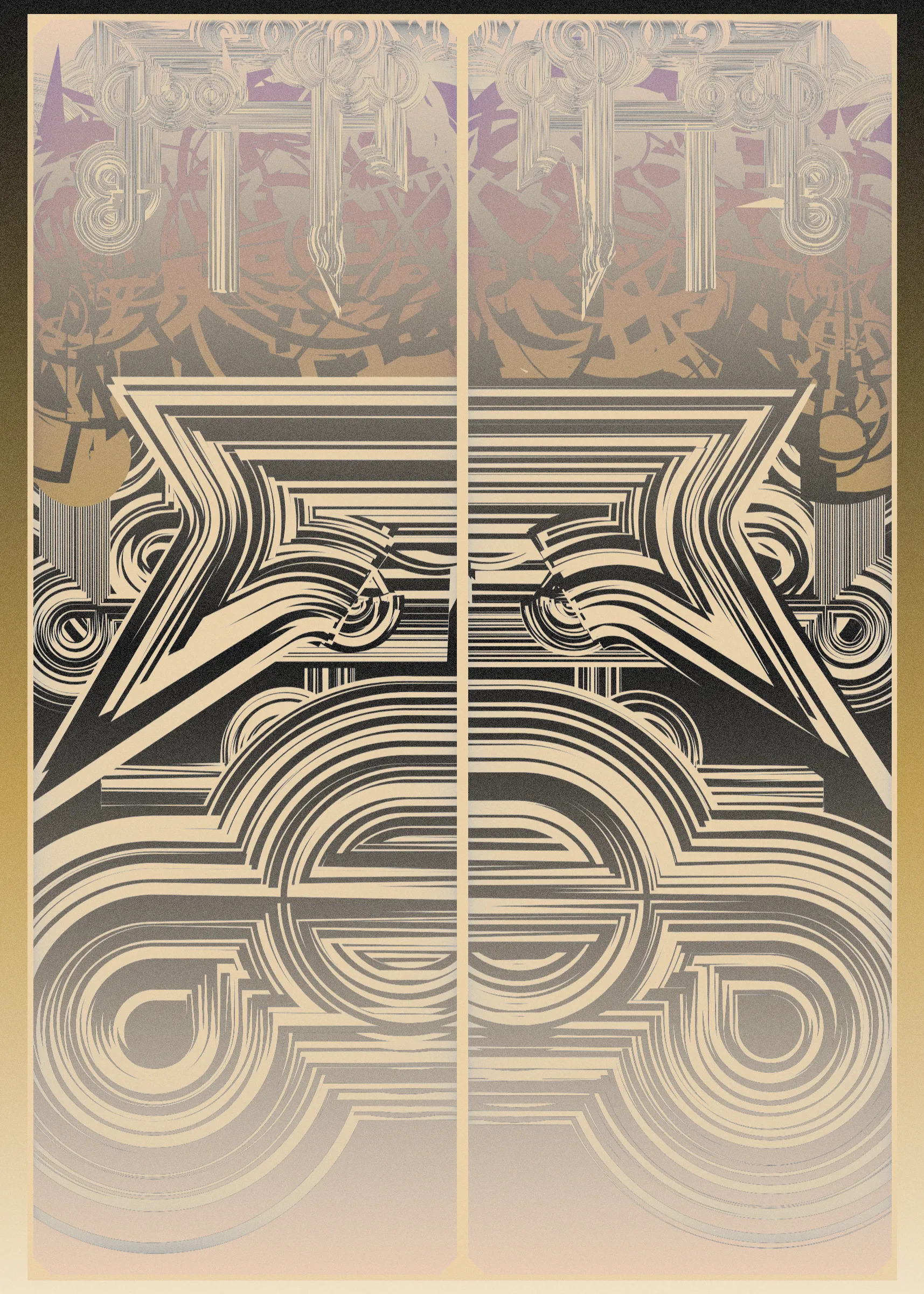 **Algorithmic Sketch**  
*Deco Echo* is an algorithmic sketch that explores quasi-symmetry. Unlike many of my previous long-form generative projects that combine multiple primitives to form a unified whole, *Deco Echo* uses a single generative building block, creating a surprisingly large diversity of distinct outputs. An algorithmic sketch is not inherently less valuable or artistically significant than more intricate works developed over many months. In fact, many beloved pieces from the generative art canon are based on very simple algorithms. Artistic value is not solely defined by complexity or work done but by clarity of instinct, thought, and inspiration. That said, hard work often paves the way for spontaneous moments of clarity.

**Quasi-Symmetry**  
*Deco Echo* marks my first exploration of what I call quasi-symmetry, where two mirrored outputs are generated simultaneously with slight variations. These quasi-symmetric structures are layered with more chaotic elements, which may differ entirely from their neighboring components. Symmetry, with its order and balance, typically brings a calming expression to compositions, but pure symmetry can lack tension. Quasi-symmetry is an attempt to gain the best of both worlds. This duality mirrors what we often see in nature—like the blend of symmetry and asymmetry in a face or tree.  

To complement the quasi-symmetry and chaotic elements, perfectly symmetric components are also incorporated, including the background, window surrounds, and gradient transforms, completing the triad of symmetric exploration.

**Compositional Components**  
The outputs are composed of three elements:  
1. **Perfectly Symmetric Elements:** Window cells, background, and gradient transforms.  
2. **Quasi-Symmetric Elements:** Black and white structures.  
3. **Chaotic Asymmetric Elements:** Base color and black details.
