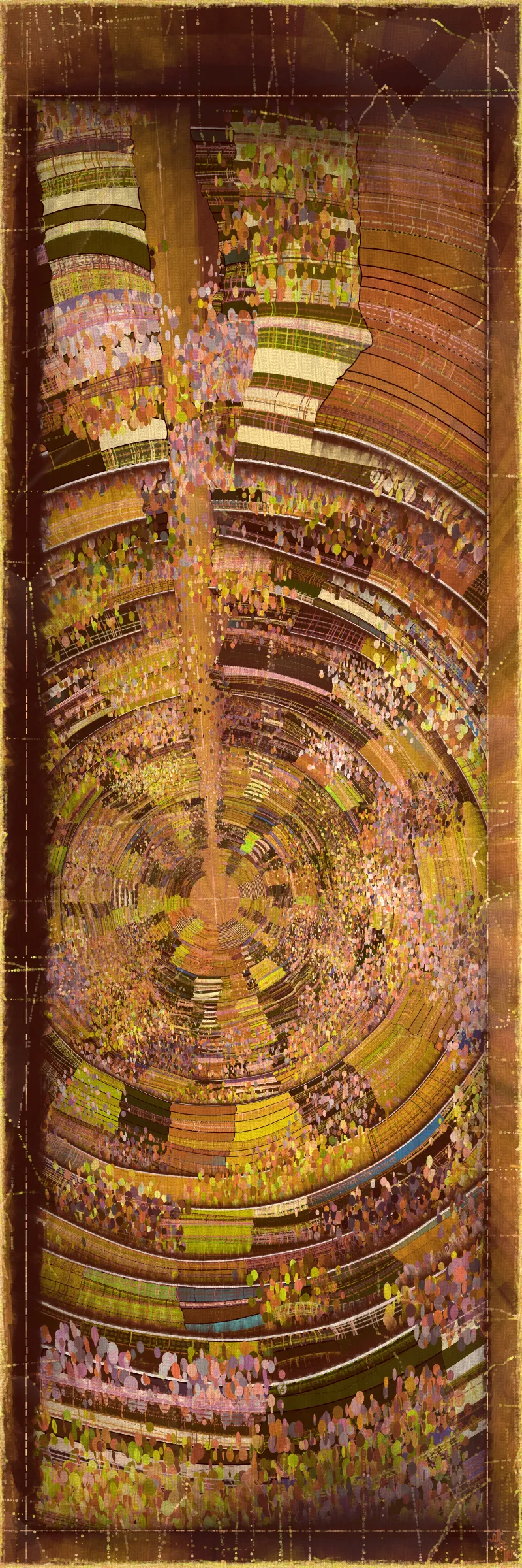 # Covehithe: An algorithmic study of ancestral landscape #

**Cove:** *a small sheltered bay; a concave arch*

**Hithe:** *a small port, harbor or haven especially on a river*
# . #

[

Covehithe is an expression of my deep connection to a remote stretch of coastline near my hometown in England. Rather than setting out to create literal landscape scenes I wanted to find a new authentically algorithmic interpretation of the landscape. This means using certain rudiments of landscape art as primitives in a process that is true to generative art making. Covehithe is my most evolved work to-date in terms of combining multiple texture algorithms in an attempt to create surfaces that look like they have been abraded and discolored by the churning of the sea. Another key goal of this work is to capture the sense of nostalgia, mystery and ambiance I associate with Covehithe. This expressly emotive concern I feel has not been explored so much within generative art.

Many of my ancestors stretching back at least five generations were seafarers from this small area of coastal Suffolk. Having spent countless hours walking along this coast, the dark tumultuous sea, the inclement weather, the primordial spectacle of rapidly eroding cliffs and shifting shingle banks, are deeply imprinted into my artistic vision. Spending time at Covehithe often fills me with a complex tapestry of emotions that somehow meld with the spirit of the land. I feel good art has the power to convey a paradox of thought and feeling. My hope with this series is to simultaneously make art that looks familiar and at the same time fresh and with a very specific blend of belonging and awe; melancholy and rejuvenation; comfort and exposure.

]

# . #
**Algorithmic distress vs skeuomorphism**

*The greatest art is the most convincing lie*— Pablo Picasso

[

Creating surfaces that look worn and discolored might be seen as skeuomorphic, however I feel there is an honesty to this type of treatment because objects in real life are also typically aged in an algorithmic way. Usually through a repetition of partially constrained movements and patterns of specific interactions. The intrinsic visual properties we find comforting and fascinating in antique surfaces can be created in generative art in a very direct and authentic way. When I remove these layers of textural distress the underlying work is often somewhat unapproachable and cold. I feel the compositional flow is also softened and unified by the addition of algorithmic distress. Transitions are easier to visually digest and the overall visual variety and interest of the surface is increased. Perhaps what’s more important is there is a sense in which the art has settled into the physical world and has had interactions with it. Of course this is a lie but every story we tell in art is a lie. When creating the distress marks I am careful to leave the simple circle and line primitive building blocks at a scale that makes it easy to see on close examination how the art is constructed. This reveals the truth about the lie and creates visual tension between the illusionistic and abstracted mark making. Painters have intentionally played with the tension between the ‘image’ and the reality of the marks and surface for centuries.

]

# . #
**An ancestral connection to land**

[

I’m fascinated by the idea of art capturing the ancestral memory of a place and transferring a deep sense of belonging and familiarity to an audience that may not have a direct experience of that land themselves. I personally feel this with some art and music that comes from Scandinavian countries. Somehow it feels like I know the atmosphere of that place and it resonates with my own nostalgia for my home in the UK, although I’ve never been to any Nordic countries.

The key concern for me with this project is capturing the melancholy and sober mood I associate with this place. It’s not that the sun never shines in Covehithe although it can seem like it sometimes. For me I’ve always been drawn to pathos and melancholy in art and music. Somehow I feel more able to access sadness through art in a way that feels whole and healing.

Whilst trying to articulate the ‘mood’ of this series I came up with the working title ‘hidden box landscapes’. The mental picture I have is of discovering an antique wooden box in an attic containing some precious personal effects from an ancestor. I wanted the outputs to have the feeling of old crinkled photos or drawings of landscapes that had been stored in such a secret box as a personal memento of a special place. Like an artifact of a deep emotional connection to the land and environmental characteristics.

]

# . #
**Forms and colors in Covehithe**

[

In the outputs I wanted to include a non-literal equivalent to footprints in the landscape. A trace of our passing through the landscape. I wanted this trace to look and feel light and delicate compared to the main mass of the landscape form. I settled on these sketched chains of arcs that look like they could be unfinished or temporary, but activate the negative space at the boundaries of the compositions. I didn’t want these marks to be on the landscape itself as the contrast of these two primitives would be lost. I loved how insignificant these marks look compared to the weight of the land. In abstracting them from the landscape I also wanted to give the impression these footsteps told a story about a journey or path in a vast space.

There is an intentional visual reference to quilting in these landscapes. The land itself is quilted. For me there is something very comforting and connected to a sense of home evoked by the image of a quilt. Strangely I feel I have inherited this just in the last 10 years since I’ve been living in the US. Quilting is a strong part of my wife’s family tradition and I wonder if I have absorbed an affinity for it through osmosis from my wife and her family. Quilting to my knowledge is not a significant tradition in native Suffolk. It strikes me that the cultural lexicon of motifs and visual references in art are key to making contact with our emotional core as humans. Art is never made or experienced in a vacuum, finding ways to weave persisting visual motifs, from our collective past, into my art making is one way I try to make my generative art more approachable and relatable. Doing this in a way that is not overtly literal — deriving forms and mark making that is familiar and yet not literal is a fascinating challenge for me.

Using generative color algorithms has become a default part of my generative practice. Although I use a very limited color space, I’m very happy with the color expression in this project. The primary forms are not partially transparent unlike in the background elements in both Velum and Fontana. Instead I build layers of color using the grid markings and spindrift spots that overlay the quilt patches. Combined with the algorithmic distress and patches of color modulation the totality of color is continuously shifting. Ultimately I feel color, texture and form are one and abstracting one from the others can give us a false idea of how the whole will work.

]

# . #
**Generative art as a medium to explore emotion**

*My work is about the great human emotions* — Mark Rothko

[

My personal goal as an artist is to find ways to explore the deep human emotions. On the face of it exploring emotion using code, math and geometry may seem counterintuitive at best if not plain impossible. In my mind it is the unobvious path that makes it have so much potential to produce something truly original. In another sense it doesn’t seem to me to be perverse at all. Having worked in this way for over a decade it actually feels just as direct as painting and drawing to me. Picture making regardless of the medium always requires problem solving, methodical application, a clear mind and full heart. The true superpower of the visual artist is to be able to look with a completely open heart and make a response to what is being revealed right in front of them. If the response is channeled through a paint brush or code function I see no fundamental difference. For me generative art is just a medium that can be worked with in the same direct way any medium can be explored. I ultimately feel a medium is just a means for the artist to explore and realize their own inner world.

There is a text in Tibetan Buddhism called ‘The genuine heart of sadness’. The sadness the text points to is born out of a deep unconditional compassion for all life, and is not a personal sadness of feeling sorry for oneself. I believe one of the great gifts of art and music is that it can help us access emotions that are much vaster than those born out of our own narrow self interest. Not that there’s anything wrong with this, the arts just can help us find a bigger space in our own emotional landscape. This is the ultimate hope with any art I make. With Covehithe, the emotion I wanted to characterize was a sorrow and longing that for me feels deeply rooted in the landscape of coastal Suffolk and maybe my ancestry. Perhaps hard for me to put into words which is why I make art.

]