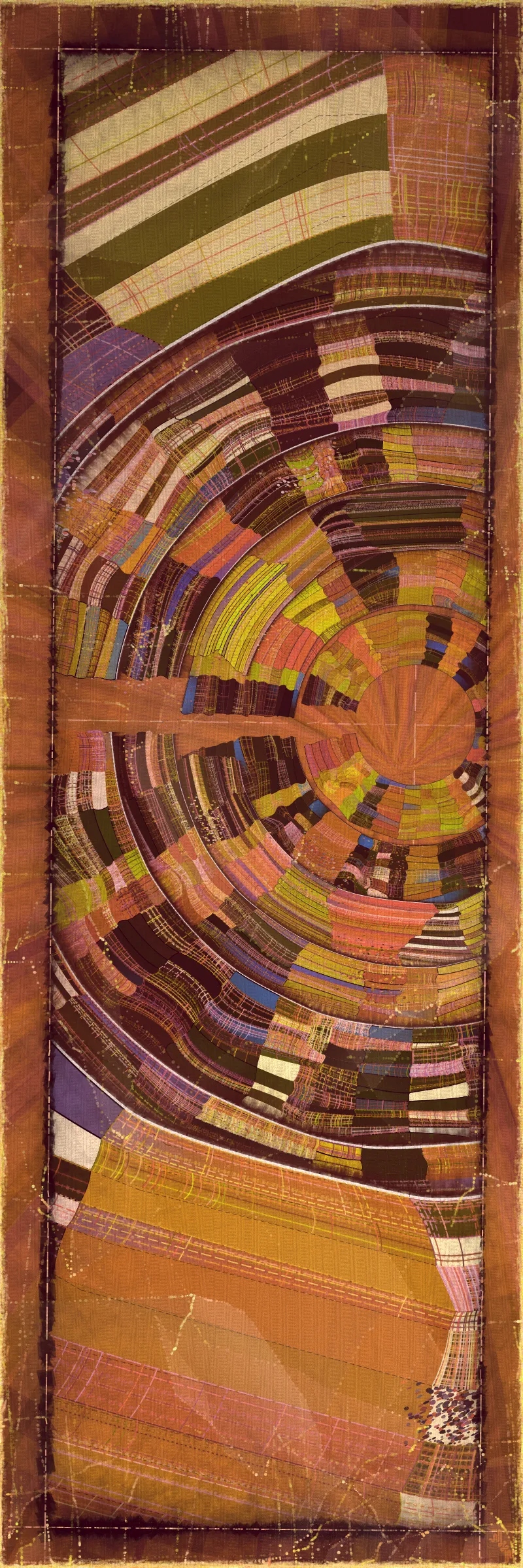 # Covehithe: An algorithmic study of ancestral landscape #

**Cove:** *a small sheltered bay; a concave arch*

**Hithe:** *a small port, harbor or haven especially on a river*
# . #

[

Covehithe is an expression of my deep connection to a remote stretch of coastline near my hometown in England. Rather than setting out to create literal landscape scenes I wanted to find a new authentically algorithmic interpretation of the landscape. This means using certain rudiments of landscape art as primitives in a process that is true to generative art making. Covehithe is my most evolved work to-date in terms of combining multiple texture algorithms in an attempt to create surfaces that look like they have been abraded and discolored by the churning of the sea. Another key goal of this work is to capture the sense of nostalgia, mystery and ambiance I associate with Covehithe. This expressly emotive concern I feel has not been explored so much within generative art.

Many of my ancestors stretching back at least five generations were seafarers from this small area of coastal Suffolk. Having spent countless hours walking along this coast, the dark tumultuous sea, the inclement weather, the primordial spectacle of rapidly eroding cliffs and shifting shingle banks, are deeply imprinted into my artistic vision. Spending time at Covehithe often fills me with a complex tapestry of emotions that somehow meld with the spirit of the land. I feel good art has the power to convey a paradox of thought and feeling. My hope with this series is to simultaneously make art that looks familiar and at the same time fresh and with a very specific blend of belonging and awe; melancholy and rejuvenation; comfort and exposure.

]

# . #
**Algorithmic distress vs skeuomorphism**

*The greatest art is the most convincing lie*— Pablo Picasso

[

Creating surfaces that look worn and discolored might be seen as skeuomorphic, however I feel there is an honesty to this type of treatment because objects in real life are also typically aged in an algorithmic way. Usually through a repetition of partially constrained movements and patterns of specific interactions. The intrinsic visual properties we find comforting and fascinating in antique surfaces can be created in generative art in a very direct and authentic way. When I remove these layers of textural distress the underlying work is often somewhat unapproachable and cold. I feel the compositional flow is also softened and unified by the addition of algorithmic distress. Transitions are easier to visually digest and the overall visual variety and interest of the surface is increased. Perhaps what’s more important is there is a sense in which the art has settled into the physical world and has had interactions with it. Of course this is a lie but every story we tell in art is a lie. When creating the distress marks I am careful to leave the simple circle and line primitive building blocks at a scale that makes it easy to see on close examination how the art is constructed. This reveals the truth about the lie and creates visual tension between the illusionistic and abstracted mark making. Painters have intentionally played with the tension between the ‘image’ and the reality of the marks and surface for centuries.

]

# . #
**An ancestral connection to land**

[

I’m fascinated by the idea of art capturing the ancestral memory of a place and transferring a deep sense of belonging and familiarity to an audience that may not have a direct experience of that land themselves. I personally feel this with some art and music that comes from Scandinavian countries. Somehow it feels like I know the atmosphere of that place and it resonates with my own nostalgia for my home in the UK, although I’ve never been to any Nordic countries.

The key concern for me with this project is capturing the melancholy and sober mood I associate with this place. It’s not that the sun never shines in Covehithe although it can seem like it sometimes. For me I’ve always been drawn to pathos and melancholy in art and music. Somehow I feel more able to access sadness through art in a way that feels whole and healing.

Whilst trying to articulate the ‘mood’ of this series I came up with the working title ‘hidden box landscapes’. The mental picture I have is of discovering an antique wooden box in an attic containing some precious personal effects from an ancestor. I wanted the outputs to have the feeling of old crinkled photos or drawings of landscapes that had been stored in such a secret box as a personal memento of a special place. Like an artifact of a deep emotional connection to the land and environmental characteristics.

]

# . #
**Forms and colors in Covehithe**

[

In the outputs I wanted to include a non-literal equivalent to footprints in the landscape. A trace of our passing through the landscape. I wanted this trace to look and feel light and delicate compared to the main mass of the landscape form. I settled on these sketched chains of arcs that look like they could be unfinished or temporary, but activate the negative space at the boundaries of the compositions. I didn’t want these marks to be on the landscape itself as the contrast of these two primitives would be lost. I loved how insignificant these marks look compared to the weight of the land. In abstracting them from the landscape I also wanted to give the impression these footsteps told a story about a journey or path in a vast space.

There is an intentional visual reference to quilting in these landscapes. The land itself is quilted. For me there is something very comforting and connected to a sense of home evoked by the image of a quilt. Strangely I feel I have inherited this just in the last 10 years since I’ve been living in the US. Quilting is a strong part of my wife’s family tradition and I wonder if I have absorbed an affinity for it through osmosis from my wife and her family. Quilting to my knowledge is not a significant tradition in native Suffolk. It strikes me that the cultural lexicon of motifs and visual references in art are key to making contact with our emotional core as humans. Art is never made or experienced in a vacuum, finding ways to weave persisting visual motifs, from our collective past, into my art making is one way I try to make my generative art more approachable and relatable. Doing this in a way that is not overtly literal — deriving forms and mark making that is familiar and yet not literal is a fascinating challenge for me.

Using generative color algorithms has become a default part of my generative practice. Although I use a very limited color space, I’m very happy with the color expression in this project. The primary forms are not partially transparent unlike in the background elements in both Velum and Fontana. Instead I build layers of color using the grid markings and spindrift spots that overlay the quilt patches. Combined with the algorithmic distress and patches of color modulation the totality of color is continuously shifting. Ultimately I feel color, texture and form are one and abstracting one from the others can give us a false idea of how the whole will work.

]

# . #
**Generative art as a medium to explore emotion**

*My work is about the great human emotions* — Mark Rothko

[

My personal goal as an artist is to find ways to explore the deep human emotions. On the face of it exploring emotion using code, math and geometry may seem counterintuitive at best if not plain impossible. In my mind it is the unobvious path that makes it have so much potential to produce something truly original. In another sense it doesn’t seem to me to be perverse at all. Having worked in this way for over a decade it actually feels just as direct as painting and drawing to me. Picture making regardless of the medium always requires problem solving, methodical application, a clear mind and full heart. The true superpower of the visual artist is to be able to look with a completely open heart and make a response to what is being revealed right in front of them. If the response is channeled through a paint brush or code function I see no fundamental difference. For me generative art is just a medium that can be worked with in the same direct way any medium can be explored. I ultimately feel a medium is just a means for the artist to explore and realize their own inner world.

There is a text in Tibetan Buddhism called ‘The genuine heart of sadness’. The sadness the text points to is born out of a deep unconditional compassion for all life, and is not a personal sadness of feeling sorry for oneself. I believe one of the great gifts of art and music is that it can help us access emotions that are much vaster than those born out of our own narrow self interest. Not that there’s anything wrong with this, the arts just can help us find a bigger space in our own emotional landscape. This is the ultimate hope with any art I make. With Covehithe, the emotion I wanted to characterize was a sorrow and longing that for me feels deeply rooted in the landscape of coastal Suffolk and maybe my ancestry. Perhaps hard for me to put into words which is why I make art.

]