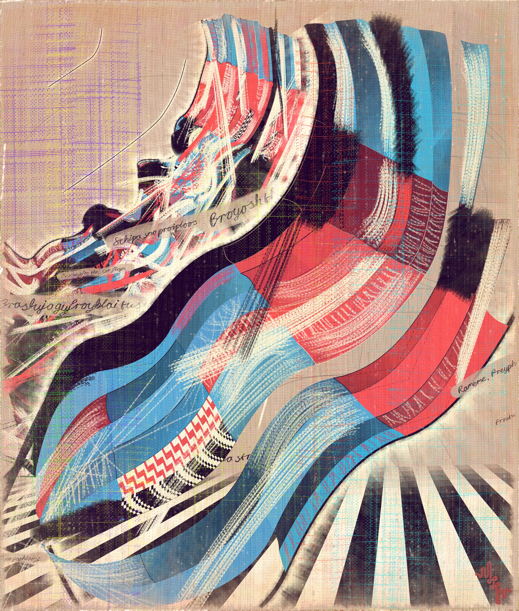 # Algorithmic Expressionism and the Landscape of Madness #
# . #
## Landscape Inversion ##
This project began with a whimsical idea: to invert the convention of landscape painting on canvas—one of the most ubiquitous motifs in art history. Instead of painting a scene or vista onto the canvas, I imagined an algorithmic domain shaped by the flowing material properties of the canvas itself. 
# . #
## Mark Making and the Digital Surface ##
Bold gestural markings within this algorithm also evolved into a way of defining scale and movement in the landscape. They serve as a bridge between the illusion of receding depth and the true flatness of the digital surface. For centuries, bold brushstrokes—evidence of the painterly act—have created intentional tension between illusionism and the physical reality of the canvas. The gestural marks in this series, although complex and layered, are still clearly derived from rudimentary vector-based primitives. Preserving the evidence of a digitally native process is my reinterpretation of this same artifact found in representational painting.
# . #
## Gesture and Abstraction ##
Algorithmic mark making reminiscent of human gesture is not really abstract. They are more representational of artifacts created by the human skeleton in the creative act. Through this association gesture seems to have a direct expressive path to our deep human emotions. When gestures become incoherent and turbulent, something in us feels this as a kind of violence. Although Amplitudes of Canvas started life as gently flowing landscape-esk forms, the use of gesture became stronger and the spectrum of movement and expressive power of the work ramped up considerably. The addition of the floor plane reminded me of Victorian hospital rooms. In some of these works emerged the traces of an asylum, a container for the more extreme gestural madness appearing at the out edges of the algorithm's expressive space.
# . #
## The Infinite Sketchbook of a Mad Person ##
Outputs are like sketches in the sense they are only glimpses into the totality of the algorithm. They are never fully crystalized. They are like the outflow of a mad person because the insane often get caught in loops, obsessing over the same patterns. Through their interaction with the world, the patterns get expressed in varied ways, each time new, but recognizable as belonging to the same behavior. The mad person compared to the average person thus has a limited range of functionality and adaptability. The algo can only explore a tiny space of possibilities compared to say the space of all art. It is still an infinite space, but not all infinities are equal.
# . #
## Expressionism and Madness ##
It seems likely that expressionism has been linked to madness in the past, both academically and by the casual observer. De Kooning’s Woman paintings have a ferocious presence and are wonderfully disturbing. Alcoholic, bad tempered Pollock expresses a destabilizing frenetic power. Rothko, who was the counter type in the movement painted sacred meditative works, but killed himself. Rothko was on record as saying he wanted to paint the deep human emotions. This has always been my hope. I feel I consistently fail, but make tiny steps towards that goal. It is not at all obvious how to progress when working in the domain of abstract art. I do feel however, that when literal representation in Art is set aside there is a more direct path to the human heart for those artists who achieve it.
# . #
## Text as Texture ##
The cursive writing in these works are entirely algorithmic. There is no meaning, other than the meta meaning of something that looks like Pseudo notation. In the course of building the project I tried numerous ways to introduce the texture of writing into the work without finding a way that satisfied me. Text adds a textural depth to the work that’s hard to create in any other way. The writing also looks like the scribing of a mad person which seemed to tie in nicely with the emerging feeling of madness in some of the outputs. I call these bands of cursive texture - Notes from the Asylum.
# . #
## Algorithmic Process vs Skeuomorphism ##
Creating surfaces that look worn and discolored might be seen as skeuomorphic, however I feel there is an honesty to this type of treatment because objects in real life are also typically aged in an algorithmic way. Usually through a repetition of partially constrained movements and patterns of specific interactions. The intrinsic visual properties we find comforting and fascinating in antique surfaces can be created in generative art in a very direct and authentic way. When I remove these layers of textural distress the underlying work is often somewhat unapproachable and cold. I feel the compositional flow is also softened and unified by the addition of algorithmic distress. Transitions are easier to visually digest and the overall visual variety and interest of the surface is increased. Perhaps what’s more important is there is a sense in which the art has settled into the physical world and has had interactions with it. Of course this is a lie but every story we tell in art is a lie. When creating the distress marks I am careful to leave the simple circle and line primitive building blocks at a scale that makes it easy to see on close examination how the art is constructed. This reveals the truth about the lie and creates visual tension between the illusionistic and abstracted mark making.
# . #
## Recursive Curation ##
Amplitudes of Canvas uses this new type of structure that enables me to evolve the algorithm over a long period of time without losing outstanding outputs from the previous versions. It's a little like the fx(hash) Open Form model, but only I am in control of what gets bred. All the breeding also happens prior to release within my studio. Every part of the algorithmic journey is contained in the single algorithm so I can put it fully on-chain and make it work within the very solid, but quite constrained Art Blocks infrastructure. Recursion refers to the fact I can use social WIP sharing to help steer new versions in the algorithm's evolution. If and when I share something that both captures my audience's attention and excites me I can capture the visual DNA of that output and use it as the basis to breed new children without losing previous outputs and version possibilities.
