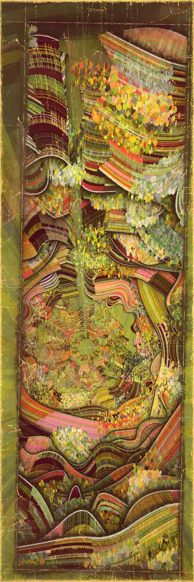 # Covehithe: An algorithmic study of ancestral landscape #

**Cove:** *a small sheltered bay; a concave arch*

**Hithe:** *a small port, harbor or haven especially on a river*
# . #

[

Covehithe is an expression of my deep connection to a remote stretch of coastline near my hometown in England. Rather than setting out to create literal landscape scenes I wanted to find a new authentically algorithmic interpretation of the landscape. This means using certain rudiments of landscape art as primitives in a process that is true to generative art making. Covehithe is my most evolved work to-date in terms of combining multiple texture algorithms in an attempt to create surfaces that look like they have been abraded and discolored by the churning of the sea. Another key goal of this work is to capture the sense of nostalgia, mystery and ambiance I associate with Covehithe. This expressly emotive concern I feel has not been explored so much within generative art.

Many of my ancestors stretching back at least five generations were seafarers from this small area of coastal Suffolk. Having spent countless hours walking along this coast, the dark tumultuous sea, the inclement weather, the primordial spectacle of rapidly eroding cliffs and shifting shingle banks, are deeply imprinted into my artistic vision. Spending time at Covehithe often fills me with a complex tapestry of emotions that somehow meld with the spirit of the land. I feel good art has the power to convey a paradox of thought and feeling. My hope with this series is to simultaneously make art that looks familiar and at the same time fresh and with a very specific blend of belonging and awe; melancholy and rejuvenation; comfort and exposure.

]

# . #
**Algorithmic distress vs skeuomorphism**

*The greatest art is the most convincing lie*— Pablo Picasso

[

Creating surfaces that look worn and discolored might be seen as skeuomorphic, however I feel there is an honesty to this type of treatment because objects in real life are also typically aged in an algorithmic way. Usually through a repetition of partially constrained movements and patterns of specific interactions. The intrinsic visual properties we find comforting and fascinating in antique surfaces can be created in generative art in a very direct and authentic way. When I remove these layers of textural distress the underlying work is often somewhat unapproachable and cold. I feel the compositional flow is also softened and unified by the addition of algorithmic distress. Transitions are easier to visually digest and the overall visual variety and interest of the surface is increased. Perhaps what’s more important is there is a sense in which the art has settled into the physical world and has had interactions with it. Of course this is a lie but every story we tell in art is a lie. When creating the distress marks I am careful to leave the simple circle and line primitive building blocks at a scale that makes it easy to see on close examination how the art is constructed. This reveals the truth about the lie and creates visual tension between the illusionistic and abstracted mark making. Painters have intentionally played with the tension between the ‘image’ and the reality of the marks and surface for centuries.

]

# . #
**An ancestral connection to land**

[

I’m fascinated by the idea of art capturing the ancestral memory of a place and transferring a deep sense of belonging and familiarity to an audience that may not have a direct experience of that land themselves. I personally feel this with some art and music that comes from Scandinavian countries. Somehow it feels like I know the atmosphere of that place and it resonates with my own nostalgia for my home in the UK, although I’ve never been to any Nordic countries.

The key concern for me with this project is capturing the melancholy and sober mood I associate with this place. It’s not that the sun never shines in Covehithe although it can seem like it sometimes. For me I’ve always been drawn to pathos and melancholy in art and music. Somehow I feel more able to access sadness through art in a way that feels whole and healing.

Whilst trying to articulate the ‘mood’ of this series I came up with the working title ‘hidden box landscapes’. The mental picture I have is of discovering an antique wooden box in an attic containing some precious personal effects from an ancestor. I wanted the outputs to have the feeling of old crinkled photos or drawings of landscapes that had been stored in such a secret box as a personal memento of a special place. Like an artifact of a deep emotional connection to the land and environmental characteristics.

]

# . #
**Forms and colors in Covehithe**

[

In the outputs I wanted to include a non-literal equivalent to footprints in the landscape. A trace of our passing through the landscape. I wanted this trace to look and feel light and delicate compared to the main mass of the landscape form. I settled on these sketched chains of arcs that look like they could be unfinished or temporary, but activate the negative space at the boundaries of the compositions. I didn’t want these marks to be on the landscape itself as the contrast of these two primitives would be lost. I loved how insignificant these marks look compared to the weight of the land. In abstracting them from the landscape I also wanted to give the impression these footsteps told a story about a journey or path in a vast space.

There is an intentional visual reference to quilting in these landscapes. The land itself is quilted. For me there is something very comforting and connected to a sense of home evoked by the image of a quilt. Strangely I feel I have inherited this just in the last 10 years since I’ve been living in the US. Quilting is a strong part of my wife’s family tradition and I wonder if I have absorbed an affinity for it through osmosis from my wife and her family. Quilting to my knowledge is not a significant tradition in native Suffolk. It strikes me that the cultural lexicon of motifs and visual references in art are key to making contact with our emotional core as humans. Art is never made or experienced in a vacuum, finding ways to weave persisting visual motifs, from our collective past, into my art making is one way I try to make my generative art more approachable and relatable. Doing this in a way that is not overtly literal — deriving forms and mark making that is familiar and yet not literal is a fascinating challenge for me.

Using generative color algorithms has become a default part of my generative practice. Although I use a very limited color space, I’m very happy with the color expression in this project. The primary forms are not partially transparent unlike in the background elements in both Velum and Fontana. Instead I build layers of color using the grid markings and spindrift spots that overlay the quilt patches. Combined with the algorithmic distress and patches of color modulation the totality of color is continuously shifting. Ultimately I feel color, texture and form are one and abstracting one from the others can give us a false idea of how the whole will work.

]

# . #
**Generative art as a medium to explore emotion**

*My work is about the great human emotions* — Mark Rothko

[

My personal goal as an artist is to find ways to explore the deep human emotions. On the face of it exploring emotion using code, math and geometry may seem counterintuitive at best if not plain impossible. In my mind it is the unobvious path that makes it have so much potential to produce something truly original. In another sense it doesn’t seem to me to be perverse at all. Having worked in this way for over a decade it actually feels just as direct as painting and drawing to me. Picture making regardless of the medium always requires problem solving, methodical application, a clear mind and full heart. The true superpower of the visual artist is to be able to look with a completely open heart and make a response to what is being revealed right in front of them. If the response is channeled through a paint brush or code function I see no fundamental difference. For me generative art is just a medium that can be worked with in the same direct way any medium can be explored. I ultimately feel a medium is just a means for the artist to explore and realize their own inner world.

There is a text in Tibetan Buddhism called ‘The genuine heart of sadness’. The sadness the text points to is born out of a deep unconditional compassion for all life, and is not a personal sadness of feeling sorry for oneself. I believe one of the great gifts of art and music is that it can help us access emotions that are much vaster than those born out of our own narrow self interest. Not that there’s anything wrong with this, the arts just can help us find a bigger space in our own emotional landscape. This is the ultimate hope with any art I make. With Covehithe, the emotion I wanted to characterize was a sorrow and longing that for me feels deeply rooted in the landscape of coastal Suffolk and maybe my ancestry. Perhaps hard for me to put into words which is why I make art.

]