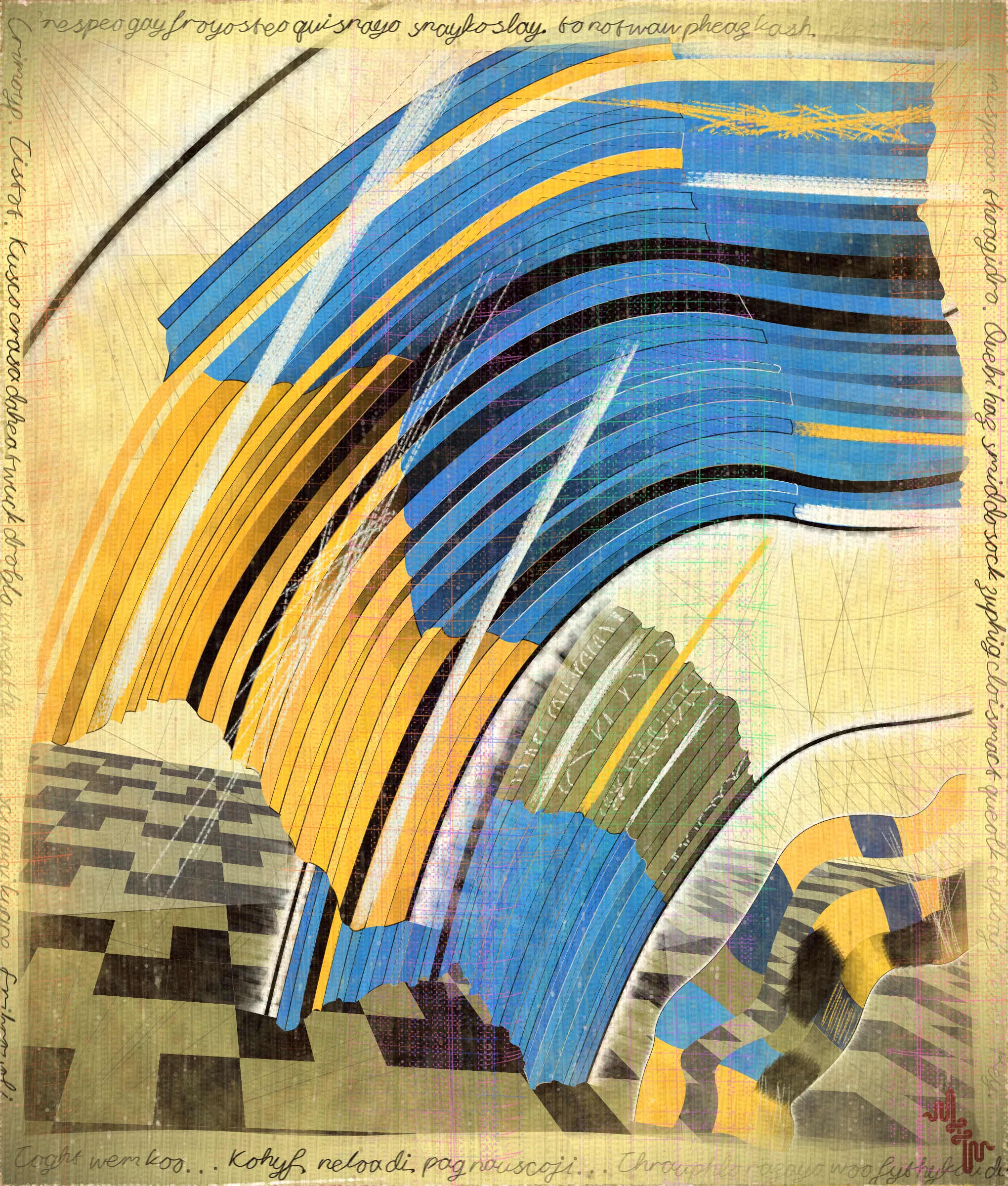# Algorithmic Expressionism and the Landscape of Madness #
# . #
## Landscape Inversion ##
This project began with a whimsical idea: to invert the convention of landscape painting on canvas—one of the most ubiquitous motifs in art history. Instead of painting a scene or vista onto the canvas, I imagined an algorithmic domain shaped by the flowing material properties of the canvas itself. 
# . #
## Mark Making and the Digital Surface ##
Bold gestural markings within this algorithm also evolved into a way of defining scale and movement in the landscape. They serve as a bridge between the illusion of receding depth and the true flatness of the digital surface. For centuries, bold brushstrokes—evidence of the painterly act—have created intentional tension between illusionism and the physical reality of the canvas. The gestural marks in this series, although complex and layered, are still clearly derived from rudimentary vector-based primitives. Preserving the evidence of a digitally native process is my reinterpretation of this same artifact found in representational painting.
# . #
## Gesture and Abstraction ##
Algorithmic mark making reminiscent of human gesture is not really abstract. They are more representational of artifacts created by the human skeleton in the creative act. Through this association gesture seems to have a direct expressive path to our deep human emotions. When gestures become incoherent and turbulent, something in us feels this as a kind of violence. Although Amplitudes of Canvas started life as gently flowing landscape-esk forms, the use of gesture became stronger and the spectrum of movement and expressive power of the work ramped up considerably. The addition of the floor plane reminded me of Victorian hospital rooms. In some of these works emerged the traces of an asylum, a container for the more extreme gestural madness appearing at the out edges of the algorithm's expressive space.
# . #
## The Infinite Sketchbook of a Mad Person ##
Outputs are like sketches in the sense they are only glimpses into the totality of the algorithm. They are never fully crystalized. They are like the outflow of a mad person because the insane often get caught in loops, obsessing over the same patterns. Through their interaction with the world, the patterns get expressed in varied ways, each time new, but recognizable as belonging to the same behavior. The mad person compared to the average person thus has a limited range of functionality and adaptability. The algo can only explore a tiny space of possibilities compared to say the space of all art. It is still an infinite space, but not all infinities are equal.
# . #
## Expressionism and Madness ##
It seems likely that expressionism has been linked to madness in the past, both academically and by the casual observer. De Kooning’s Woman paintings have a ferocious presence and are wonderfully disturbing. Alcoholic, bad tempered Pollock expresses a destabilizing frenetic power. Rothko, who was the counter type in the movement painted sacred meditative works, but killed himself. Rothko was on record as saying he wanted to paint the deep human emotions. This has always been my hope. I feel I consistently fail, but make tiny steps towards that goal. It is not at all obvious how to progress when working in the domain of abstract art. I do feel however, that when literal representation in Art is set aside there is a more direct path to the human heart for those artists who achieve it.
# . #
## Text as Texture ##
The cursive writing in these works are entirely algorithmic. There is no meaning, other than the meta meaning of something that looks like Pseudo notation. In the course of building the project I tried numerous ways to introduce the texture of writing into the work without finding a way that satisfied me. Text adds a textural depth to the work that’s hard to create in any other way. The writing also looks like the scribing of a mad person which seemed to tie in nicely with the emerging feeling of madness in some of the outputs. I call these bands of cursive texture - Notes from the Asylum.
# . #
## Algorithmic Process vs Skeuomorphism ##
Creating surfaces that look worn and discolored might be seen as skeuomorphic, however I feel there is an honesty to this type of treatment because objects in real life are also typically aged in an algorithmic way. Usually through a repetition of partially constrained movements and patterns of specific interactions. The intrinsic visual properties we find comforting and fascinating in antique surfaces can be created in generative art in a very direct and authentic way. When I remove these layers of textural distress the underlying work is often somewhat unapproachable and cold. I feel the compositional flow is also softened and unified by the addition of algorithmic distress. Transitions are easier to visually digest and the overall visual variety and interest of the surface is increased. Perhaps what’s more important is there is a sense in which the art has settled into the physical world and has had interactions with it. Of course this is a lie but every story we tell in art is a lie. When creating the distress marks I am careful to leave the simple circle and line primitive building blocks at a scale that makes it easy to see on close examination how the art is constructed. This reveals the truth about the lie and creates visual tension between the illusionistic and abstracted mark making.
# . #
## Recursive Curation ##
Amplitudes of Canvas uses this new type of structure that enables me to evolve the algorithm over a long period of time without losing outstanding outputs from the previous versions. It's a little like the fx(hash) Open Form model, but only I am in control of what gets bred. All the breeding also happens prior to release within my studio. Every part of the algorithmic journey is contained in the single algorithm so I can put it fully on-chain and make it work within the very solid, but quite constrained Art Blocks infrastructure. Recursion refers to the fact I can use social WIP sharing to help steer new versions in the algorithm's evolution. If and when I share something that both captures my audience's attention and excites me I can capture the visual DNA of that output and use it as the basis to breed new children without losing previous outputs and version possibilities.
