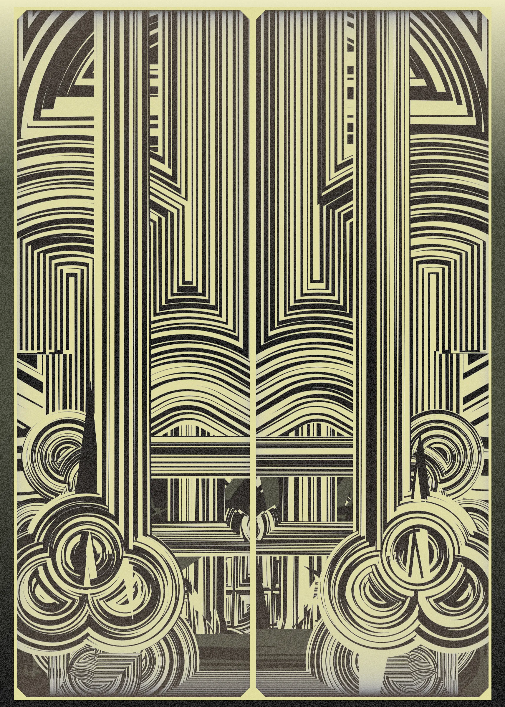 **Algorithmic Sketch**  
*Deco Echo* is an algorithmic sketch that explores quasi-symmetry. Unlike many of my previous long-form generative projects that combine multiple primitives to form a unified whole, *Deco Echo* uses a single generative building block, creating a surprisingly large diversity of distinct outputs. An algorithmic sketch is not inherently less valuable or artistically significant than more intricate works developed over many months. In fact, many beloved pieces from the generative art canon are based on very simple algorithms. Artistic value is not solely defined by complexity or work done but by clarity of instinct, thought, and inspiration. That said, hard work often paves the way for spontaneous moments of clarity.

**Quasi-Symmetry**  
*Deco Echo* marks my first exploration of what I call quasi-symmetry, where two mirrored outputs are generated simultaneously with slight variations. These quasi-symmetric structures are layered with more chaotic elements, which may differ entirely from their neighboring components. Symmetry, with its order and balance, typically brings a calming expression to compositions, but pure symmetry can lack tension. Quasi-symmetry is an attempt to gain the best of both worlds. This duality mirrors what we often see in nature—like the blend of symmetry and asymmetry in a face or tree.  

To complement the quasi-symmetry and chaotic elements, perfectly symmetric components are also incorporated, including the background, window surrounds, and gradient transforms, completing the triad of symmetric exploration.

**Compositional Components**  
The outputs are composed of three elements:  
1. **Perfectly Symmetric Elements:** Window cells, background, and gradient transforms.  
2. **Quasi-Symmetric Elements:** Black and white structures.  
3. **Chaotic Asymmetric Elements:** Base color and black details.
