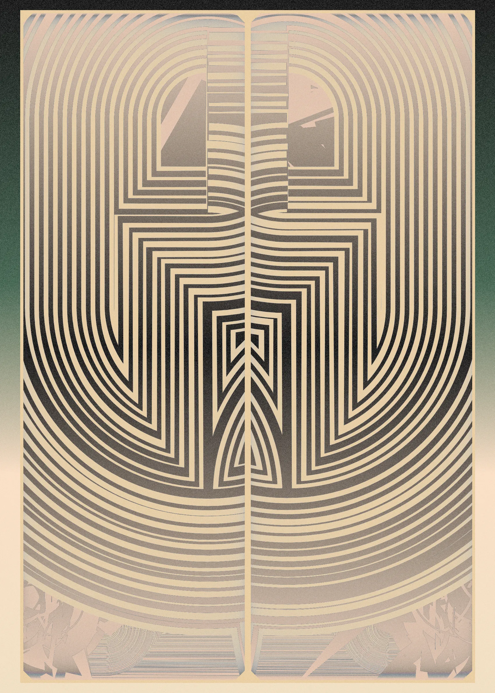 **Algorithmic Sketch**  
*Deco Echo* is an algorithmic sketch that explores quasi-symmetry. Unlike many of my previous long-form generative projects that combine multiple primitives to form a unified whole, *Deco Echo* uses a single generative building block, creating a surprisingly large diversity of distinct outputs. An algorithmic sketch is not inherently less valuable or artistically significant than more intricate works developed over many months. In fact, many beloved pieces from the generative art canon are based on very simple algorithms. Artistic value is not solely defined by complexity or work done but by clarity of instinct, thought, and inspiration. That said, hard work often paves the way for spontaneous moments of clarity.

**Quasi-Symmetry**  
*Deco Echo* marks my first exploration of what I call quasi-symmetry, where two mirrored outputs are generated simultaneously with slight variations. These quasi-symmetric structures are layered with more chaotic elements, which may differ entirely from their neighboring components. Symmetry, with its order and balance, typically brings a calming expression to compositions, but pure symmetry can lack tension. Quasi-symmetry is an attempt to gain the best of both worlds. This duality mirrors what we often see in nature—like the blend of symmetry and asymmetry in a face or tree.  

To complement the quasi-symmetry and chaotic elements, perfectly symmetric components are also incorporated, including the background, window surrounds, and gradient transforms, completing the triad of symmetric exploration.

**Compositional Components**  
The outputs are composed of three elements:  
1. **Perfectly Symmetric Elements:** Window cells, background, and gradient transforms.  
2. **Quasi-Symmetric Elements:** Black and white structures.  
3. **Chaotic Asymmetric Elements:** Base color and black details.
