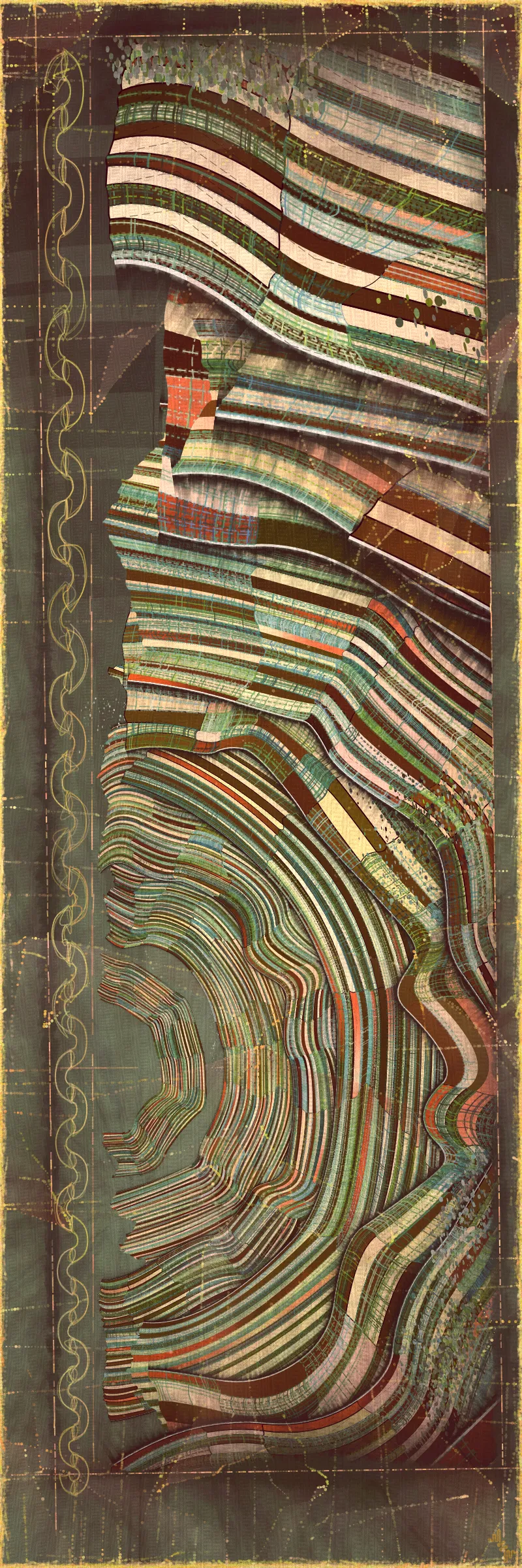 # Covehithe: An algorithmic study of ancestral landscape #

**Cove:** *a small sheltered bay; a concave arch*

**Hithe:** *a small port, harbor or haven especially on a river*
# . #

[

Covehithe is an expression of my deep connection to a remote stretch of coastline near my hometown in England. Rather than setting out to create literal landscape scenes I wanted to find a new authentically algorithmic interpretation of the landscape. This means using certain rudiments of landscape art as primitives in a process that is true to generative art making. Covehithe is my most evolved work to-date in terms of combining multiple texture algorithms in an attempt to create surfaces that look like they have been abraded and discolored by the churning of the sea. Another key goal of this work is to capture the sense of nostalgia, mystery and ambiance I associate with Covehithe. This expressly emotive concern I feel has not been explored so much within generative art.

Many of my ancestors stretching back at least five generations were seafarers from this small area of coastal Suffolk. Having spent countless hours walking along this coast, the dark tumultuous sea, the inclement weather, the primordial spectacle of rapidly eroding cliffs and shifting shingle banks, are deeply imprinted into my artistic vision. Spending time at Covehithe often fills me with a complex tapestry of emotions that somehow meld with the spirit of the land. I feel good art has the power to convey a paradox of thought and feeling. My hope with this series is to simultaneously make art that looks familiar and at the same time fresh and with a very specific blend of belonging and awe; melancholy and rejuvenation; comfort and exposure.

]

# . #
**Algorithmic distress vs skeuomorphism**

*The greatest art is the most convincing lie*— Pablo Picasso

[

Creating surfaces that look worn and discolored might be seen as skeuomorphic, however I feel there is an honesty to this type of treatment because objects in real life are also typically aged in an algorithmic way. Usually through a repetition of partially constrained movements and patterns of specific interactions. The intrinsic visual properties we find comforting and fascinating in antique surfaces can be created in generative art in a very direct and authentic way. When I remove these layers of textural distress the underlying work is often somewhat unapproachable and cold. I feel the compositional flow is also softened and unified by the addition of algorithmic distress. Transitions are easier to visually digest and the overall visual variety and interest of the surface is increased. Perhaps what’s more important is there is a sense in which the art has settled into the physical world and has had interactions with it. Of course this is a lie but every story we tell in art is a lie. When creating the distress marks I am careful to leave the simple circle and line primitive building blocks at a scale that makes it easy to see on close examination how the art is constructed. This reveals the truth about the lie and creates visual tension between the illusionistic and abstracted mark making. Painters have intentionally played with the tension between the ‘image’ and the reality of the marks and surface for centuries.

]

# . #
**An ancestral connection to land**

[

I’m fascinated by the idea of art capturing the ancestral memory of a place and transferring a deep sense of belonging and familiarity to an audience that may not have a direct experience of that land themselves. I personally feel this with some art and music that comes from Scandinavian countries. Somehow it feels like I know the atmosphere of that place and it resonates with my own nostalgia for my home in the UK, although I’ve never been to any Nordic countries.

The key concern for me with this project is capturing the melancholy and sober mood I associate with this place. It’s not that the sun never shines in Covehithe although it can seem like it sometimes. For me I’ve always been drawn to pathos and melancholy in art and music. Somehow I feel more able to access sadness through art in a way that feels whole and healing.

Whilst trying to articulate the ‘mood’ of this series I came up with the working title ‘hidden box landscapes’. The mental picture I have is of discovering an antique wooden box in an attic containing some precious personal effects from an ancestor. I wanted the outputs to have the feeling of old crinkled photos or drawings of landscapes that had been stored in such a secret box as a personal memento of a special place. Like an artifact of a deep emotional connection to the land and environmental characteristics.

]

# . #
**Forms and colors in Covehithe**

[

In the outputs I wanted to include a non-literal equivalent to footprints in the landscape. A trace of our passing through the landscape. I wanted this trace to look and feel light and delicate compared to the main mass of the landscape form. I settled on these sketched chains of arcs that look like they could be unfinished or temporary, but activate the negative space at the boundaries of the compositions. I didn’t want these marks to be on the landscape itself as the contrast of these two primitives would be lost. I loved how insignificant these marks look compared to the weight of the land. In abstracting them from the landscape I also wanted to give the impression these footsteps told a story about a journey or path in a vast space.

There is an intentional visual reference to quilting in these landscapes. The land itself is quilted. For me there is something very comforting and connected to a sense of home evoked by the image of a quilt. Strangely I feel I have inherited this just in the last 10 years since I’ve been living in the US. Quilting is a strong part of my wife’s family tradition and I wonder if I have absorbed an affinity for it through osmosis from my wife and her family. Quilting to my knowledge is not a significant tradition in native Suffolk. It strikes me that the cultural lexicon of motifs and visual references in art are key to making contact with our emotional core as humans. Art is never made or experienced in a vacuum, finding ways to weave persisting visual motifs, from our collective past, into my art making is one way I try to make my generative art more approachable and relatable. Doing this in a way that is not overtly literal — deriving forms and mark making that is familiar and yet not literal is a fascinating challenge for me.

Using generative color algorithms has become a default part of my generative practice. Although I use a very limited color space, I’m very happy with the color expression in this project. The primary forms are not partially transparent unlike in the background elements in both Velum and Fontana. Instead I build layers of color using the grid markings and spindrift spots that overlay the quilt patches. Combined with the algorithmic distress and patches of color modulation the totality of color is continuously shifting. Ultimately I feel color, texture and form are one and abstracting one from the others can give us a false idea of how the whole will work.

]

# . #
**Generative art as a medium to explore emotion**

*My work is about the great human emotions* — Mark Rothko

[

My personal goal as an artist is to find ways to explore the deep human emotions. On the face of it exploring emotion using code, math and geometry may seem counterintuitive at best if not plain impossible. In my mind it is the unobvious path that makes it have so much potential to produce something truly original. In another sense it doesn’t seem to me to be perverse at all. Having worked in this way for over a decade it actually feels just as direct as painting and drawing to me. Picture making regardless of the medium always requires problem solving, methodical application, a clear mind and full heart. The true superpower of the visual artist is to be able to look with a completely open heart and make a response to what is being revealed right in front of them. If the response is channeled through a paint brush or code function I see no fundamental difference. For me generative art is just a medium that can be worked with in the same direct way any medium can be explored. I ultimately feel a medium is just a means for the artist to explore and realize their own inner world.

There is a text in Tibetan Buddhism called ‘The genuine heart of sadness’. The sadness the text points to is born out of a deep unconditional compassion for all life, and is not a personal sadness of feeling sorry for oneself. I believe one of the great gifts of art and music is that it can help us access emotions that are much vaster than those born out of our own narrow self interest. Not that there’s anything wrong with this, the arts just can help us find a bigger space in our own emotional landscape. This is the ultimate hope with any art I make. With Covehithe, the emotion I wanted to characterize was a sorrow and longing that for me feels deeply rooted in the landscape of coastal Suffolk and maybe my ancestry. Perhaps hard for me to put into words which is why I make art.

]