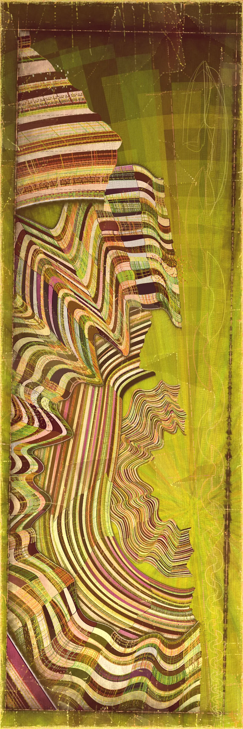 # Covehithe: An algorithmic study of ancestral landscape #

**Cove:** *a small sheltered bay; a concave arch*

**Hithe:** *a small port, harbor or haven especially on a river*
# . #

[

Covehithe is an expression of my deep connection to a remote stretch of coastline near my hometown in England. Rather than setting out to create literal landscape scenes I wanted to find a new authentically algorithmic interpretation of the landscape. This means using certain rudiments of landscape art as primitives in a process that is true to generative art making. Covehithe is my most evolved work to-date in terms of combining multiple texture algorithms in an attempt to create surfaces that look like they have been abraded and discolored by the churning of the sea. Another key goal of this work is to capture the sense of nostalgia, mystery and ambiance I associate with Covehithe. This expressly emotive concern I feel has not been explored so much within generative art.

Many of my ancestors stretching back at least five generations were seafarers from this small area of coastal Suffolk. Having spent countless hours walking along this coast, the dark tumultuous sea, the inclement weather, the primordial spectacle of rapidly eroding cliffs and shifting shingle banks, are deeply imprinted into my artistic vision. Spending time at Covehithe often fills me with a complex tapestry of emotions that somehow meld with the spirit of the land. I feel good art has the power to convey a paradox of thought and feeling. My hope with this series is to simultaneously make art that looks familiar and at the same time fresh and with a very specific blend of belonging and awe; melancholy and rejuvenation; comfort and exposure.

]

# . #
**Algorithmic distress vs skeuomorphism**

*The greatest art is the most convincing lie*— Pablo Picasso

[

Creating surfaces that look worn and discolored might be seen as skeuomorphic, however I feel there is an honesty to this type of treatment because objects in real life are also typically aged in an algorithmic way. Usually through a repetition of partially constrained movements and patterns of specific interactions. The intrinsic visual properties we find comforting and fascinating in antique surfaces can be created in generative art in a very direct and authentic way. When I remove these layers of textural distress the underlying work is often somewhat unapproachable and cold. I feel the compositional flow is also softened and unified by the addition of algorithmic distress. Transitions are easier to visually digest and the overall visual variety and interest of the surface is increased. Perhaps what’s more important is there is a sense in which the art has settled into the physical world and has had interactions with it. Of course this is a lie but every story we tell in art is a lie. When creating the distress marks I am careful to leave the simple circle and line primitive building blocks at a scale that makes it easy to see on close examination how the art is constructed. This reveals the truth about the lie and creates visual tension between the illusionistic and abstracted mark making. Painters have intentionally played with the tension between the ‘image’ and the reality of the marks and surface for centuries.

]

# . #
**An ancestral connection to land**

[

I’m fascinated by the idea of art capturing the ancestral memory of a place and transferring a deep sense of belonging and familiarity to an audience that may not have a direct experience of that land themselves. I personally feel this with some art and music that comes from Scandinavian countries. Somehow it feels like I know the atmosphere of that place and it resonates with my own nostalgia for my home in the UK, although I’ve never been to any Nordic countries.

The key concern for me with this project is capturing the melancholy and sober mood I associate with this place. It’s not that the sun never shines in Covehithe although it can seem like it sometimes. For me I’ve always been drawn to pathos and melancholy in art and music. Somehow I feel more able to access sadness through art in a way that feels whole and healing.

Whilst trying to articulate the ‘mood’ of this series I came up with the working title ‘hidden box landscapes’. The mental picture I have is of discovering an antique wooden box in an attic containing some precious personal effects from an ancestor. I wanted the outputs to have the feeling of old crinkled photos or drawings of landscapes that had been stored in such a secret box as a personal memento of a special place. Like an artifact of a deep emotional connection to the land and environmental characteristics.

]

# . #
**Forms and colors in Covehithe**

[

In the outputs I wanted to include a non-literal equivalent to footprints in the landscape. A trace of our passing through the landscape. I wanted this trace to look and feel light and delicate compared to the main mass of the landscape form. I settled on these sketched chains of arcs that look like they could be unfinished or temporary, but activate the negative space at the boundaries of the compositions. I didn’t want these marks to be on the landscape itself as the contrast of these two primitives would be lost. I loved how insignificant these marks look compared to the weight of the land. In abstracting them from the landscape I also wanted to give the impression these footsteps told a story about a journey or path in a vast space.

There is an intentional visual reference to quilting in these landscapes. The land itself is quilted. For me there is something very comforting and connected to a sense of home evoked by the image of a quilt. Strangely I feel I have inherited this just in the last 10 years since I’ve been living in the US. Quilting is a strong part of my wife’s family tradition and I wonder if I have absorbed an affinity for it through osmosis from my wife and her family. Quilting to my knowledge is not a significant tradition in native Suffolk. It strikes me that the cultural lexicon of motifs and visual references in art are key to making contact with our emotional core as humans. Art is never made or experienced in a vacuum, finding ways to weave persisting visual motifs, from our collective past, into my art making is one way I try to make my generative art more approachable and relatable. Doing this in a way that is not overtly literal — deriving forms and mark making that is familiar and yet not literal is a fascinating challenge for me.

Using generative color algorithms has become a default part of my generative practice. Although I use a very limited color space, I’m very happy with the color expression in this project. The primary forms are not partially transparent unlike in the background elements in both Velum and Fontana. Instead I build layers of color using the grid markings and spindrift spots that overlay the quilt patches. Combined with the algorithmic distress and patches of color modulation the totality of color is continuously shifting. Ultimately I feel color, texture and form are one and abstracting one from the others can give us a false idea of how the whole will work.

]

# . #
**Generative art as a medium to explore emotion**

*My work is about the great human emotions* — Mark Rothko

[

My personal goal as an artist is to find ways to explore the deep human emotions. On the face of it exploring emotion using code, math and geometry may seem counterintuitive at best if not plain impossible. In my mind it is the unobvious path that makes it have so much potential to produce something truly original. In another sense it doesn’t seem to me to be perverse at all. Having worked in this way for over a decade it actually feels just as direct as painting and drawing to me. Picture making regardless of the medium always requires problem solving, methodical application, a clear mind and full heart. The true superpower of the visual artist is to be able to look with a completely open heart and make a response to what is being revealed right in front of them. If the response is channeled through a paint brush or code function I see no fundamental difference. For me generative art is just a medium that can be worked with in the same direct way any medium can be explored. I ultimately feel a medium is just a means for the artist to explore and realize their own inner world.

There is a text in Tibetan Buddhism called ‘The genuine heart of sadness’. The sadness the text points to is born out of a deep unconditional compassion for all life, and is not a personal sadness of feeling sorry for oneself. I believe one of the great gifts of art and music is that it can help us access emotions that are much vaster than those born out of our own narrow self interest. Not that there’s anything wrong with this, the arts just can help us find a bigger space in our own emotional landscape. This is the ultimate hope with any art I make. With Covehithe, the emotion I wanted to characterize was a sorrow and longing that for me feels deeply rooted in the landscape of coastal Suffolk and maybe my ancestry. Perhaps hard for me to put into words which is why I make art.

]