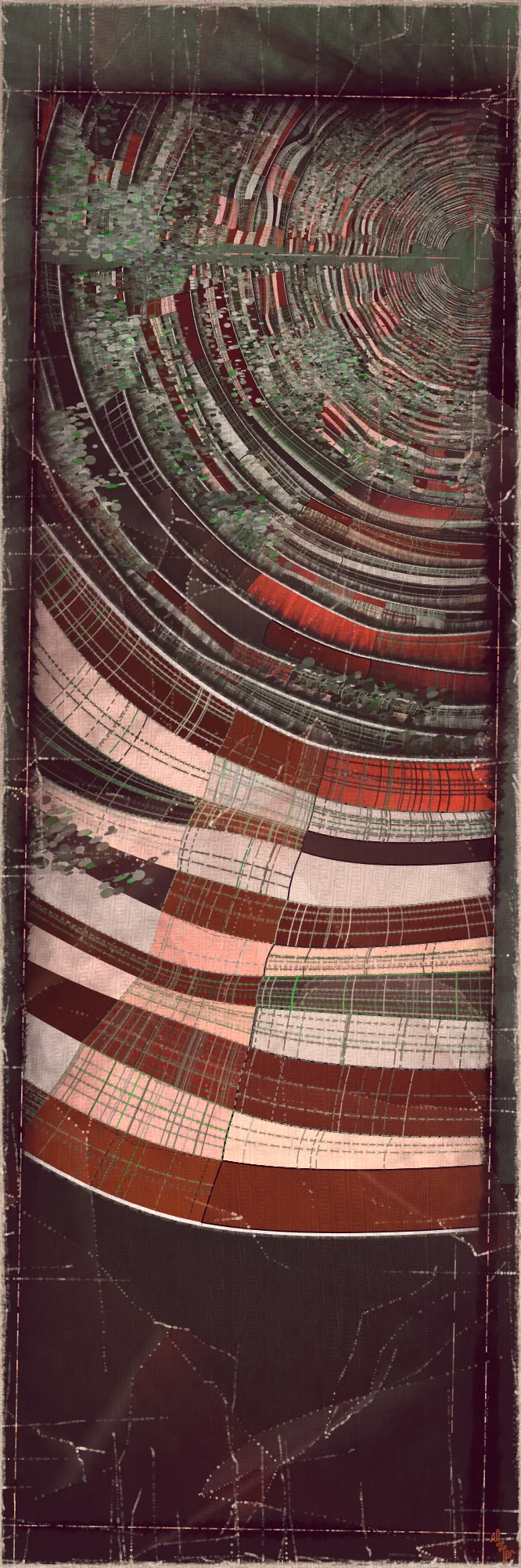 # Covehithe: An algorithmic study of ancestral landscape #

**Cove:** *a small sheltered bay; a concave arch*

**Hithe:** *a small port, harbor or haven especially on a river*
# . #

[

Covehithe is an expression of my deep connection to a remote stretch of coastline near my hometown in England. Rather than setting out to create literal landscape scenes I wanted to find a new authentically algorithmic interpretation of the landscape. This means using certain rudiments of landscape art as primitives in a process that is true to generative art making. Covehithe is my most evolved work to-date in terms of combining multiple texture algorithms in an attempt to create surfaces that look like they have been abraded and discolored by the churning of the sea. Another key goal of this work is to capture the sense of nostalgia, mystery and ambiance I associate with Covehithe. This expressly emotive concern I feel has not been explored so much within generative art.

Many of my ancestors stretching back at least five generations were seafarers from this small area of coastal Suffolk. Having spent countless hours walking along this coast, the dark tumultuous sea, the inclement weather, the primordial spectacle of rapidly eroding cliffs and shifting shingle banks, are deeply imprinted into my artistic vision. Spending time at Covehithe often fills me with a complex tapestry of emotions that somehow meld with the spirit of the land. I feel good art has the power to convey a paradox of thought and feeling. My hope with this series is to simultaneously make art that looks familiar and at the same time fresh and with a very specific blend of belonging and awe; melancholy and rejuvenation; comfort and exposure.

]

# . #
**Algorithmic distress vs skeuomorphism**

*The greatest art is the most convincing lie*— Pablo Picasso

[

Creating surfaces that look worn and discolored might be seen as skeuomorphic, however I feel there is an honesty to this type of treatment because objects in real life are also typically aged in an algorithmic way. Usually through a repetition of partially constrained movements and patterns of specific interactions. The intrinsic visual properties we find comforting and fascinating in antique surfaces can be created in generative art in a very direct and authentic way. When I remove these layers of textural distress the underlying work is often somewhat unapproachable and cold. I feel the compositional flow is also softened and unified by the addition of algorithmic distress. Transitions are easier to visually digest and the overall visual variety and interest of the surface is increased. Perhaps what’s more important is there is a sense in which the art has settled into the physical world and has had interactions with it. Of course this is a lie but every story we tell in art is a lie. When creating the distress marks I am careful to leave the simple circle and line primitive building blocks at a scale that makes it easy to see on close examination how the art is constructed. This reveals the truth about the lie and creates visual tension between the illusionistic and abstracted mark making. Painters have intentionally played with the tension between the ‘image’ and the reality of the marks and surface for centuries.

]

# . #
**An ancestral connection to land**

[

I’m fascinated by the idea of art capturing the ancestral memory of a place and transferring a deep sense of belonging and familiarity to an audience that may not have a direct experience of that land themselves. I personally feel this with some art and music that comes from Scandinavian countries. Somehow it feels like I know the atmosphere of that place and it resonates with my own nostalgia for my home in the UK, although I’ve never been to any Nordic countries.

The key concern for me with this project is capturing the melancholy and sober mood I associate with this place. It’s not that the sun never shines in Covehithe although it can seem like it sometimes. For me I’ve always been drawn to pathos and melancholy in art and music. Somehow I feel more able to access sadness through art in a way that feels whole and healing.

Whilst trying to articulate the ‘mood’ of this series I came up with the working title ‘hidden box landscapes’. The mental picture I have is of discovering an antique wooden box in an attic containing some precious personal effects from an ancestor. I wanted the outputs to have the feeling of old crinkled photos or drawings of landscapes that had been stored in such a secret box as a personal memento of a special place. Like an artifact of a deep emotional connection to the land and environmental characteristics.

]

# . #
**Forms and colors in Covehithe**

[

In the outputs I wanted to include a non-literal equivalent to footprints in the landscape. A trace of our passing through the landscape. I wanted this trace to look and feel light and delicate compared to the main mass of the landscape form. I settled on these sketched chains of arcs that look like they could be unfinished or temporary, but activate the negative space at the boundaries of the compositions. I didn’t want these marks to be on the landscape itself as the contrast of these two primitives would be lost. I loved how insignificant these marks look compared to the weight of the land. In abstracting them from the landscape I also wanted to give the impression these footsteps told a story about a journey or path in a vast space.

There is an intentional visual reference to quilting in these landscapes. The land itself is quilted. For me there is something very comforting and connected to a sense of home evoked by the image of a quilt. Strangely I feel I have inherited this just in the last 10 years since I’ve been living in the US. Quilting is a strong part of my wife’s family tradition and I wonder if I have absorbed an affinity for it through osmosis from my wife and her family. Quilting to my knowledge is not a significant tradition in native Suffolk. It strikes me that the cultural lexicon of motifs and visual references in art are key to making contact with our emotional core as humans. Art is never made or experienced in a vacuum, finding ways to weave persisting visual motifs, from our collective past, into my art making is one way I try to make my generative art more approachable and relatable. Doing this in a way that is not overtly literal — deriving forms and mark making that is familiar and yet not literal is a fascinating challenge for me.

Using generative color algorithms has become a default part of my generative practice. Although I use a very limited color space, I’m very happy with the color expression in this project. The primary forms are not partially transparent unlike in the background elements in both Velum and Fontana. Instead I build layers of color using the grid markings and spindrift spots that overlay the quilt patches. Combined with the algorithmic distress and patches of color modulation the totality of color is continuously shifting. Ultimately I feel color, texture and form are one and abstracting one from the others can give us a false idea of how the whole will work.

]

# . #
**Generative art as a medium to explore emotion**

*My work is about the great human emotions* — Mark Rothko

[

My personal goal as an artist is to find ways to explore the deep human emotions. On the face of it exploring emotion using code, math and geometry may seem counterintuitive at best if not plain impossible. In my mind it is the unobvious path that makes it have so much potential to produce something truly original. In another sense it doesn’t seem to me to be perverse at all. Having worked in this way for over a decade it actually feels just as direct as painting and drawing to me. Picture making regardless of the medium always requires problem solving, methodical application, a clear mind and full heart. The true superpower of the visual artist is to be able to look with a completely open heart and make a response to what is being revealed right in front of them. If the response is channeled through a paint brush or code function I see no fundamental difference. For me generative art is just a medium that can be worked with in the same direct way any medium can be explored. I ultimately feel a medium is just a means for the artist to explore and realize their own inner world.

There is a text in Tibetan Buddhism called ‘The genuine heart of sadness’. The sadness the text points to is born out of a deep unconditional compassion for all life, and is not a personal sadness of feeling sorry for oneself. I believe one of the great gifts of art and music is that it can help us access emotions that are much vaster than those born out of our own narrow self interest. Not that there’s anything wrong with this, the arts just can help us find a bigger space in our own emotional landscape. This is the ultimate hope with any art I make. With Covehithe, the emotion I wanted to characterize was a sorrow and longing that for me feels deeply rooted in the landscape of coastal Suffolk and maybe my ancestry. Perhaps hard for me to put into words which is why I make art.

]