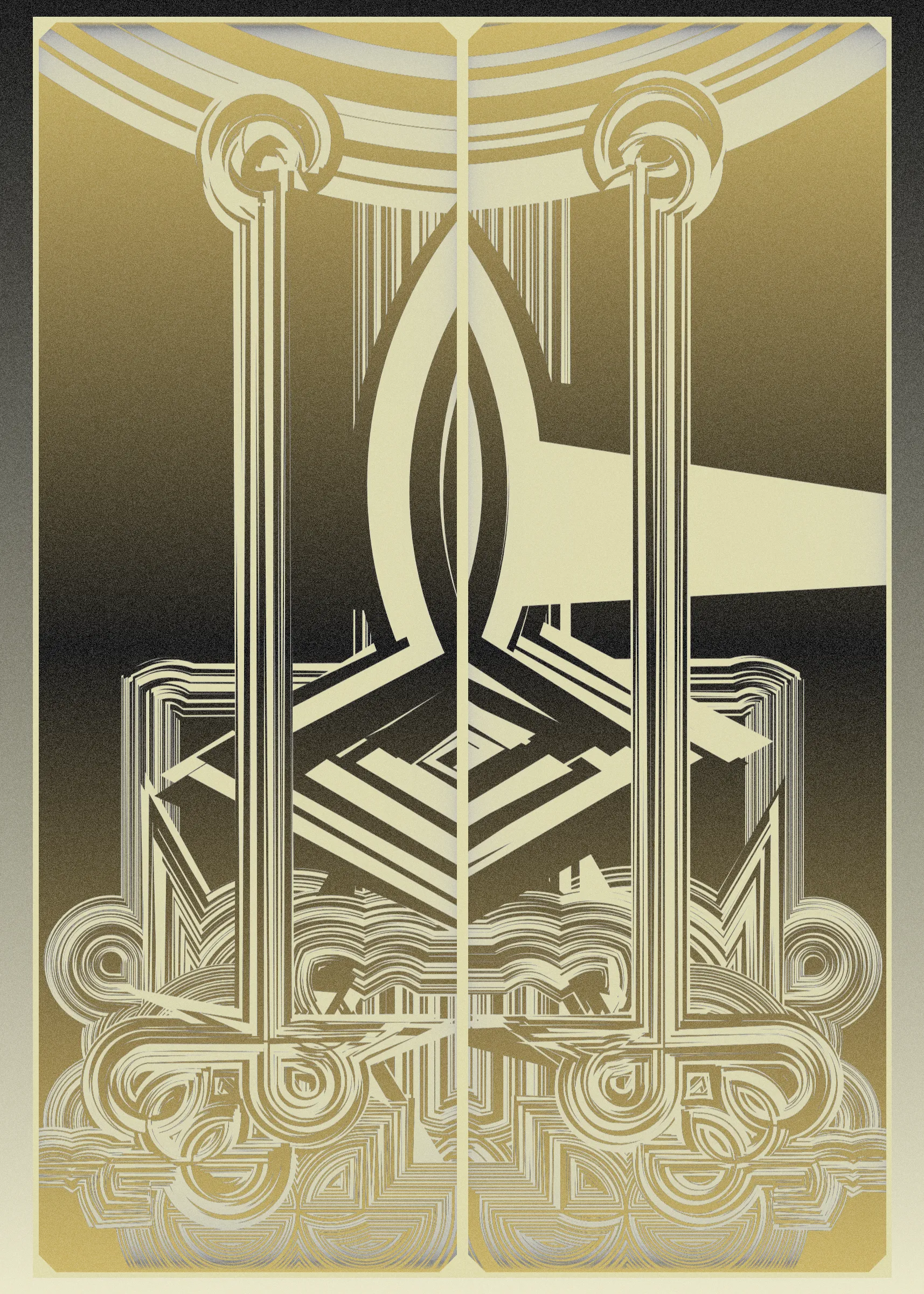 **Algorithmic Sketch**  
*Deco Echo* is an algorithmic sketch that explores quasi-symmetry. Unlike many of my previous long-form generative projects that combine multiple primitives to form a unified whole, *Deco Echo* uses a single generative building block, creating a surprisingly large diversity of distinct outputs. An algorithmic sketch is not inherently less valuable or artistically significant than more intricate works developed over many months. In fact, many beloved pieces from the generative art canon are based on very simple algorithms. Artistic value is not solely defined by complexity or work done but by clarity of instinct, thought, and inspiration. That said, hard work often paves the way for spontaneous moments of clarity.

**Quasi-Symmetry**  
*Deco Echo* marks my first exploration of what I call quasi-symmetry, where two mirrored outputs are generated simultaneously with slight variations. These quasi-symmetric structures are layered with more chaotic elements, which may differ entirely from their neighboring components. Symmetry, with its order and balance, typically brings a calming expression to compositions, but pure symmetry can lack tension. Quasi-symmetry is an attempt to gain the best of both worlds. This duality mirrors what we often see in nature—like the blend of symmetry and asymmetry in a face or tree.  

To complement the quasi-symmetry and chaotic elements, perfectly symmetric components are also incorporated, including the background, window surrounds, and gradient transforms, completing the triad of symmetric exploration.

**Compositional Components**  
The outputs are composed of three elements:  
1. **Perfectly Symmetric Elements:** Window cells, background, and gradient transforms.  
2. **Quasi-Symmetric Elements:** Black and white structures.  
3. **Chaotic Asymmetric Elements:** Base color and black details.
