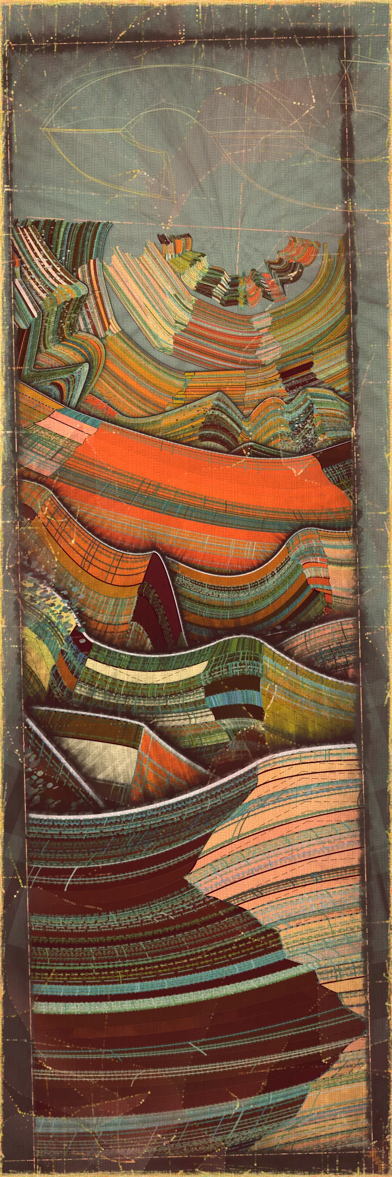 # Covehithe: An algorithmic study of ancestral landscape #

**Cove:** *a small sheltered bay; a concave arch*

**Hithe:** *a small port, harbor or haven especially on a river*
# . #

[

Covehithe is an expression of my deep connection to a remote stretch of coastline near my hometown in England. Rather than setting out to create literal landscape scenes I wanted to find a new authentically algorithmic interpretation of the landscape. This means using certain rudiments of landscape art as primitives in a process that is true to generative art making. Covehithe is my most evolved work to-date in terms of combining multiple texture algorithms in an attempt to create surfaces that look like they have been abraded and discolored by the churning of the sea. Another key goal of this work is to capture the sense of nostalgia, mystery and ambiance I associate with Covehithe. This expressly emotive concern I feel has not been explored so much within generative art.

Many of my ancestors stretching back at least five generations were seafarers from this small area of coastal Suffolk. Having spent countless hours walking along this coast, the dark tumultuous sea, the inclement weather, the primordial spectacle of rapidly eroding cliffs and shifting shingle banks, are deeply imprinted into my artistic vision. Spending time at Covehithe often fills me with a complex tapestry of emotions that somehow meld with the spirit of the land. I feel good art has the power to convey a paradox of thought and feeling. My hope with this series is to simultaneously make art that looks familiar and at the same time fresh and with a very specific blend of belonging and awe; melancholy and rejuvenation; comfort and exposure.

]

# . #
**Algorithmic distress vs skeuomorphism**

*The greatest art is the most convincing lie*— Pablo Picasso

[

Creating surfaces that look worn and discolored might be seen as skeuomorphic, however I feel there is an honesty to this type of treatment because objects in real life are also typically aged in an algorithmic way. Usually through a repetition of partially constrained movements and patterns of specific interactions. The intrinsic visual properties we find comforting and fascinating in antique surfaces can be created in generative art in a very direct and authentic way. When I remove these layers of textural distress the underlying work is often somewhat unapproachable and cold. I feel the compositional flow is also softened and unified by the addition of algorithmic distress. Transitions are easier to visually digest and the overall visual variety and interest of the surface is increased. Perhaps what’s more important is there is a sense in which the art has settled into the physical world and has had interactions with it. Of course this is a lie but every story we tell in art is a lie. When creating the distress marks I am careful to leave the simple circle and line primitive building blocks at a scale that makes it easy to see on close examination how the art is constructed. This reveals the truth about the lie and creates visual tension between the illusionistic and abstracted mark making. Painters have intentionally played with the tension between the ‘image’ and the reality of the marks and surface for centuries.

]

# . #
**An ancestral connection to land**

[

I’m fascinated by the idea of art capturing the ancestral memory of a place and transferring a deep sense of belonging and familiarity to an audience that may not have a direct experience of that land themselves. I personally feel this with some art and music that comes from Scandinavian countries. Somehow it feels like I know the atmosphere of that place and it resonates with my own nostalgia for my home in the UK, although I’ve never been to any Nordic countries.

The key concern for me with this project is capturing the melancholy and sober mood I associate with this place. It’s not that the sun never shines in Covehithe although it can seem like it sometimes. For me I’ve always been drawn to pathos and melancholy in art and music. Somehow I feel more able to access sadness through art in a way that feels whole and healing.

Whilst trying to articulate the ‘mood’ of this series I came up with the working title ‘hidden box landscapes’. The mental picture I have is of discovering an antique wooden box in an attic containing some precious personal effects from an ancestor. I wanted the outputs to have the feeling of old crinkled photos or drawings of landscapes that had been stored in such a secret box as a personal memento of a special place. Like an artifact of a deep emotional connection to the land and environmental characteristics.

]

# . #
**Forms and colors in Covehithe**

[

In the outputs I wanted to include a non-literal equivalent to footprints in the landscape. A trace of our passing through the landscape. I wanted this trace to look and feel light and delicate compared to the main mass of the landscape form. I settled on these sketched chains of arcs that look like they could be unfinished or temporary, but activate the negative space at the boundaries of the compositions. I didn’t want these marks to be on the landscape itself as the contrast of these two primitives would be lost. I loved how insignificant these marks look compared to the weight of the land. In abstracting them from the landscape I also wanted to give the impression these footsteps told a story about a journey or path in a vast space.

There is an intentional visual reference to quilting in these landscapes. The land itself is quilted. For me there is something very comforting and connected to a sense of home evoked by the image of a quilt. Strangely I feel I have inherited this just in the last 10 years since I’ve been living in the US. Quilting is a strong part of my wife’s family tradition and I wonder if I have absorbed an affinity for it through osmosis from my wife and her family. Quilting to my knowledge is not a significant tradition in native Suffolk. It strikes me that the cultural lexicon of motifs and visual references in art are key to making contact with our emotional core as humans. Art is never made or experienced in a vacuum, finding ways to weave persisting visual motifs, from our collective past, into my art making is one way I try to make my generative art more approachable and relatable. Doing this in a way that is not overtly literal — deriving forms and mark making that is familiar and yet not literal is a fascinating challenge for me.

Using generative color algorithms has become a default part of my generative practice. Although I use a very limited color space, I’m very happy with the color expression in this project. The primary forms are not partially transparent unlike in the background elements in both Velum and Fontana. Instead I build layers of color using the grid markings and spindrift spots that overlay the quilt patches. Combined with the algorithmic distress and patches of color modulation the totality of color is continuously shifting. Ultimately I feel color, texture and form are one and abstracting one from the others can give us a false idea of how the whole will work.

]

# . #
**Generative art as a medium to explore emotion**

*My work is about the great human emotions* — Mark Rothko

[

My personal goal as an artist is to find ways to explore the deep human emotions. On the face of it exploring emotion using code, math and geometry may seem counterintuitive at best if not plain impossible. In my mind it is the unobvious path that makes it have so much potential to produce something truly original. In another sense it doesn’t seem to me to be perverse at all. Having worked in this way for over a decade it actually feels just as direct as painting and drawing to me. Picture making regardless of the medium always requires problem solving, methodical application, a clear mind and full heart. The true superpower of the visual artist is to be able to look with a completely open heart and make a response to what is being revealed right in front of them. If the response is channeled through a paint brush or code function I see no fundamental difference. For me generative art is just a medium that can be worked with in the same direct way any medium can be explored. I ultimately feel a medium is just a means for the artist to explore and realize their own inner world.

There is a text in Tibetan Buddhism called ‘The genuine heart of sadness’. The sadness the text points to is born out of a deep unconditional compassion for all life, and is not a personal sadness of feeling sorry for oneself. I believe one of the great gifts of art and music is that it can help us access emotions that are much vaster than those born out of our own narrow self interest. Not that there’s anything wrong with this, the arts just can help us find a bigger space in our own emotional landscape. This is the ultimate hope with any art I make. With Covehithe, the emotion I wanted to characterize was a sorrow and longing that for me feels deeply rooted in the landscape of coastal Suffolk and maybe my ancestry. Perhaps hard for me to put into words which is why I make art.

]