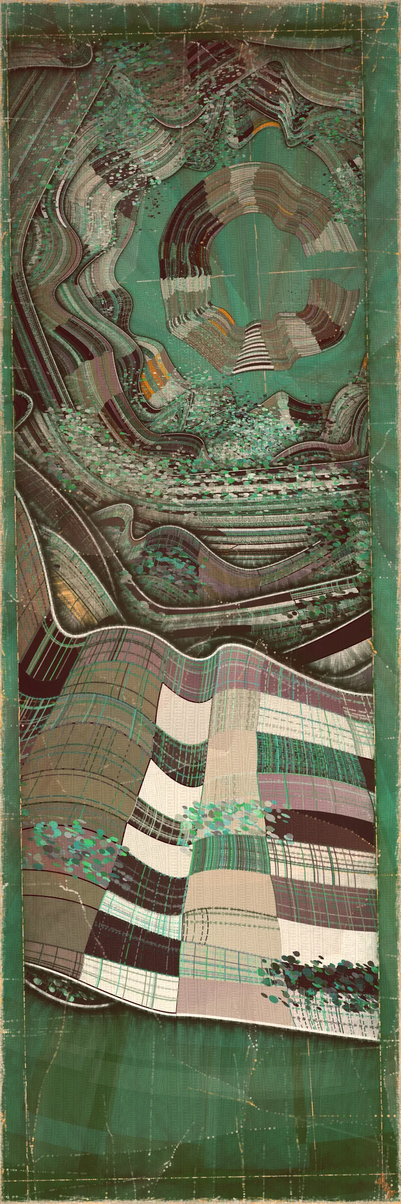 # Covehithe: An algorithmic study of ancestral landscape #

**Cove:** *a small sheltered bay; a concave arch*

**Hithe:** *a small port, harbor or haven especially on a river*
# . #

[

Covehithe is an expression of my deep connection to a remote stretch of coastline near my hometown in England. Rather than setting out to create literal landscape scenes I wanted to find a new authentically algorithmic interpretation of the landscape. This means using certain rudiments of landscape art as primitives in a process that is true to generative art making. Covehithe is my most evolved work to-date in terms of combining multiple texture algorithms in an attempt to create surfaces that look like they have been abraded and discolored by the churning of the sea. Another key goal of this work is to capture the sense of nostalgia, mystery and ambiance I associate with Covehithe. This expressly emotive concern I feel has not been explored so much within generative art.

Many of my ancestors stretching back at least five generations were seafarers from this small area of coastal Suffolk. Having spent countless hours walking along this coast, the dark tumultuous sea, the inclement weather, the primordial spectacle of rapidly eroding cliffs and shifting shingle banks, are deeply imprinted into my artistic vision. Spending time at Covehithe often fills me with a complex tapestry of emotions that somehow meld with the spirit of the land. I feel good art has the power to convey a paradox of thought and feeling. My hope with this series is to simultaneously make art that looks familiar and at the same time fresh and with a very specific blend of belonging and awe; melancholy and rejuvenation; comfort and exposure.

]

# . #
**Algorithmic distress vs skeuomorphism**

*The greatest art is the most convincing lie*— Pablo Picasso

[

Creating surfaces that look worn and discolored might be seen as skeuomorphic, however I feel there is an honesty to this type of treatment because objects in real life are also typically aged in an algorithmic way. Usually through a repetition of partially constrained movements and patterns of specific interactions. The intrinsic visual properties we find comforting and fascinating in antique surfaces can be created in generative art in a very direct and authentic way. When I remove these layers of textural distress the underlying work is often somewhat unapproachable and cold. I feel the compositional flow is also softened and unified by the addition of algorithmic distress. Transitions are easier to visually digest and the overall visual variety and interest of the surface is increased. Perhaps what’s more important is there is a sense in which the art has settled into the physical world and has had interactions with it. Of course this is a lie but every story we tell in art is a lie. When creating the distress marks I am careful to leave the simple circle and line primitive building blocks at a scale that makes it easy to see on close examination how the art is constructed. This reveals the truth about the lie and creates visual tension between the illusionistic and abstracted mark making. Painters have intentionally played with the tension between the ‘image’ and the reality of the marks and surface for centuries.

]

# . #
**An ancestral connection to land**

[

I’m fascinated by the idea of art capturing the ancestral memory of a place and transferring a deep sense of belonging and familiarity to an audience that may not have a direct experience of that land themselves. I personally feel this with some art and music that comes from Scandinavian countries. Somehow it feels like I know the atmosphere of that place and it resonates with my own nostalgia for my home in the UK, although I’ve never been to any Nordic countries.

The key concern for me with this project is capturing the melancholy and sober mood I associate with this place. It’s not that the sun never shines in Covehithe although it can seem like it sometimes. For me I’ve always been drawn to pathos and melancholy in art and music. Somehow I feel more able to access sadness through art in a way that feels whole and healing.

Whilst trying to articulate the ‘mood’ of this series I came up with the working title ‘hidden box landscapes’. The mental picture I have is of discovering an antique wooden box in an attic containing some precious personal effects from an ancestor. I wanted the outputs to have the feeling of old crinkled photos or drawings of landscapes that had been stored in such a secret box as a personal memento of a special place. Like an artifact of a deep emotional connection to the land and environmental characteristics.

]

# . #
**Forms and colors in Covehithe**

[

In the outputs I wanted to include a non-literal equivalent to footprints in the landscape. A trace of our passing through the landscape. I wanted this trace to look and feel light and delicate compared to the main mass of the landscape form. I settled on these sketched chains of arcs that look like they could be unfinished or temporary, but activate the negative space at the boundaries of the compositions. I didn’t want these marks to be on the landscape itself as the contrast of these two primitives would be lost. I loved how insignificant these marks look compared to the weight of the land. In abstracting them from the landscape I also wanted to give the impression these footsteps told a story about a journey or path in a vast space.

There is an intentional visual reference to quilting in these landscapes. The land itself is quilted. For me there is something very comforting and connected to a sense of home evoked by the image of a quilt. Strangely I feel I have inherited this just in the last 10 years since I’ve been living in the US. Quilting is a strong part of my wife’s family tradition and I wonder if I have absorbed an affinity for it through osmosis from my wife and her family. Quilting to my knowledge is not a significant tradition in native Suffolk. It strikes me that the cultural lexicon of motifs and visual references in art are key to making contact with our emotional core as humans. Art is never made or experienced in a vacuum, finding ways to weave persisting visual motifs, from our collective past, into my art making is one way I try to make my generative art more approachable and relatable. Doing this in a way that is not overtly literal — deriving forms and mark making that is familiar and yet not literal is a fascinating challenge for me.

Using generative color algorithms has become a default part of my generative practice. Although I use a very limited color space, I’m very happy with the color expression in this project. The primary forms are not partially transparent unlike in the background elements in both Velum and Fontana. Instead I build layers of color using the grid markings and spindrift spots that overlay the quilt patches. Combined with the algorithmic distress and patches of color modulation the totality of color is continuously shifting. Ultimately I feel color, texture and form are one and abstracting one from the others can give us a false idea of how the whole will work.

]

# . #
**Generative art as a medium to explore emotion**

*My work is about the great human emotions* — Mark Rothko

[

My personal goal as an artist is to find ways to explore the deep human emotions. On the face of it exploring emotion using code, math and geometry may seem counterintuitive at best if not plain impossible. In my mind it is the unobvious path that makes it have so much potential to produce something truly original. In another sense it doesn’t seem to me to be perverse at all. Having worked in this way for over a decade it actually feels just as direct as painting and drawing to me. Picture making regardless of the medium always requires problem solving, methodical application, a clear mind and full heart. The true superpower of the visual artist is to be able to look with a completely open heart and make a response to what is being revealed right in front of them. If the response is channeled through a paint brush or code function I see no fundamental difference. For me generative art is just a medium that can be worked with in the same direct way any medium can be explored. I ultimately feel a medium is just a means for the artist to explore and realize their own inner world.

There is a text in Tibetan Buddhism called ‘The genuine heart of sadness’. The sadness the text points to is born out of a deep unconditional compassion for all life, and is not a personal sadness of feeling sorry for oneself. I believe one of the great gifts of art and music is that it can help us access emotions that are much vaster than those born out of our own narrow self interest. Not that there’s anything wrong with this, the arts just can help us find a bigger space in our own emotional landscape. This is the ultimate hope with any art I make. With Covehithe, the emotion I wanted to characterize was a sorrow and longing that for me feels deeply rooted in the landscape of coastal Suffolk and maybe my ancestry. Perhaps hard for me to put into words which is why I make art.

]