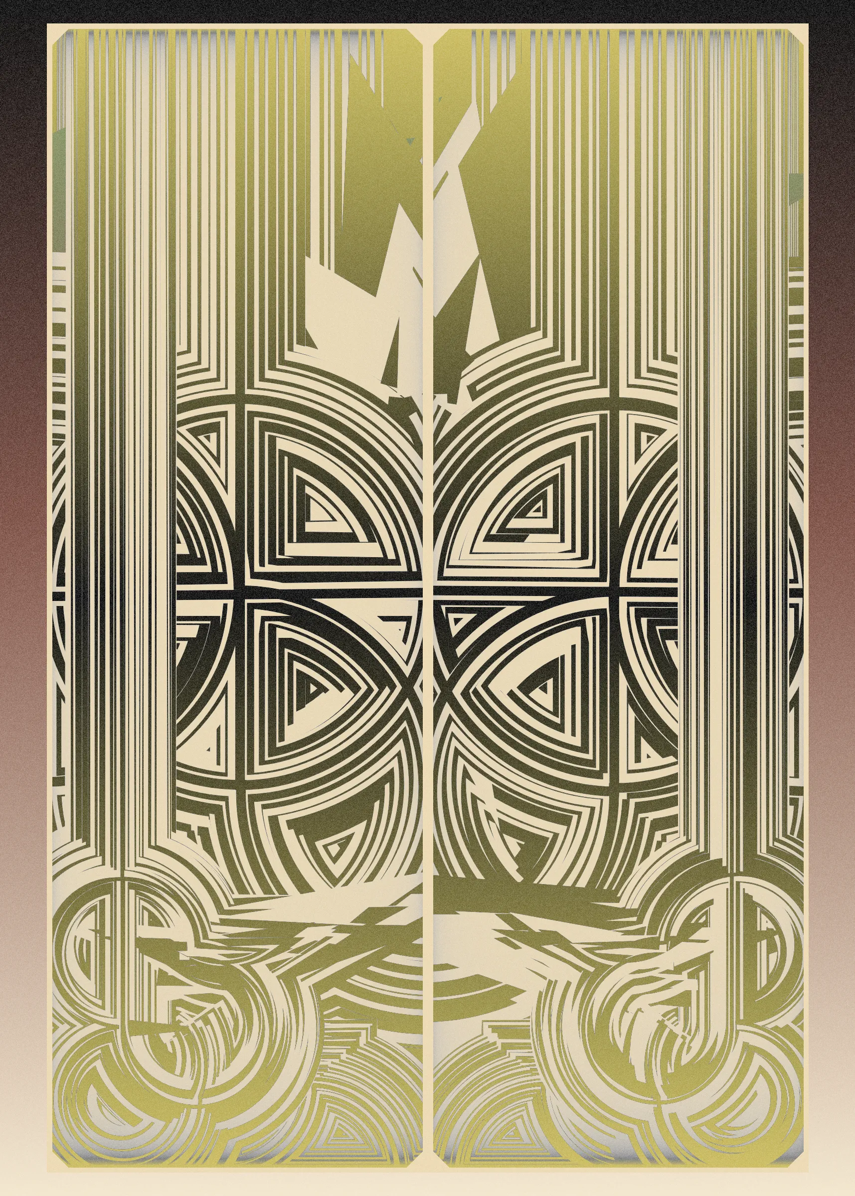 **Algorithmic Sketch**  
*Deco Echo* is an algorithmic sketch that explores quasi-symmetry. Unlike many of my previous long-form generative projects that combine multiple primitives to form a unified whole, *Deco Echo* uses a single generative building block, creating a surprisingly large diversity of distinct outputs. An algorithmic sketch is not inherently less valuable or artistically significant than more intricate works developed over many months. In fact, many beloved pieces from the generative art canon are based on very simple algorithms. Artistic value is not solely defined by complexity or work done but by clarity of instinct, thought, and inspiration. That said, hard work often paves the way for spontaneous moments of clarity.

**Quasi-Symmetry**  
*Deco Echo* marks my first exploration of what I call quasi-symmetry, where two mirrored outputs are generated simultaneously with slight variations. These quasi-symmetric structures are layered with more chaotic elements, which may differ entirely from their neighboring components. Symmetry, with its order and balance, typically brings a calming expression to compositions, but pure symmetry can lack tension. Quasi-symmetry is an attempt to gain the best of both worlds. This duality mirrors what we often see in nature—like the blend of symmetry and asymmetry in a face or tree.  

To complement the quasi-symmetry and chaotic elements, perfectly symmetric components are also incorporated, including the background, window surrounds, and gradient transforms, completing the triad of symmetric exploration.

**Compositional Components**  
The outputs are composed of three elements:  
1. **Perfectly Symmetric Elements:** Window cells, background, and gradient transforms.  
2. **Quasi-Symmetric Elements:** Black and white structures.  
3. **Chaotic Asymmetric Elements:** Base color and black details.
