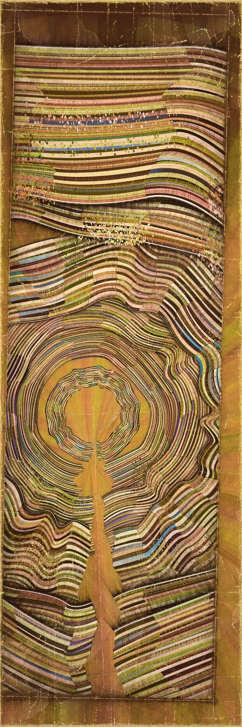 # Covehithe: An algorithmic study of ancestral landscape #

**Cove:** *a small sheltered bay; a concave arch*

**Hithe:** *a small port, harbor or haven especially on a river*
# . #

[

Covehithe is an expression of my deep connection to a remote stretch of coastline near my hometown in England. Rather than setting out to create literal landscape scenes I wanted to find a new authentically algorithmic interpretation of the landscape. This means using certain rudiments of landscape art as primitives in a process that is true to generative art making. Covehithe is my most evolved work to-date in terms of combining multiple texture algorithms in an attempt to create surfaces that look like they have been abraded and discolored by the churning of the sea. Another key goal of this work is to capture the sense of nostalgia, mystery and ambiance I associate with Covehithe. This expressly emotive concern I feel has not been explored so much within generative art.

Many of my ancestors stretching back at least five generations were seafarers from this small area of coastal Suffolk. Having spent countless hours walking along this coast, the dark tumultuous sea, the inclement weather, the primordial spectacle of rapidly eroding cliffs and shifting shingle banks, are deeply imprinted into my artistic vision. Spending time at Covehithe often fills me with a complex tapestry of emotions that somehow meld with the spirit of the land. I feel good art has the power to convey a paradox of thought and feeling. My hope with this series is to simultaneously make art that looks familiar and at the same time fresh and with a very specific blend of belonging and awe; melancholy and rejuvenation; comfort and exposure.

]

# . #
**Algorithmic distress vs skeuomorphism**

*The greatest art is the most convincing lie*— Pablo Picasso

[

Creating surfaces that look worn and discolored might be seen as skeuomorphic, however I feel there is an honesty to this type of treatment because objects in real life are also typically aged in an algorithmic way. Usually through a repetition of partially constrained movements and patterns of specific interactions. The intrinsic visual properties we find comforting and fascinating in antique surfaces can be created in generative art in a very direct and authentic way. When I remove these layers of textural distress the underlying work is often somewhat unapproachable and cold. I feel the compositional flow is also softened and unified by the addition of algorithmic distress. Transitions are easier to visually digest and the overall visual variety and interest of the surface is increased. Perhaps what’s more important is there is a sense in which the art has settled into the physical world and has had interactions with it. Of course this is a lie but every story we tell in art is a lie. When creating the distress marks I am careful to leave the simple circle and line primitive building blocks at a scale that makes it easy to see on close examination how the art is constructed. This reveals the truth about the lie and creates visual tension between the illusionistic and abstracted mark making. Painters have intentionally played with the tension between the ‘image’ and the reality of the marks and surface for centuries.

]

# . #
**An ancestral connection to land**

[

I’m fascinated by the idea of art capturing the ancestral memory of a place and transferring a deep sense of belonging and familiarity to an audience that may not have a direct experience of that land themselves. I personally feel this with some art and music that comes from Scandinavian countries. Somehow it feels like I know the atmosphere of that place and it resonates with my own nostalgia for my home in the UK, although I’ve never been to any Nordic countries.

The key concern for me with this project is capturing the melancholy and sober mood I associate with this place. It’s not that the sun never shines in Covehithe although it can seem like it sometimes. For me I’ve always been drawn to pathos and melancholy in art and music. Somehow I feel more able to access sadness through art in a way that feels whole and healing.

Whilst trying to articulate the ‘mood’ of this series I came up with the working title ‘hidden box landscapes’. The mental picture I have is of discovering an antique wooden box in an attic containing some precious personal effects from an ancestor. I wanted the outputs to have the feeling of old crinkled photos or drawings of landscapes that had been stored in such a secret box as a personal memento of a special place. Like an artifact of a deep emotional connection to the land and environmental characteristics.

]

# . #
**Forms and colors in Covehithe**

[

In the outputs I wanted to include a non-literal equivalent to footprints in the landscape. A trace of our passing through the landscape. I wanted this trace to look and feel light and delicate compared to the main mass of the landscape form. I settled on these sketched chains of arcs that look like they could be unfinished or temporary, but activate the negative space at the boundaries of the compositions. I didn’t want these marks to be on the landscape itself as the contrast of these two primitives would be lost. I loved how insignificant these marks look compared to the weight of the land. In abstracting them from the landscape I also wanted to give the impression these footsteps told a story about a journey or path in a vast space.

There is an intentional visual reference to quilting in these landscapes. The land itself is quilted. For me there is something very comforting and connected to a sense of home evoked by the image of a quilt. Strangely I feel I have inherited this just in the last 10 years since I’ve been living in the US. Quilting is a strong part of my wife’s family tradition and I wonder if I have absorbed an affinity for it through osmosis from my wife and her family. Quilting to my knowledge is not a significant tradition in native Suffolk. It strikes me that the cultural lexicon of motifs and visual references in art are key to making contact with our emotional core as humans. Art is never made or experienced in a vacuum, finding ways to weave persisting visual motifs, from our collective past, into my art making is one way I try to make my generative art more approachable and relatable. Doing this in a way that is not overtly literal — deriving forms and mark making that is familiar and yet not literal is a fascinating challenge for me.

Using generative color algorithms has become a default part of my generative practice. Although I use a very limited color space, I’m very happy with the color expression in this project. The primary forms are not partially transparent unlike in the background elements in both Velum and Fontana. Instead I build layers of color using the grid markings and spindrift spots that overlay the quilt patches. Combined with the algorithmic distress and patches of color modulation the totality of color is continuously shifting. Ultimately I feel color, texture and form are one and abstracting one from the others can give us a false idea of how the whole will work.

]

# . #
**Generative art as a medium to explore emotion**

*My work is about the great human emotions* — Mark Rothko

[

My personal goal as an artist is to find ways to explore the deep human emotions. On the face of it exploring emotion using code, math and geometry may seem counterintuitive at best if not plain impossible. In my mind it is the unobvious path that makes it have so much potential to produce something truly original. In another sense it doesn’t seem to me to be perverse at all. Having worked in this way for over a decade it actually feels just as direct as painting and drawing to me. Picture making regardless of the medium always requires problem solving, methodical application, a clear mind and full heart. The true superpower of the visual artist is to be able to look with a completely open heart and make a response to what is being revealed right in front of them. If the response is channeled through a paint brush or code function I see no fundamental difference. For me generative art is just a medium that can be worked with in the same direct way any medium can be explored. I ultimately feel a medium is just a means for the artist to explore and realize their own inner world.

There is a text in Tibetan Buddhism called ‘The genuine heart of sadness’. The sadness the text points to is born out of a deep unconditional compassion for all life, and is not a personal sadness of feeling sorry for oneself. I believe one of the great gifts of art and music is that it can help us access emotions that are much vaster than those born out of our own narrow self interest. Not that there’s anything wrong with this, the arts just can help us find a bigger space in our own emotional landscape. This is the ultimate hope with any art I make. With Covehithe, the emotion I wanted to characterize was a sorrow and longing that for me feels deeply rooted in the landscape of coastal Suffolk and maybe my ancestry. Perhaps hard for me to put into words which is why I make art.

]