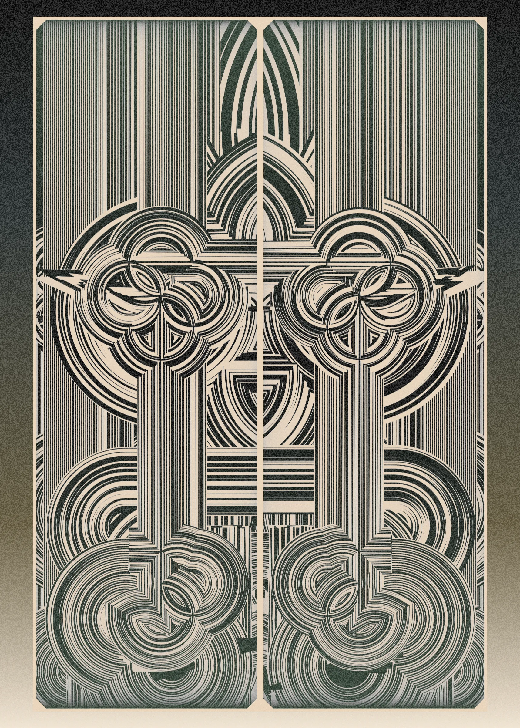**Algorithmic Sketch**  
*Deco Echo* is an algorithmic sketch that explores quasi-symmetry. Unlike many of my previous long-form generative projects that combine multiple primitives to form a unified whole, *Deco Echo* uses a single generative building block, creating a surprisingly large diversity of distinct outputs. An algorithmic sketch is not inherently less valuable or artistically significant than more intricate works developed over many months. In fact, many beloved pieces from the generative art canon are based on very simple algorithms. Artistic value is not solely defined by complexity or work done but by clarity of instinct, thought, and inspiration. That said, hard work often paves the way for spontaneous moments of clarity.

**Quasi-Symmetry**  
*Deco Echo* marks my first exploration of what I call quasi-symmetry, where two mirrored outputs are generated simultaneously with slight variations. These quasi-symmetric structures are layered with more chaotic elements, which may differ entirely from their neighboring components. Symmetry, with its order and balance, typically brings a calming expression to compositions, but pure symmetry can lack tension. Quasi-symmetry is an attempt to gain the best of both worlds. This duality mirrors what we often see in nature—like the blend of symmetry and asymmetry in a face or tree.  

To complement the quasi-symmetry and chaotic elements, perfectly symmetric components are also incorporated, including the background, window surrounds, and gradient transforms, completing the triad of symmetric exploration.

**Compositional Components**  
The outputs are composed of three elements:  
1. **Perfectly Symmetric Elements:** Window cells, background, and gradient transforms.  
2. **Quasi-Symmetric Elements:** Black and white structures.  
3. **Chaotic Asymmetric Elements:** Base color and black details.
