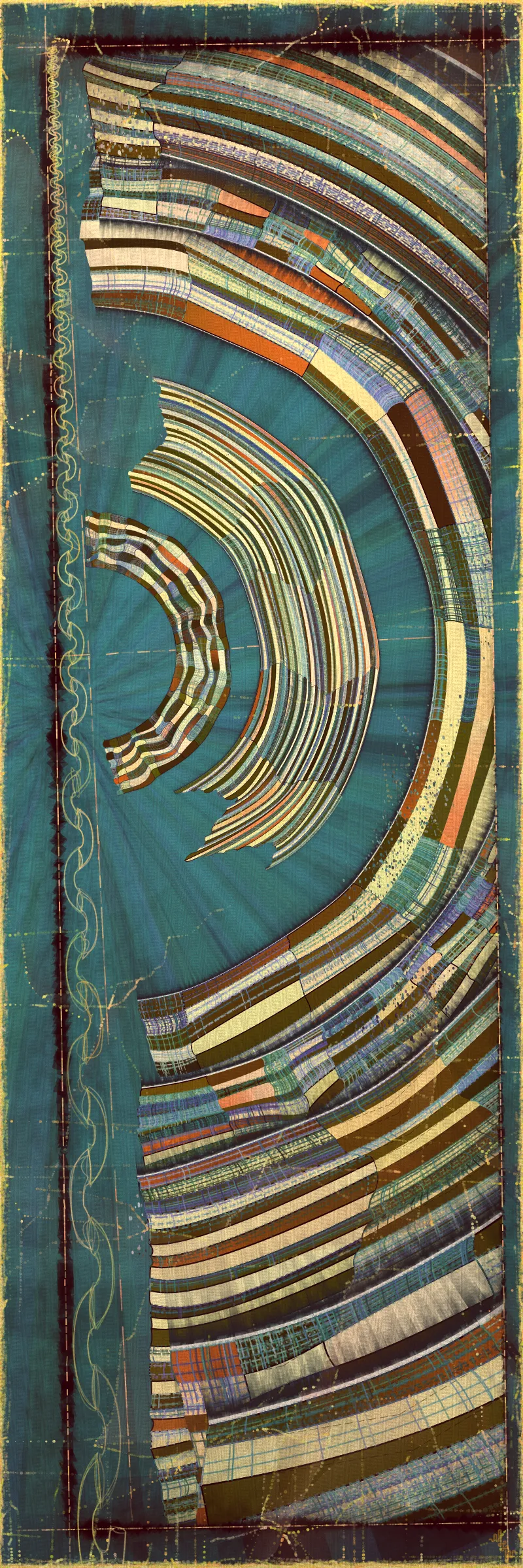 # Covehithe: An algorithmic study of ancestral landscape #

**Cove:** *a small sheltered bay; a concave arch*

**Hithe:** *a small port, harbor or haven especially on a river*
# . #

[

Covehithe is an expression of my deep connection to a remote stretch of coastline near my hometown in England. Rather than setting out to create literal landscape scenes I wanted to find a new authentically algorithmic interpretation of the landscape. This means using certain rudiments of landscape art as primitives in a process that is true to generative art making. Covehithe is my most evolved work to-date in terms of combining multiple texture algorithms in an attempt to create surfaces that look like they have been abraded and discolored by the churning of the sea. Another key goal of this work is to capture the sense of nostalgia, mystery and ambiance I associate with Covehithe. This expressly emotive concern I feel has not been explored so much within generative art.

Many of my ancestors stretching back at least five generations were seafarers from this small area of coastal Suffolk. Having spent countless hours walking along this coast, the dark tumultuous sea, the inclement weather, the primordial spectacle of rapidly eroding cliffs and shifting shingle banks, are deeply imprinted into my artistic vision. Spending time at Covehithe often fills me with a complex tapestry of emotions that somehow meld with the spirit of the land. I feel good art has the power to convey a paradox of thought and feeling. My hope with this series is to simultaneously make art that looks familiar and at the same time fresh and with a very specific blend of belonging and awe; melancholy and rejuvenation; comfort and exposure.

]

# . #
**Algorithmic distress vs skeuomorphism**

*The greatest art is the most convincing lie*— Pablo Picasso

[

Creating surfaces that look worn and discolored might be seen as skeuomorphic, however I feel there is an honesty to this type of treatment because objects in real life are also typically aged in an algorithmic way. Usually through a repetition of partially constrained movements and patterns of specific interactions. The intrinsic visual properties we find comforting and fascinating in antique surfaces can be created in generative art in a very direct and authentic way. When I remove these layers of textural distress the underlying work is often somewhat unapproachable and cold. I feel the compositional flow is also softened and unified by the addition of algorithmic distress. Transitions are easier to visually digest and the overall visual variety and interest of the surface is increased. Perhaps what’s more important is there is a sense in which the art has settled into the physical world and has had interactions with it. Of course this is a lie but every story we tell in art is a lie. When creating the distress marks I am careful to leave the simple circle and line primitive building blocks at a scale that makes it easy to see on close examination how the art is constructed. This reveals the truth about the lie and creates visual tension between the illusionistic and abstracted mark making. Painters have intentionally played with the tension between the ‘image’ and the reality of the marks and surface for centuries.

]

# . #
**An ancestral connection to land**

[

I’m fascinated by the idea of art capturing the ancestral memory of a place and transferring a deep sense of belonging and familiarity to an audience that may not have a direct experience of that land themselves. I personally feel this with some art and music that comes from Scandinavian countries. Somehow it feels like I know the atmosphere of that place and it resonates with my own nostalgia for my home in the UK, although I’ve never been to any Nordic countries.

The key concern for me with this project is capturing the melancholy and sober mood I associate with this place. It’s not that the sun never shines in Covehithe although it can seem like it sometimes. For me I’ve always been drawn to pathos and melancholy in art and music. Somehow I feel more able to access sadness through art in a way that feels whole and healing.

Whilst trying to articulate the ‘mood’ of this series I came up with the working title ‘hidden box landscapes’. The mental picture I have is of discovering an antique wooden box in an attic containing some precious personal effects from an ancestor. I wanted the outputs to have the feeling of old crinkled photos or drawings of landscapes that had been stored in such a secret box as a personal memento of a special place. Like an artifact of a deep emotional connection to the land and environmental characteristics.

]

# . #
**Forms and colors in Covehithe**

[

In the outputs I wanted to include a non-literal equivalent to footprints in the landscape. A trace of our passing through the landscape. I wanted this trace to look and feel light and delicate compared to the main mass of the landscape form. I settled on these sketched chains of arcs that look like they could be unfinished or temporary, but activate the negative space at the boundaries of the compositions. I didn’t want these marks to be on the landscape itself as the contrast of these two primitives would be lost. I loved how insignificant these marks look compared to the weight of the land. In abstracting them from the landscape I also wanted to give the impression these footsteps told a story about a journey or path in a vast space.

There is an intentional visual reference to quilting in these landscapes. The land itself is quilted. For me there is something very comforting and connected to a sense of home evoked by the image of a quilt. Strangely I feel I have inherited this just in the last 10 years since I’ve been living in the US. Quilting is a strong part of my wife’s family tradition and I wonder if I have absorbed an affinity for it through osmosis from my wife and her family. Quilting to my knowledge is not a significant tradition in native Suffolk. It strikes me that the cultural lexicon of motifs and visual references in art are key to making contact with our emotional core as humans. Art is never made or experienced in a vacuum, finding ways to weave persisting visual motifs, from our collective past, into my art making is one way I try to make my generative art more approachable and relatable. Doing this in a way that is not overtly literal — deriving forms and mark making that is familiar and yet not literal is a fascinating challenge for me.

Using generative color algorithms has become a default part of my generative practice. Although I use a very limited color space, I’m very happy with the color expression in this project. The primary forms are not partially transparent unlike in the background elements in both Velum and Fontana. Instead I build layers of color using the grid markings and spindrift spots that overlay the quilt patches. Combined with the algorithmic distress and patches of color modulation the totality of color is continuously shifting. Ultimately I feel color, texture and form are one and abstracting one from the others can give us a false idea of how the whole will work.

]

# . #
**Generative art as a medium to explore emotion**

*My work is about the great human emotions* — Mark Rothko

[

My personal goal as an artist is to find ways to explore the deep human emotions. On the face of it exploring emotion using code, math and geometry may seem counterintuitive at best if not plain impossible. In my mind it is the unobvious path that makes it have so much potential to produce something truly original. In another sense it doesn’t seem to me to be perverse at all. Having worked in this way for over a decade it actually feels just as direct as painting and drawing to me. Picture making regardless of the medium always requires problem solving, methodical application, a clear mind and full heart. The true superpower of the visual artist is to be able to look with a completely open heart and make a response to what is being revealed right in front of them. If the response is channeled through a paint brush or code function I see no fundamental difference. For me generative art is just a medium that can be worked with in the same direct way any medium can be explored. I ultimately feel a medium is just a means for the artist to explore and realize their own inner world.

There is a text in Tibetan Buddhism called ‘The genuine heart of sadness’. The sadness the text points to is born out of a deep unconditional compassion for all life, and is not a personal sadness of feeling sorry for oneself. I believe one of the great gifts of art and music is that it can help us access emotions that are much vaster than those born out of our own narrow self interest. Not that there’s anything wrong with this, the arts just can help us find a bigger space in our own emotional landscape. This is the ultimate hope with any art I make. With Covehithe, the emotion I wanted to characterize was a sorrow and longing that for me feels deeply rooted in the landscape of coastal Suffolk and maybe my ancestry. Perhaps hard for me to put into words which is why I make art.

]