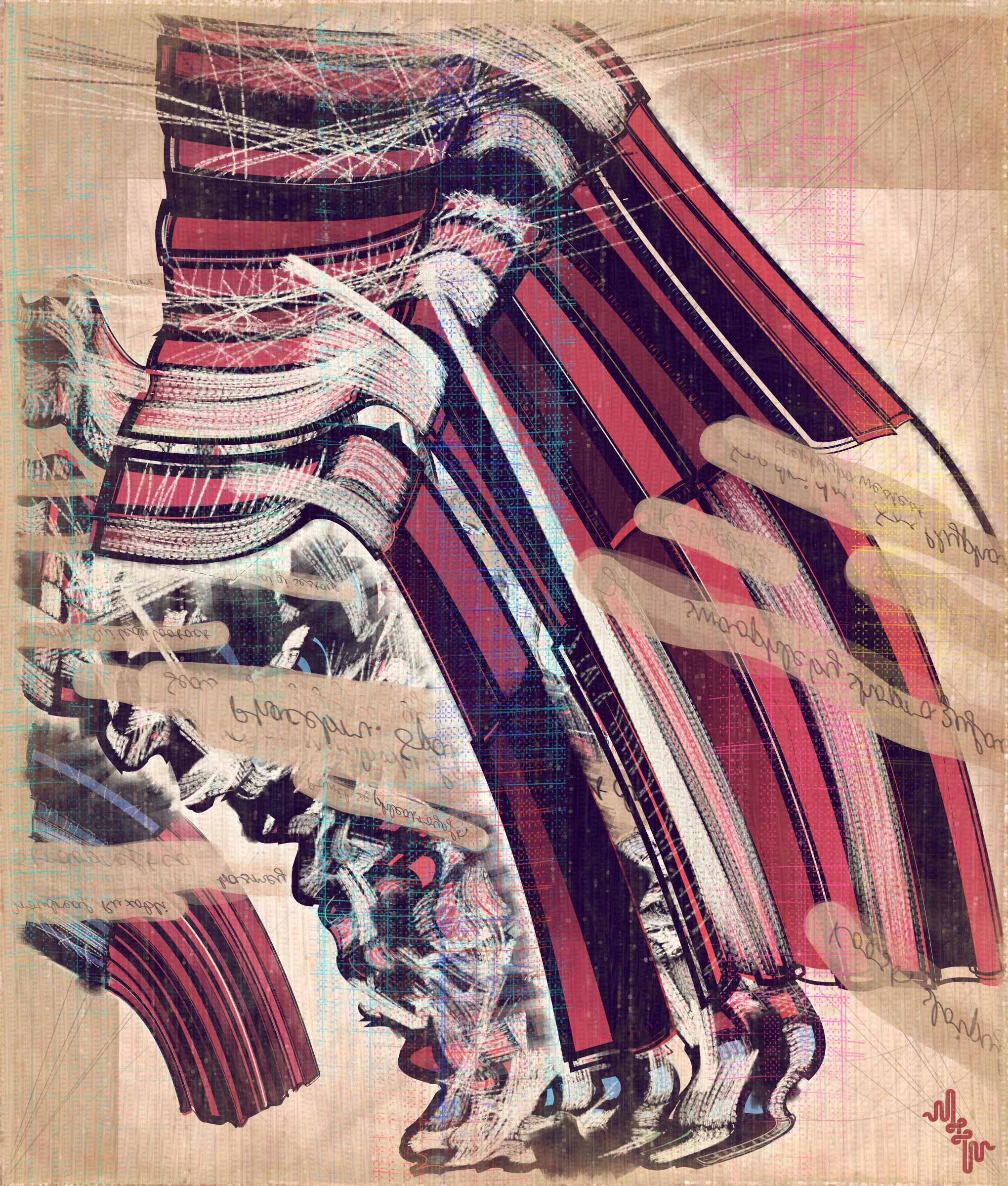 # Algorithmic Expressionism and the Landscape of Madness #
# . #
## Landscape Inversion ##
This project began with a whimsical idea: to invert the convention of landscape painting on canvas—one of the most ubiquitous motifs in art history. Instead of painting a scene or vista onto the canvas, I imagined an algorithmic domain shaped by the flowing material properties of the canvas itself. 
# . #
## Mark Making and the Digital Surface ##
Bold gestural markings within this algorithm also evolved into a way of defining scale and movement in the landscape. They serve as a bridge between the illusion of receding depth and the true flatness of the digital surface. For centuries, bold brushstrokes—evidence of the painterly act—have created intentional tension between illusionism and the physical reality of the canvas. The gestural marks in this series, although complex and layered, are still clearly derived from rudimentary vector-based primitives. Preserving the evidence of a digitally native process is my reinterpretation of this same artifact found in representational painting.
# . #
## Gesture and Abstraction ##
Algorithmic mark making reminiscent of human gesture is not really abstract. They are more representational of artifacts created by the human skeleton in the creative act. Through this association gesture seems to have a direct expressive path to our deep human emotions. When gestures become incoherent and turbulent, something in us feels this as a kind of violence. Although Amplitudes of Canvas started life as gently flowing landscape-esk forms, the use of gesture became stronger and the spectrum of movement and expressive power of the work ramped up considerably. The addition of the floor plane reminded me of Victorian hospital rooms. In some of these works emerged the traces of an asylum, a container for the more extreme gestural madness appearing at the out edges of the algorithm's expressive space.
# . #
## The Infinite Sketchbook of a Mad Person ##
Outputs are like sketches in the sense they are only glimpses into the totality of the algorithm. They are never fully crystalized. They are like the outflow of a mad person because the insane often get caught in loops, obsessing over the same patterns. Through their interaction with the world, the patterns get expressed in varied ways, each time new, but recognizable as belonging to the same behavior. The mad person compared to the average person thus has a limited range of functionality and adaptability. The algo can only explore a tiny space of possibilities compared to say the space of all art. It is still an infinite space, but not all infinities are equal.
# . #
## Expressionism and Madness ##
It seems likely that expressionism has been linked to madness in the past, both academically and by the casual observer. De Kooning’s Woman paintings have a ferocious presence and are wonderfully disturbing. Alcoholic, bad tempered Pollock expresses a destabilizing frenetic power. Rothko, who was the counter type in the movement painted sacred meditative works, but killed himself. Rothko was on record as saying he wanted to paint the deep human emotions. This has always been my hope. I feel I consistently fail, but make tiny steps towards that goal. It is not at all obvious how to progress when working in the domain of abstract art. I do feel however, that when literal representation in Art is set aside there is a more direct path to the human heart for those artists who achieve it.
# . #
## Text as Texture ##
The cursive writing in these works are entirely algorithmic. There is no meaning, other than the meta meaning of something that looks like Pseudo notation. In the course of building the project I tried numerous ways to introduce the texture of writing into the work without finding a way that satisfied me. Text adds a textural depth to the work that’s hard to create in any other way. The writing also looks like the scribing of a mad person which seemed to tie in nicely with the emerging feeling of madness in some of the outputs. I call these bands of cursive texture - Notes from the Asylum.
# . #
## Algorithmic Process vs Skeuomorphism ##
Creating surfaces that look worn and discolored might be seen as skeuomorphic, however I feel there is an honesty to this type of treatment because objects in real life are also typically aged in an algorithmic way. Usually through a repetition of partially constrained movements and patterns of specific interactions. The intrinsic visual properties we find comforting and fascinating in antique surfaces can be created in generative art in a very direct and authentic way. When I remove these layers of textural distress the underlying work is often somewhat unapproachable and cold. I feel the compositional flow is also softened and unified by the addition of algorithmic distress. Transitions are easier to visually digest and the overall visual variety and interest of the surface is increased. Perhaps what’s more important is there is a sense in which the art has settled into the physical world and has had interactions with it. Of course this is a lie but every story we tell in art is a lie. When creating the distress marks I am careful to leave the simple circle and line primitive building blocks at a scale that makes it easy to see on close examination how the art is constructed. This reveals the truth about the lie and creates visual tension between the illusionistic and abstracted mark making.
# . #
## Recursive Curation ##
Amplitudes of Canvas uses this new type of structure that enables me to evolve the algorithm over a long period of time without losing outstanding outputs from the previous versions. It's a little like the fx(hash) Open Form model, but only I am in control of what gets bred. All the breeding also happens prior to release within my studio. Every part of the algorithmic journey is contained in the single algorithm so I can put it fully on-chain and make it work within the very solid, but quite constrained Art Blocks infrastructure. Recursion refers to the fact I can use social WIP sharing to help steer new versions in the algorithm's evolution. If and when I share something that both captures my audience's attention and excites me I can capture the visual DNA of that output and use it as the basis to breed new children without losing previous outputs and version possibilities.
