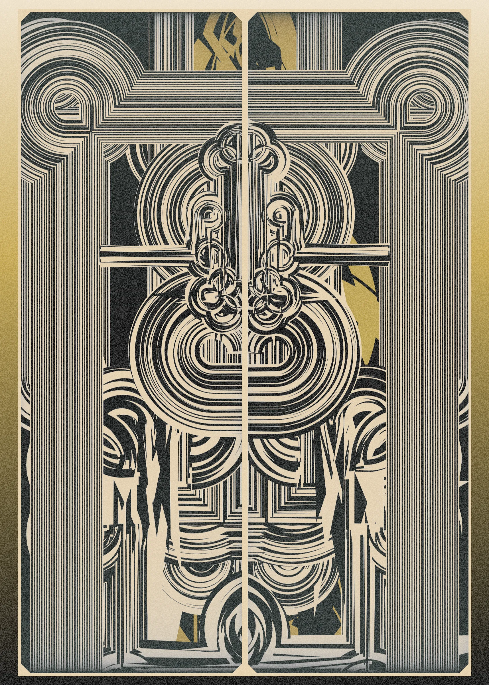 **Algorithmic Sketch**  
*Deco Echo* is an algorithmic sketch that explores quasi-symmetry. Unlike many of my previous long-form generative projects that combine multiple primitives to form a unified whole, *Deco Echo* uses a single generative building block, creating a surprisingly large diversity of distinct outputs. An algorithmic sketch is not inherently less valuable or artistically significant than more intricate works developed over many months. In fact, many beloved pieces from the generative art canon are based on very simple algorithms. Artistic value is not solely defined by complexity or work done but by clarity of instinct, thought, and inspiration. That said, hard work often paves the way for spontaneous moments of clarity.

**Quasi-Symmetry**  
*Deco Echo* marks my first exploration of what I call quasi-symmetry, where two mirrored outputs are generated simultaneously with slight variations. These quasi-symmetric structures are layered with more chaotic elements, which may differ entirely from their neighboring components. Symmetry, with its order and balance, typically brings a calming expression to compositions, but pure symmetry can lack tension. Quasi-symmetry is an attempt to gain the best of both worlds. This duality mirrors what we often see in nature—like the blend of symmetry and asymmetry in a face or tree.  

To complement the quasi-symmetry and chaotic elements, perfectly symmetric components are also incorporated, including the background, window surrounds, and gradient transforms, completing the triad of symmetric exploration.

**Compositional Components**  
The outputs are composed of three elements:  
1. **Perfectly Symmetric Elements:** Window cells, background, and gradient transforms.  
2. **Quasi-Symmetric Elements:** Black and white structures.  
3. **Chaotic Asymmetric Elements:** Base color and black details.
