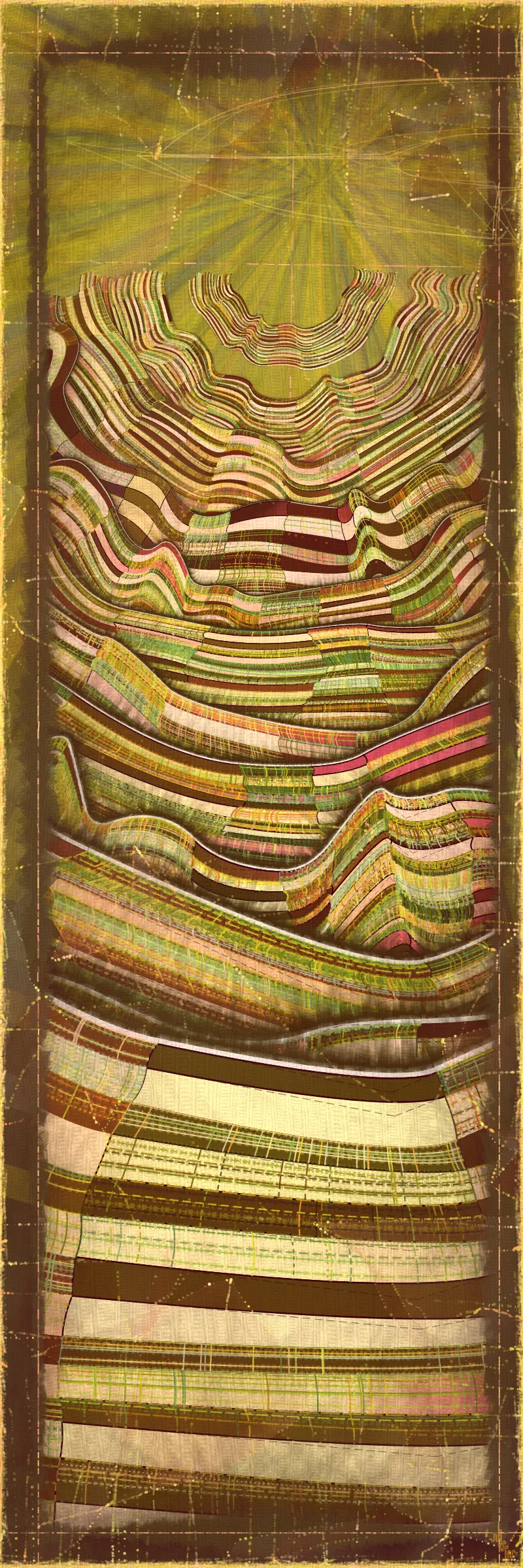 # Covehithe: An algorithmic study of ancestral landscape #

**Cove:** *a small sheltered bay; a concave arch*

**Hithe:** *a small port, harbor or haven especially on a river*
# . #

[

Covehithe is an expression of my deep connection to a remote stretch of coastline near my hometown in England. Rather than setting out to create literal landscape scenes I wanted to find a new authentically algorithmic interpretation of the landscape. This means using certain rudiments of landscape art as primitives in a process that is true to generative art making. Covehithe is my most evolved work to-date in terms of combining multiple texture algorithms in an attempt to create surfaces that look like they have been abraded and discolored by the churning of the sea. Another key goal of this work is to capture the sense of nostalgia, mystery and ambiance I associate with Covehithe. This expressly emotive concern I feel has not been explored so much within generative art.

Many of my ancestors stretching back at least five generations were seafarers from this small area of coastal Suffolk. Having spent countless hours walking along this coast, the dark tumultuous sea, the inclement weather, the primordial spectacle of rapidly eroding cliffs and shifting shingle banks, are deeply imprinted into my artistic vision. Spending time at Covehithe often fills me with a complex tapestry of emotions that somehow meld with the spirit of the land. I feel good art has the power to convey a paradox of thought and feeling. My hope with this series is to simultaneously make art that looks familiar and at the same time fresh and with a very specific blend of belonging and awe; melancholy and rejuvenation; comfort and exposure.

]

# . #
**Algorithmic distress vs skeuomorphism**

*The greatest art is the most convincing lie*— Pablo Picasso

[

Creating surfaces that look worn and discolored might be seen as skeuomorphic, however I feel there is an honesty to this type of treatment because objects in real life are also typically aged in an algorithmic way. Usually through a repetition of partially constrained movements and patterns of specific interactions. The intrinsic visual properties we find comforting and fascinating in antique surfaces can be created in generative art in a very direct and authentic way. When I remove these layers of textural distress the underlying work is often somewhat unapproachable and cold. I feel the compositional flow is also softened and unified by the addition of algorithmic distress. Transitions are easier to visually digest and the overall visual variety and interest of the surface is increased. Perhaps what’s more important is there is a sense in which the art has settled into the physical world and has had interactions with it. Of course this is a lie but every story we tell in art is a lie. When creating the distress marks I am careful to leave the simple circle and line primitive building blocks at a scale that makes it easy to see on close examination how the art is constructed. This reveals the truth about the lie and creates visual tension between the illusionistic and abstracted mark making. Painters have intentionally played with the tension between the ‘image’ and the reality of the marks and surface for centuries.

]

# . #
**An ancestral connection to land**

[

I’m fascinated by the idea of art capturing the ancestral memory of a place and transferring a deep sense of belonging and familiarity to an audience that may not have a direct experience of that land themselves. I personally feel this with some art and music that comes from Scandinavian countries. Somehow it feels like I know the atmosphere of that place and it resonates with my own nostalgia for my home in the UK, although I’ve never been to any Nordic countries.

The key concern for me with this project is capturing the melancholy and sober mood I associate with this place. It’s not that the sun never shines in Covehithe although it can seem like it sometimes. For me I’ve always been drawn to pathos and melancholy in art and music. Somehow I feel more able to access sadness through art in a way that feels whole and healing.

Whilst trying to articulate the ‘mood’ of this series I came up with the working title ‘hidden box landscapes’. The mental picture I have is of discovering an antique wooden box in an attic containing some precious personal effects from an ancestor. I wanted the outputs to have the feeling of old crinkled photos or drawings of landscapes that had been stored in such a secret box as a personal memento of a special place. Like an artifact of a deep emotional connection to the land and environmental characteristics.

]

# . #
**Forms and colors in Covehithe**

[

In the outputs I wanted to include a non-literal equivalent to footprints in the landscape. A trace of our passing through the landscape. I wanted this trace to look and feel light and delicate compared to the main mass of the landscape form. I settled on these sketched chains of arcs that look like they could be unfinished or temporary, but activate the negative space at the boundaries of the compositions. I didn’t want these marks to be on the landscape itself as the contrast of these two primitives would be lost. I loved how insignificant these marks look compared to the weight of the land. In abstracting them from the landscape I also wanted to give the impression these footsteps told a story about a journey or path in a vast space.

There is an intentional visual reference to quilting in these landscapes. The land itself is quilted. For me there is something very comforting and connected to a sense of home evoked by the image of a quilt. Strangely I feel I have inherited this just in the last 10 years since I’ve been living in the US. Quilting is a strong part of my wife’s family tradition and I wonder if I have absorbed an affinity for it through osmosis from my wife and her family. Quilting to my knowledge is not a significant tradition in native Suffolk. It strikes me that the cultural lexicon of motifs and visual references in art are key to making contact with our emotional core as humans. Art is never made or experienced in a vacuum, finding ways to weave persisting visual motifs, from our collective past, into my art making is one way I try to make my generative art more approachable and relatable. Doing this in a way that is not overtly literal — deriving forms and mark making that is familiar and yet not literal is a fascinating challenge for me.

Using generative color algorithms has become a default part of my generative practice. Although I use a very limited color space, I’m very happy with the color expression in this project. The primary forms are not partially transparent unlike in the background elements in both Velum and Fontana. Instead I build layers of color using the grid markings and spindrift spots that overlay the quilt patches. Combined with the algorithmic distress and patches of color modulation the totality of color is continuously shifting. Ultimately I feel color, texture and form are one and abstracting one from the others can give us a false idea of how the whole will work.

]

# . #
**Generative art as a medium to explore emotion**

*My work is about the great human emotions* — Mark Rothko

[

My personal goal as an artist is to find ways to explore the deep human emotions. On the face of it exploring emotion using code, math and geometry may seem counterintuitive at best if not plain impossible. In my mind it is the unobvious path that makes it have so much potential to produce something truly original. In another sense it doesn’t seem to me to be perverse at all. Having worked in this way for over a decade it actually feels just as direct as painting and drawing to me. Picture making regardless of the medium always requires problem solving, methodical application, a clear mind and full heart. The true superpower of the visual artist is to be able to look with a completely open heart and make a response to what is being revealed right in front of them. If the response is channeled through a paint brush or code function I see no fundamental difference. For me generative art is just a medium that can be worked with in the same direct way any medium can be explored. I ultimately feel a medium is just a means for the artist to explore and realize their own inner world.

There is a text in Tibetan Buddhism called ‘The genuine heart of sadness’. The sadness the text points to is born out of a deep unconditional compassion for all life, and is not a personal sadness of feeling sorry for oneself. I believe one of the great gifts of art and music is that it can help us access emotions that are much vaster than those born out of our own narrow self interest. Not that there’s anything wrong with this, the arts just can help us find a bigger space in our own emotional landscape. This is the ultimate hope with any art I make. With Covehithe, the emotion I wanted to characterize was a sorrow and longing that for me feels deeply rooted in the landscape of coastal Suffolk and maybe my ancestry. Perhaps hard for me to put into words which is why I make art.

]