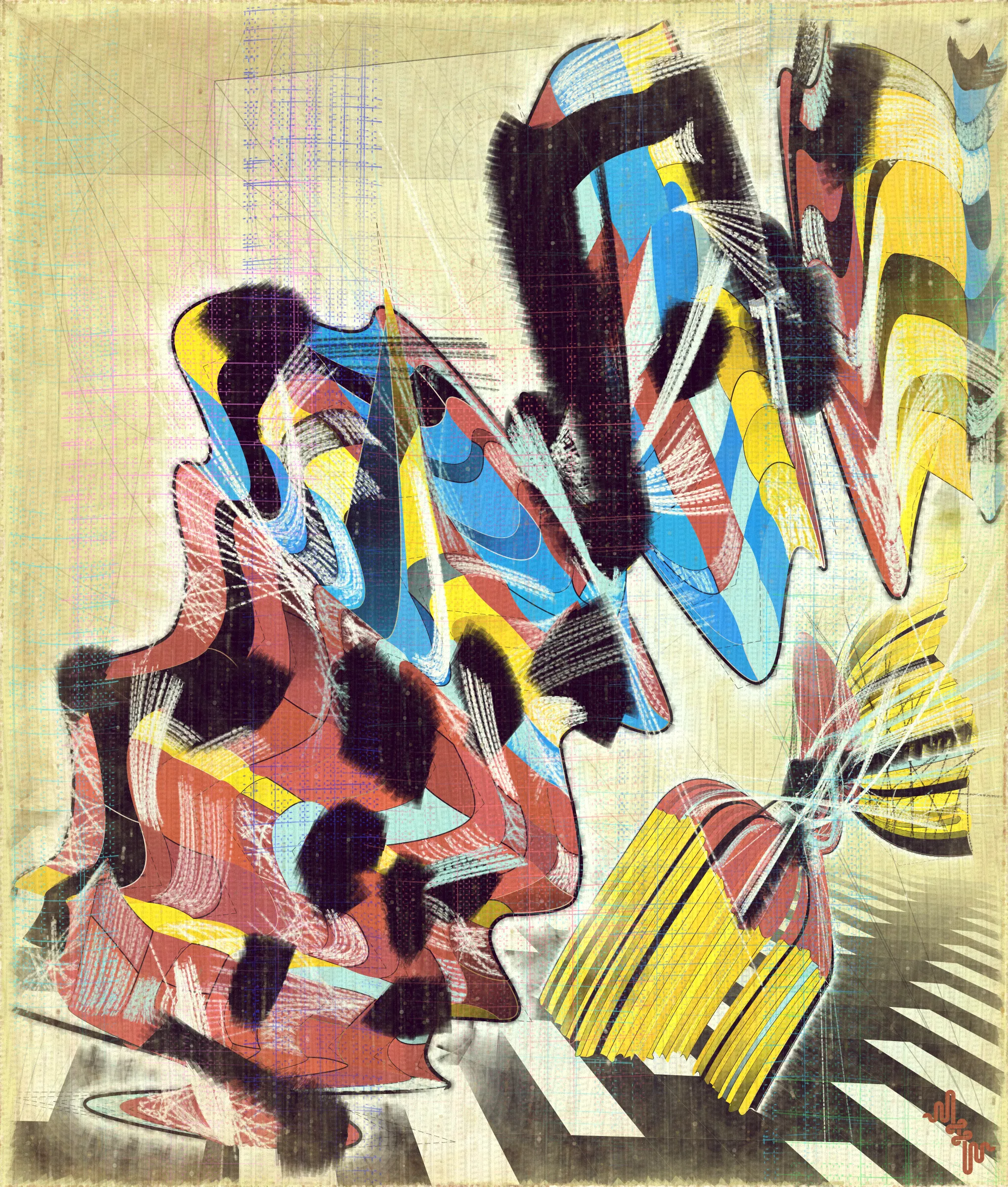 # Algorithmic Expressionism and the Landscape of Madness #
# . #
## Landscape Inversion ##
This project began with a whimsical idea: to invert the convention of landscape painting on canvas—one of the most ubiquitous motifs in art history. Instead of painting a scene or vista onto the canvas, I imagined an algorithmic domain shaped by the flowing material properties of the canvas itself. 
# . #
## Mark Making and the Digital Surface ##
Bold gestural markings within this algorithm also evolved into a way of defining scale and movement in the landscape. They serve as a bridge between the illusion of receding depth and the true flatness of the digital surface. For centuries, bold brushstrokes—evidence of the painterly act—have created intentional tension between illusionism and the physical reality of the canvas. The gestural marks in this series, although complex and layered, are still clearly derived from rudimentary vector-based primitives. Preserving the evidence of a digitally native process is my reinterpretation of this same artifact found in representational painting.
# . #
## Gesture and Abstraction ##
Algorithmic mark making reminiscent of human gesture is not really abstract. They are more representational of artifacts created by the human skeleton in the creative act. Through this association gesture seems to have a direct expressive path to our deep human emotions. When gestures become incoherent and turbulent, something in us feels this as a kind of violence. Although Amplitudes of Canvas started life as gently flowing landscape-esk forms, the use of gesture became stronger and the spectrum of movement and expressive power of the work ramped up considerably. The addition of the floor plane reminded me of Victorian hospital rooms. In some of these works emerged the traces of an asylum, a container for the more extreme gestural madness appearing at the out edges of the algorithm's expressive space.
# . #
## The Infinite Sketchbook of a Mad Person ##
Outputs are like sketches in the sense they are only glimpses into the totality of the algorithm. They are never fully crystalized. They are like the outflow of a mad person because the insane often get caught in loops, obsessing over the same patterns. Through their interaction with the world, the patterns get expressed in varied ways, each time new, but recognizable as belonging to the same behavior. The mad person compared to the average person thus has a limited range of functionality and adaptability. The algo can only explore a tiny space of possibilities compared to say the space of all art. It is still an infinite space, but not all infinities are equal.
# . #
## Expressionism and Madness ##
It seems likely that expressionism has been linked to madness in the past, both academically and by the casual observer. De Kooning’s Woman paintings have a ferocious presence and are wonderfully disturbing. Alcoholic, bad tempered Pollock expresses a destabilizing frenetic power. Rothko, who was the counter type in the movement painted sacred meditative works, but killed himself. Rothko was on record as saying he wanted to paint the deep human emotions. This has always been my hope. I feel I consistently fail, but make tiny steps towards that goal. It is not at all obvious how to progress when working in the domain of abstract art. I do feel however, that when literal representation in Art is set aside there is a more direct path to the human heart for those artists who achieve it.
# . #
## Text as Texture ##
The cursive writing in these works are entirely algorithmic. There is no meaning, other than the meta meaning of something that looks like Pseudo notation. In the course of building the project I tried numerous ways to introduce the texture of writing into the work without finding a way that satisfied me. Text adds a textural depth to the work that’s hard to create in any other way. The writing also looks like the scribing of a mad person which seemed to tie in nicely with the emerging feeling of madness in some of the outputs. I call these bands of cursive texture - Notes from the Asylum.
# . #
## Algorithmic Process vs Skeuomorphism ##
Creating surfaces that look worn and discolored might be seen as skeuomorphic, however I feel there is an honesty to this type of treatment because objects in real life are also typically aged in an algorithmic way. Usually through a repetition of partially constrained movements and patterns of specific interactions. The intrinsic visual properties we find comforting and fascinating in antique surfaces can be created in generative art in a very direct and authentic way. When I remove these layers of textural distress the underlying work is often somewhat unapproachable and cold. I feel the compositional flow is also softened and unified by the addition of algorithmic distress. Transitions are easier to visually digest and the overall visual variety and interest of the surface is increased. Perhaps what’s more important is there is a sense in which the art has settled into the physical world and has had interactions with it. Of course this is a lie but every story we tell in art is a lie. When creating the distress marks I am careful to leave the simple circle and line primitive building blocks at a scale that makes it easy to see on close examination how the art is constructed. This reveals the truth about the lie and creates visual tension between the illusionistic and abstracted mark making.
# . #
## Recursive Curation ##
Amplitudes of Canvas uses this new type of structure that enables me to evolve the algorithm over a long period of time without losing outstanding outputs from the previous versions. It's a little like the fx(hash) Open Form model, but only I am in control of what gets bred. All the breeding also happens prior to release within my studio. Every part of the algorithmic journey is contained in the single algorithm so I can put it fully on-chain and make it work within the very solid, but quite constrained Art Blocks infrastructure. Recursion refers to the fact I can use social WIP sharing to help steer new versions in the algorithm's evolution. If and when I share something that both captures my audience's attention and excites me I can capture the visual DNA of that output and use it as the basis to breed new children without losing previous outputs and version possibilities.
