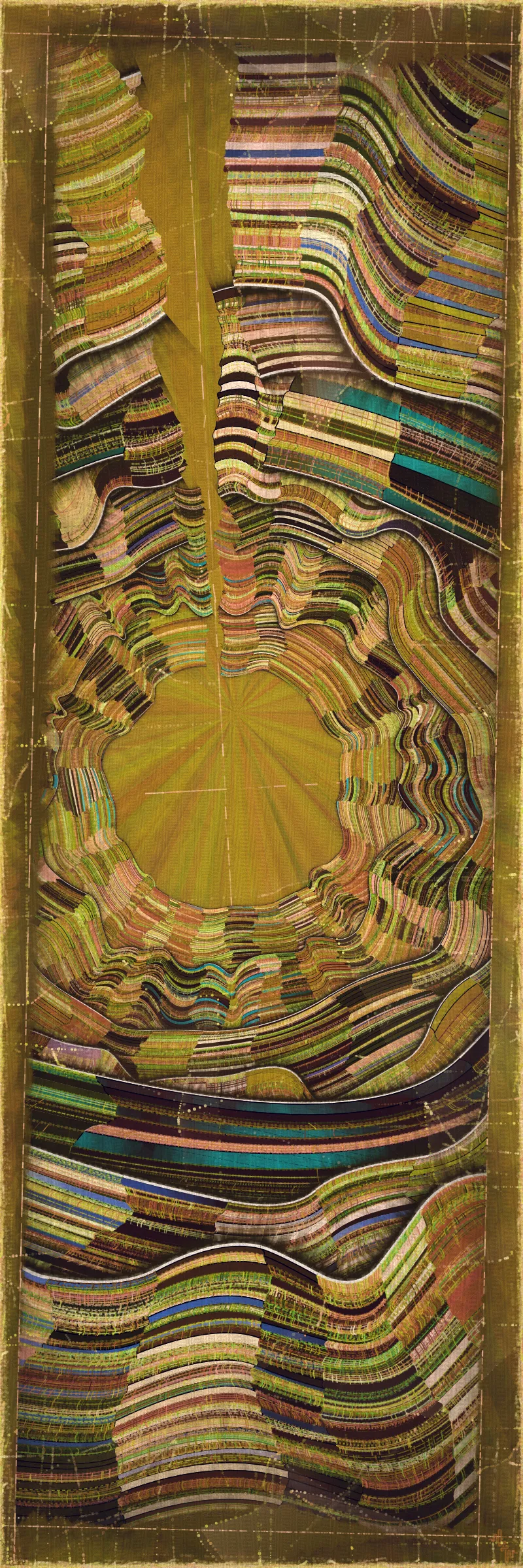 # Covehithe: An algorithmic study of ancestral landscape #

**Cove:** *a small sheltered bay; a concave arch*

**Hithe:** *a small port, harbor or haven especially on a river*
# . #

[

Covehithe is an expression of my deep connection to a remote stretch of coastline near my hometown in England. Rather than setting out to create literal landscape scenes I wanted to find a new authentically algorithmic interpretation of the landscape. This means using certain rudiments of landscape art as primitives in a process that is true to generative art making. Covehithe is my most evolved work to-date in terms of combining multiple texture algorithms in an attempt to create surfaces that look like they have been abraded and discolored by the churning of the sea. Another key goal of this work is to capture the sense of nostalgia, mystery and ambiance I associate with Covehithe. This expressly emotive concern I feel has not been explored so much within generative art.

Many of my ancestors stretching back at least five generations were seafarers from this small area of coastal Suffolk. Having spent countless hours walking along this coast, the dark tumultuous sea, the inclement weather, the primordial spectacle of rapidly eroding cliffs and shifting shingle banks, are deeply imprinted into my artistic vision. Spending time at Covehithe often fills me with a complex tapestry of emotions that somehow meld with the spirit of the land. I feel good art has the power to convey a paradox of thought and feeling. My hope with this series is to simultaneously make art that looks familiar and at the same time fresh and with a very specific blend of belonging and awe; melancholy and rejuvenation; comfort and exposure.

]

# . #
**Algorithmic distress vs skeuomorphism**

*The greatest art is the most convincing lie*— Pablo Picasso

[

Creating surfaces that look worn and discolored might be seen as skeuomorphic, however I feel there is an honesty to this type of treatment because objects in real life are also typically aged in an algorithmic way. Usually through a repetition of partially constrained movements and patterns of specific interactions. The intrinsic visual properties we find comforting and fascinating in antique surfaces can be created in generative art in a very direct and authentic way. When I remove these layers of textural distress the underlying work is often somewhat unapproachable and cold. I feel the compositional flow is also softened and unified by the addition of algorithmic distress. Transitions are easier to visually digest and the overall visual variety and interest of the surface is increased. Perhaps what’s more important is there is a sense in which the art has settled into the physical world and has had interactions with it. Of course this is a lie but every story we tell in art is a lie. When creating the distress marks I am careful to leave the simple circle and line primitive building blocks at a scale that makes it easy to see on close examination how the art is constructed. This reveals the truth about the lie and creates visual tension between the illusionistic and abstracted mark making. Painters have intentionally played with the tension between the ‘image’ and the reality of the marks and surface for centuries.

]

# . #
**An ancestral connection to land**

[

I’m fascinated by the idea of art capturing the ancestral memory of a place and transferring a deep sense of belonging and familiarity to an audience that may not have a direct experience of that land themselves. I personally feel this with some art and music that comes from Scandinavian countries. Somehow it feels like I know the atmosphere of that place and it resonates with my own nostalgia for my home in the UK, although I’ve never been to any Nordic countries.

The key concern for me with this project is capturing the melancholy and sober mood I associate with this place. It’s not that the sun never shines in Covehithe although it can seem like it sometimes. For me I’ve always been drawn to pathos and melancholy in art and music. Somehow I feel more able to access sadness through art in a way that feels whole and healing.

Whilst trying to articulate the ‘mood’ of this series I came up with the working title ‘hidden box landscapes’. The mental picture I have is of discovering an antique wooden box in an attic containing some precious personal effects from an ancestor. I wanted the outputs to have the feeling of old crinkled photos or drawings of landscapes that had been stored in such a secret box as a personal memento of a special place. Like an artifact of a deep emotional connection to the land and environmental characteristics.

]

# . #
**Forms and colors in Covehithe**

[

In the outputs I wanted to include a non-literal equivalent to footprints in the landscape. A trace of our passing through the landscape. I wanted this trace to look and feel light and delicate compared to the main mass of the landscape form. I settled on these sketched chains of arcs that look like they could be unfinished or temporary, but activate the negative space at the boundaries of the compositions. I didn’t want these marks to be on the landscape itself as the contrast of these two primitives would be lost. I loved how insignificant these marks look compared to the weight of the land. In abstracting them from the landscape I also wanted to give the impression these footsteps told a story about a journey or path in a vast space.

There is an intentional visual reference to quilting in these landscapes. The land itself is quilted. For me there is something very comforting and connected to a sense of home evoked by the image of a quilt. Strangely I feel I have inherited this just in the last 10 years since I’ve been living in the US. Quilting is a strong part of my wife’s family tradition and I wonder if I have absorbed an affinity for it through osmosis from my wife and her family. Quilting to my knowledge is not a significant tradition in native Suffolk. It strikes me that the cultural lexicon of motifs and visual references in art are key to making contact with our emotional core as humans. Art is never made or experienced in a vacuum, finding ways to weave persisting visual motifs, from our collective past, into my art making is one way I try to make my generative art more approachable and relatable. Doing this in a way that is not overtly literal — deriving forms and mark making that is familiar and yet not literal is a fascinating challenge for me.

Using generative color algorithms has become a default part of my generative practice. Although I use a very limited color space, I’m very happy with the color expression in this project. The primary forms are not partially transparent unlike in the background elements in both Velum and Fontana. Instead I build layers of color using the grid markings and spindrift spots that overlay the quilt patches. Combined with the algorithmic distress and patches of color modulation the totality of color is continuously shifting. Ultimately I feel color, texture and form are one and abstracting one from the others can give us a false idea of how the whole will work.

]

# . #
**Generative art as a medium to explore emotion**

*My work is about the great human emotions* — Mark Rothko

[

My personal goal as an artist is to find ways to explore the deep human emotions. On the face of it exploring emotion using code, math and geometry may seem counterintuitive at best if not plain impossible. In my mind it is the unobvious path that makes it have so much potential to produce something truly original. In another sense it doesn’t seem to me to be perverse at all. Having worked in this way for over a decade it actually feels just as direct as painting and drawing to me. Picture making regardless of the medium always requires problem solving, methodical application, a clear mind and full heart. The true superpower of the visual artist is to be able to look with a completely open heart and make a response to what is being revealed right in front of them. If the response is channeled through a paint brush or code function I see no fundamental difference. For me generative art is just a medium that can be worked with in the same direct way any medium can be explored. I ultimately feel a medium is just a means for the artist to explore and realize their own inner world.

There is a text in Tibetan Buddhism called ‘The genuine heart of sadness’. The sadness the text points to is born out of a deep unconditional compassion for all life, and is not a personal sadness of feeling sorry for oneself. I believe one of the great gifts of art and music is that it can help us access emotions that are much vaster than those born out of our own narrow self interest. Not that there’s anything wrong with this, the arts just can help us find a bigger space in our own emotional landscape. This is the ultimate hope with any art I make. With Covehithe, the emotion I wanted to characterize was a sorrow and longing that for me feels deeply rooted in the landscape of coastal Suffolk and maybe my ancestry. Perhaps hard for me to put into words which is why I make art.

]