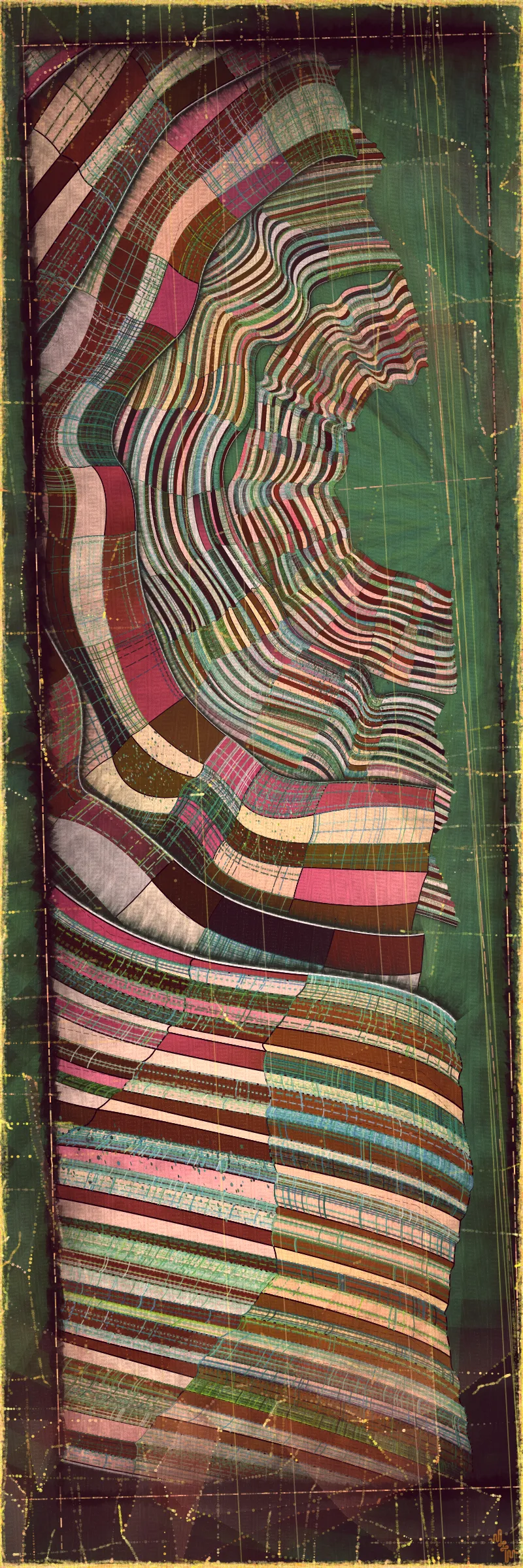 # Covehithe: An algorithmic study of ancestral landscape #

**Cove:** *a small sheltered bay; a concave arch*

**Hithe:** *a small port, harbor or haven especially on a river*
# . #

[

Covehithe is an expression of my deep connection to a remote stretch of coastline near my hometown in England. Rather than setting out to create literal landscape scenes I wanted to find a new authentically algorithmic interpretation of the landscape. This means using certain rudiments of landscape art as primitives in a process that is true to generative art making. Covehithe is my most evolved work to-date in terms of combining multiple texture algorithms in an attempt to create surfaces that look like they have been abraded and discolored by the churning of the sea. Another key goal of this work is to capture the sense of nostalgia, mystery and ambiance I associate with Covehithe. This expressly emotive concern I feel has not been explored so much within generative art.

Many of my ancestors stretching back at least five generations were seafarers from this small area of coastal Suffolk. Having spent countless hours walking along this coast, the dark tumultuous sea, the inclement weather, the primordial spectacle of rapidly eroding cliffs and shifting shingle banks, are deeply imprinted into my artistic vision. Spending time at Covehithe often fills me with a complex tapestry of emotions that somehow meld with the spirit of the land. I feel good art has the power to convey a paradox of thought and feeling. My hope with this series is to simultaneously make art that looks familiar and at the same time fresh and with a very specific blend of belonging and awe; melancholy and rejuvenation; comfort and exposure.

]

# . #
**Algorithmic distress vs skeuomorphism**

*The greatest art is the most convincing lie*— Pablo Picasso

[

Creating surfaces that look worn and discolored might be seen as skeuomorphic, however I feel there is an honesty to this type of treatment because objects in real life are also typically aged in an algorithmic way. Usually through a repetition of partially constrained movements and patterns of specific interactions. The intrinsic visual properties we find comforting and fascinating in antique surfaces can be created in generative art in a very direct and authentic way. When I remove these layers of textural distress the underlying work is often somewhat unapproachable and cold. I feel the compositional flow is also softened and unified by the addition of algorithmic distress. Transitions are easier to visually digest and the overall visual variety and interest of the surface is increased. Perhaps what’s more important is there is a sense in which the art has settled into the physical world and has had interactions with it. Of course this is a lie but every story we tell in art is a lie. When creating the distress marks I am careful to leave the simple circle and line primitive building blocks at a scale that makes it easy to see on close examination how the art is constructed. This reveals the truth about the lie and creates visual tension between the illusionistic and abstracted mark making. Painters have intentionally played with the tension between the ‘image’ and the reality of the marks and surface for centuries.

]

# . #
**An ancestral connection to land**

[

I’m fascinated by the idea of art capturing the ancestral memory of a place and transferring a deep sense of belonging and familiarity to an audience that may not have a direct experience of that land themselves. I personally feel this with some art and music that comes from Scandinavian countries. Somehow it feels like I know the atmosphere of that place and it resonates with my own nostalgia for my home in the UK, although I’ve never been to any Nordic countries.

The key concern for me with this project is capturing the melancholy and sober mood I associate with this place. It’s not that the sun never shines in Covehithe although it can seem like it sometimes. For me I’ve always been drawn to pathos and melancholy in art and music. Somehow I feel more able to access sadness through art in a way that feels whole and healing.

Whilst trying to articulate the ‘mood’ of this series I came up with the working title ‘hidden box landscapes’. The mental picture I have is of discovering an antique wooden box in an attic containing some precious personal effects from an ancestor. I wanted the outputs to have the feeling of old crinkled photos or drawings of landscapes that had been stored in such a secret box as a personal memento of a special place. Like an artifact of a deep emotional connection to the land and environmental characteristics.

]

# . #
**Forms and colors in Covehithe**

[

In the outputs I wanted to include a non-literal equivalent to footprints in the landscape. A trace of our passing through the landscape. I wanted this trace to look and feel light and delicate compared to the main mass of the landscape form. I settled on these sketched chains of arcs that look like they could be unfinished or temporary, but activate the negative space at the boundaries of the compositions. I didn’t want these marks to be on the landscape itself as the contrast of these two primitives would be lost. I loved how insignificant these marks look compared to the weight of the land. In abstracting them from the landscape I also wanted to give the impression these footsteps told a story about a journey or path in a vast space.

There is an intentional visual reference to quilting in these landscapes. The land itself is quilted. For me there is something very comforting and connected to a sense of home evoked by the image of a quilt. Strangely I feel I have inherited this just in the last 10 years since I’ve been living in the US. Quilting is a strong part of my wife’s family tradition and I wonder if I have absorbed an affinity for it through osmosis from my wife and her family. Quilting to my knowledge is not a significant tradition in native Suffolk. It strikes me that the cultural lexicon of motifs and visual references in art are key to making contact with our emotional core as humans. Art is never made or experienced in a vacuum, finding ways to weave persisting visual motifs, from our collective past, into my art making is one way I try to make my generative art more approachable and relatable. Doing this in a way that is not overtly literal — deriving forms and mark making that is familiar and yet not literal is a fascinating challenge for me.

Using generative color algorithms has become a default part of my generative practice. Although I use a very limited color space, I’m very happy with the color expression in this project. The primary forms are not partially transparent unlike in the background elements in both Velum and Fontana. Instead I build layers of color using the grid markings and spindrift spots that overlay the quilt patches. Combined with the algorithmic distress and patches of color modulation the totality of color is continuously shifting. Ultimately I feel color, texture and form are one and abstracting one from the others can give us a false idea of how the whole will work.

]

# . #
**Generative art as a medium to explore emotion**

*My work is about the great human emotions* — Mark Rothko

[

My personal goal as an artist is to find ways to explore the deep human emotions. On the face of it exploring emotion using code, math and geometry may seem counterintuitive at best if not plain impossible. In my mind it is the unobvious path that makes it have so much potential to produce something truly original. In another sense it doesn’t seem to me to be perverse at all. Having worked in this way for over a decade it actually feels just as direct as painting and drawing to me. Picture making regardless of the medium always requires problem solving, methodical application, a clear mind and full heart. The true superpower of the visual artist is to be able to look with a completely open heart and make a response to what is being revealed right in front of them. If the response is channeled through a paint brush or code function I see no fundamental difference. For me generative art is just a medium that can be worked with in the same direct way any medium can be explored. I ultimately feel a medium is just a means for the artist to explore and realize their own inner world.

There is a text in Tibetan Buddhism called ‘The genuine heart of sadness’. The sadness the text points to is born out of a deep unconditional compassion for all life, and is not a personal sadness of feeling sorry for oneself. I believe one of the great gifts of art and music is that it can help us access emotions that are much vaster than those born out of our own narrow self interest. Not that there’s anything wrong with this, the arts just can help us find a bigger space in our own emotional landscape. This is the ultimate hope with any art I make. With Covehithe, the emotion I wanted to characterize was a sorrow and longing that for me feels deeply rooted in the landscape of coastal Suffolk and maybe my ancestry. Perhaps hard for me to put into words which is why I make art.

]